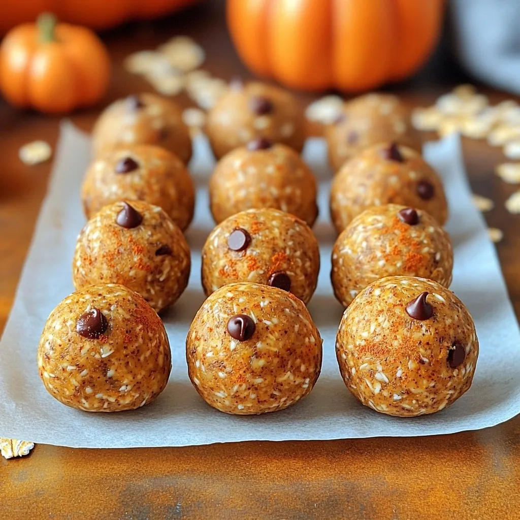 To make tasty pumpkin spice energy balls, you need these ingredients: - 1 cup rolled oats - 1/2 cup canned pumpkin puree - 1/4 cup almond butter (or peanut butter) - 1/4 cup honey or maple syrup - 1 teaspoon pumpkin pie spice - 1/2 teaspoon vanilla extract - 1/4 cup ground flaxseed - 1/3 cup mini chocolate chips (optional) - A pinch of sea salt If you don’t have certain items, here are some swaps: - Rolled oats: You can use quick oats. They will work well. - Almond butter: Peanut butter is a great alternative. It adds a nice flavor. - Honey or maple syrup: Agave syrup can replace either. It gives sweetness. - Pumpkin pie spice: Mix cinnamon, nutmeg, and ginger if needed. - Mini chocolate chips: You can skip these or use dried fruit for a healthier twist. Fresh ingredients make a big difference. - Flavor: Fresh items taste better. They enhance the overall dish. - Nutrition: They pack more nutrients, keeping these energy balls healthy. - Texture: Fresh ingredients ensure a nice, chewy bite. Using fresh pumpkin puree, for example, gives a richer taste than canned. Always choose the best quality you can find. This small step can elevate your energy balls to a new level! First, gather your ingredients. You will need rolled oats, canned pumpkin puree, almond butter, and honey or maple syrup. In a large mixing bowl, combine these four items. Mix them well until they form a sticky mixture. This base creates a great texture for your energy balls. Next, add your pumpkin pie spice, vanilla extract, ground flaxseed, and a pinch of sea salt. Stir these dry ingredients into the mixture until fully incorporated. The spice will give your energy balls that warm pumpkin flavor. If you want to include chocolate, fold in the mini chocolate chips now. They add a nice sweetness and a fun crunch. When mixing, use a sturdy spoon or spatula. If you prefer, you can use your hands. Just make sure your hands are clean. To avoid stickiness, dampen your hands slightly. This way, it’s easier to handle the mixture. Make sure to mix until you don’t see any dry spots. A well-mixed batter ensures even flavor in every bite. If the mixture feels too dry, add a bit more pumpkin or nut butter. If it’s too wet, add a little more oats or flaxseed. Now it’s time to roll the mixture into balls. Take about one tablespoon of the mixture for each ball. Roll it gently between your palms to form a ball about 1 inch in diameter. If the mixture is sticky, dampening your hands will help. Place each ball on a parchment-lined baking sheet. Once you have rolled all the mixture, it’s time to chill. Put the baking sheet in the fridge for about 30 minutes. This will help the energy balls firm up. After chilling, they are ready to enjoy! These energy balls are tasty and nutritious, perfect for a quick snack. You can change the flavor of these energy balls easily. Here are some ideas: - Add nuts: Chopped walnuts or pecans give a nice crunch. - Mix in seeds: Try pumpkin seeds or sunflower seeds for extra nutrition. - Change the sweetener: Use agave syrup instead of honey for a vegan option. - Spice it up: Add a dash of cinnamon or nutmeg for more warmth. - Swap the nut butter: Use cashew butter for a creamier texture. These tweaks can make your energy balls unique and fun! Storing these energy balls correctly keeps them fresh. Follow these tips: - Use an airtight container: This helps keep them moist and tasty. - Store in the fridge: They last up to a week this way. - Freeze for longer storage: Place them in a freezer bag for up to three months. Make sure to label your containers with the date! These energy balls are great for any occasion. Here are some serving ideas: - As a snack: Perfect for kids and adults between meals. - On a charcuterie board: Pair them with cheese and fruit for a fun spread. - Post-workout fuel: They give a quick energy boost after exercise. - With coffee or tea: Enjoy them alongside your favorite warm drink. Try serving them chilled or at room temperature for the best taste! {{image_2}} You can easily adjust this recipe for specific diets. If you want a nut-free option, use sunflower seed butter. For a vegan version, just swap honey for maple syrup. You can also use agave nectar if you prefer. If you need gluten-free, ensure your oats are certified gluten-free. This way, everyone can enjoy these tasty energy balls! Feel free to get creative with flavors! For a chocolate pumpkin spice treat, add cocoa powder. Start with 2 tablespoons and adjust to your taste. If you crave a nutty flavor, mix in chopped nuts like walnuts or pecans. You can also try different spices, like cinnamon or ginger. Each change adds a fun twist to the recipe! The size of your energy balls can change how you serve them. For bite-sized snacks, roll them smaller, about ¾ inch in diameter. If you want a more filling treat, make them larger, around 1½ inches. Adjusting the size also affects how many you get from the recipe. Enjoy experimenting with these variations! To keep your Pumpkin Spice Energy Balls fresh, store them in an airtight container. This helps to lock in their taste and texture. Place the container in your fridge for best results. If you want to keep them longer, you can freeze them, too. Just make sure to wrap each ball in plastic wrap before putting them in a freezer-safe bag. These energy balls will stay fresh in the fridge for up to one week. If you freeze them, they can last for about three months. When you're ready to eat them, simply take them out of the freezer. Let them thaw in the fridge for a few hours or leave them at room temp for 30 minutes. This makes them soft and tasty without having to cook anything. Check your energy balls before eating. If they smell off or look dry, it's time to toss them. If they develop a strange color, do not eat them. Keeping an eye on your snacks helps you enjoy them at their best. Store and check them often, and you'll always have a tasty treat ready to go! Yes, you can make these energy balls vegan. To do this, simply swap honey for maple syrup. This change keeps the sweet taste, and it works great. Also, use almond butter or peanut butter, as both are vegan-friendly. These energy balls stay fresh in the fridge for up to a week. Store them in an airtight container to keep them from drying out. If you want them to last longer, consider freezing them. They freeze well and can last for up to three months. You can use quick oats instead of rolled oats. Quick oats will work fine but may make the balls a bit softer. If you want a chewier texture, stick to rolled oats. Both options pack in the fiber and nutrients. This blog post covered pumpkin spice energy balls from ingredients to storage tips. We discussed key ingredients, how to mix them, and ways to customize flavors. You also learned proper storage methods to keep them fresh. With these tips, you can enjoy delicious snacks that fit your dietary needs. Remember, fresh ingredients make a big difference. So, get creative and have fun while making your energy balls! This snack can easily become a favorite for you and your family.