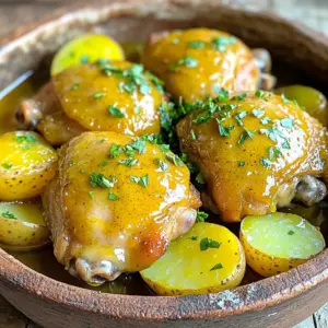 - 4 boneless, skinless chicken thighs - 2 tablespoons Dijon mustard - 2 tablespoons honey - 4 cups baby potatoes, halved The main stars of this dish are chicken thighs, Dijon mustard, and baby potatoes. The chicken thighs provide rich flavor and tenderness. Honey and Dijon mustard create a sweet and tangy sauce that makes every bite a delight. The baby potatoes soak up the sauce, adding creaminess to the meal. - 1 tablespoon olive oil - 1 teaspoon garlic powder - 1 teaspoon onion powder - 1 teaspoon dried thyme - 1 cup low-sodium chicken broth - Salt and pepper to taste - Fresh parsley, chopped (for garnish) Seasoning is key to enhancing your dish's flavor. Olive oil helps to blend the spices and adds a lush texture. Garlic and onion powder give depth to the sauce. Dried thyme adds an herbal note. Chicken broth keeps everything moist and adds richness. Fresh parsley is the final touch, adding color and freshness to your plate. Start by gathering your ingredients. In a mixing bowl, add the Dijon mustard, honey, olive oil, garlic powder, onion powder, dried thyme, salt, and pepper. Whisk these together until smooth. This mixture will be the star of your dish. Next, take your four chicken thighs and place them in the slow cooker. Pour half of the honey mustard mixture over the chicken. Make sure each piece is well coated. This step gives the chicken great flavor. Now it’s time to layer. Take the halved baby potatoes and place them on top of the chicken in the slow cooker. This way, the potatoes soak up all the tasty flavors as they cook. Once the potatoes are in, pour the rest of the honey mustard mixture over them. Then, add one cup of low-sodium chicken broth. This broth keeps everything moist and tasty. Cover the slow cooker with its lid. Now, you can choose the cooking time. If you cook on low, set it for 6-8 hours. For a quicker meal, set it on high for 3-4 hours. To check for doneness, make sure the chicken is tender and cooked through. The potatoes should also be fork-tender. This means they are ready to serve. Enjoy your meal! To get the best flavor in your Slow Cooker Honey Mustard Chicken and Potatoes, taste is key. I always suggest adjusting seasonings to your liking. If you love garlic, add more garlic powder. If you want it sweeter, increase the honey. This dish is all about what makes you smile. Marinating is another important step. Marinate the chicken in the honey mustard mixture for a few hours if you can. This time allows the flavors to soak in deeply. Even just 30 minutes makes a difference. You’ll notice a richer taste in every bite. Cooking duration is very important to get a great texture. For best results, cook on low for 6-8 hours. This slow cooking method keeps the chicken juicy and tender. If you’re short on time, high heat works too. Cook for 3-4 hours, but keep an eye on it. To avoid dry chicken, check the cooking times closely. When the chicken reaches an internal temperature of 165°F, it’s done. If you overcook it, the chicken can become tough. So, use a meat thermometer if you have one. This simple tool helps ensure your chicken stays moist and delicious. {{image_2}} You can change the chicken cut to fit your taste. If you like dark meat, use chicken legs or thighs. If you prefer white meat, go for chicken breasts. Just remember, thighs stay juicy in the slow cooker. You can also mix up the veggies. Try carrots, green beans, or bell peppers instead of baby potatoes. Each veggie adds its own flavor. Just cut them into even pieces. This way, they cook well with the chicken. Feel free to add more spices for extra flavor. Try smoked paprika for a warm taste. You can also add cayenne for some heat. If you love herbs, fresh rosemary or oregano works great too. Adjust the sweetness to suit your taste. If you like it sweeter, add more honey. For a tangier taste, increase the Dijon mustard. Experimenting helps you find the perfect mix for your family. Store your leftovers in an airtight container. This keeps the food fresh. Make sure to let it cool first. I recommend eating it within three to four days. This way, you enjoy the best taste. When you're ready, just reheat in the microwave or on the stove. To freeze, use freezer-safe bags or containers. Remove as much air as possible. This helps prevent freezer burn. You can freeze this dish for up to three months. When you want to eat it, thaw it overnight in the fridge. Reheat gently in the microwave or on the stove. This keeps the chicken juicy and the potatoes tender. Yes, you can use frozen chicken thighs. However, you need to make some changes. First, cook on high for about 5-6 hours. This gives the chicken enough time to thaw and cook fully. Check that the chicken reaches a safe internal temperature of 165°F. If you use frozen chicken, the sauce may be less thick. You can adjust the sauce after cooking by adding a bit of cornstarch mixed with water. There are many great options! Here are some side dish suggestions: - Steamed broccoli for a healthy crunch. - A fresh green salad with a light vinaigrette. - Roasted carrots to add sweetness. - Garlic bread to soak up the delicious sauce. These sides balance the meal and enhance the flavors of the chicken and potatoes. Yes, you can double the recipe! Just make sure your slow cooker is large enough. A 6-quart slow cooker works well for double the amount. Also, increase the cooking time slightly. For high heat, cook for about 4-5 hours. For low heat, aim for 8-10 hours. Always check that the chicken is done before serving. Use a meat thermometer to ensure it’s safe to eat. This recipe for Honey Mustard Chicken and Potatoes guides you through a simple meal. You learned about the key ingredients, like chicken thighs and honey, and how to layer everything in a slow cooker. With the right tips, like marinating and cooking times, you can ensure delicious results. Feel free to adjust flavors and try new variations. Enjoy your meal fresh or stored safely for later. Now, it’s time to start cooking and enjoy the tasty dishes you made!