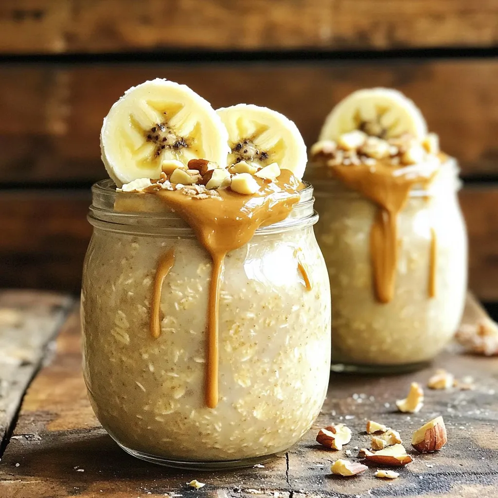 To make Peanut Butter Banana Overnight Oats, you need the following: - 1 cup rolled oats - 2 cups almond milk (or milk of choice) - 1 ripe banana, mashed - 2 tablespoons peanut butter (smooth or crunchy) - 1 tablespoon chia seeds - 1 tablespoon honey or maple syrup (optional) - 1/2 teaspoon vanilla extract - Pinch of salt - Sliced banana and chopped nuts for topping These ingredients blend together to create a creamy and hearty breakfast. You can personalize your overnight oats with these extras: - Cinnamon: Add a sprinkle for warmth and spice. - Protein powder: Mix in for a protein boost. - Coconut flakes: Top with these for a tropical touch. - Berries: Add fresh or frozen for extra sweetness and color. Feel free to experiment with flavors and textures. Peanut Butter Banana Overnight Oats are not just tasty; they are also full of nutrition. Here’s a quick look: - Calories: About 350 per serving - Protein: Roughly 12 grams - Carbs: Around 50 grams - Fats: About 14 grams - Fiber: Approximately 8 grams This meal provides energy and keeps you full. The oats offer fiber, while peanut butter adds healthy fats and protein. Start by gathering your rolled oats, almond milk, and a ripe banana. In a medium bowl, combine the oats and almond milk. Then, mash the banana and mix it in. Make sure the banana is spread out well. Next, add two tablespoons of peanut butter. You can use smooth or crunchy, based on your taste. Then, toss in one tablespoon of chia seeds for a healthy boost. If you like it sweet, add a tablespoon of honey or maple syrup. Don't forget a half teaspoon of vanilla extract and a pinch of salt. Stir all the ingredients until they blend well together. Once your mixture is ready, divide it into two jars or airtight containers. Seal the lids tightly. Place them in the fridge for at least four to eight hours. This lets the oats soak up the almond milk. They will become soft and creamy. If you are short on time, let them chill for a minimum of four hours. Overnight is best for the best texture. When you are ready to eat, take out your jars. Stir the oats well. If they look too thick, add a splash of almond milk. This will help you reach your preferred texture. For a tasty finish, top the oats with sliced banana and chopped nuts. This adds crunch and flavor. You can also drizzle a bit of peanut butter on top for extra richness. Serve the oats in the jars for a cute look. Enjoy your delicious and healthy breakfast! To get the best texture in your oats, start with the right amount of liquid. Use two cups of almond milk for one cup of rolled oats. This ratio gives you creamy oats. If your oats seem too thick in the morning, add a splash of almond milk before serving. Stir well to mix. Store your overnight oats in jars or airtight containers. This keeps them fresh and tasty. You can make them for two to three days ahead. Just remember to add toppings like banana and nuts right before eating. This keeps them crunchy and bright. Meal prep is key for busy mornings. Make a batch of these oats on Sunday. Divide them into jars for the week. This way, you have breakfast ready to go. Label each jar with the date to keep track. Enjoy the ease of grabbing a healthy meal on the way out the door! {{image_2}} You can enjoy peanut butter banana overnight oats without nuts. Use sunflower seed butter instead of peanut butter. It offers a similar creamy texture and flavor. This swap keeps your oats nut-free. You can also add pumpkin seeds for crunch and healthy fats. They add a nice touch and work well with banana. The great thing about overnight oats is their versatility. You can mix in other flavors too. Try adding cocoa powder for a chocolatey twist. Or, use almond butter for a new taste. You can also add spices like cinnamon or nutmeg. These spices work well with banana and give depth to your oats. Fresh fruit like berries or apples can add freshness. Don’t be afraid to experiment with your favorite flavors. For a vegan-friendly version, choose maple syrup instead of honey. Use almond milk or any plant milk you like. Make sure your peanut butter is vegan too. Most brands are vegan, but check the label just in case. You can also add a scoop of plant-based protein powder. This boosts the nutrition and keeps you full longer. Peanut butter banana overnight oats stay fresh for about three to five days. Store them in the fridge to keep them safe. After three days, they may lose some flavor and texture. Use airtight containers for the best storage. Glass jars work well and look nice too. Make sure to seal them tightly to prevent air from getting in. This keeps your oats fresh and tasty. You can freeze overnight oats, but the texture may change. If you want to freeze them, only do so before adding toppings. When you’re ready to eat, let them thaw overnight in the fridge. Refrigerating is the best way to keep your oats creamy and delicious. Yes, you can make Peanut Butter Banana Overnight Oats in advance. You can prepare them the night before or up to three days ahead. Just store them in jars with tight lids. This makes breakfast easy and quick for busy mornings. Oats are very healthy. They are high in fiber, which helps digestion. They can lower cholesterol and keep your heart strong. Oats also provide energy, making them great for breakfast. They can help you feel full for longer, which can aid in weight management. Yes, you can use other nut butters. Almond butter, cashew butter, or sunflower seed butter work well. Each nut butter adds its own flavor, so choose what you like best. Just keep the same amount as the recipe calls for. To make this recipe gluten-free, use gluten-free oats. Regular oats can have traces of gluten from processing. Always check the label to ensure they are certified gluten-free. This way, you can enjoy your oats without worry. In this blog post, I shared how to make Peanut Butter Banana Overnight Oats. You learned about the ingredients, step-by-step instructions, and tips for perfecting this dish. We also explored variations, storage info, and common questions. Overnight oats are easy to customize and fun to make. Use your favorite flavors to enjoy a healthy meal. Remember, preparation can make your mornings stress-free. Happy eating!