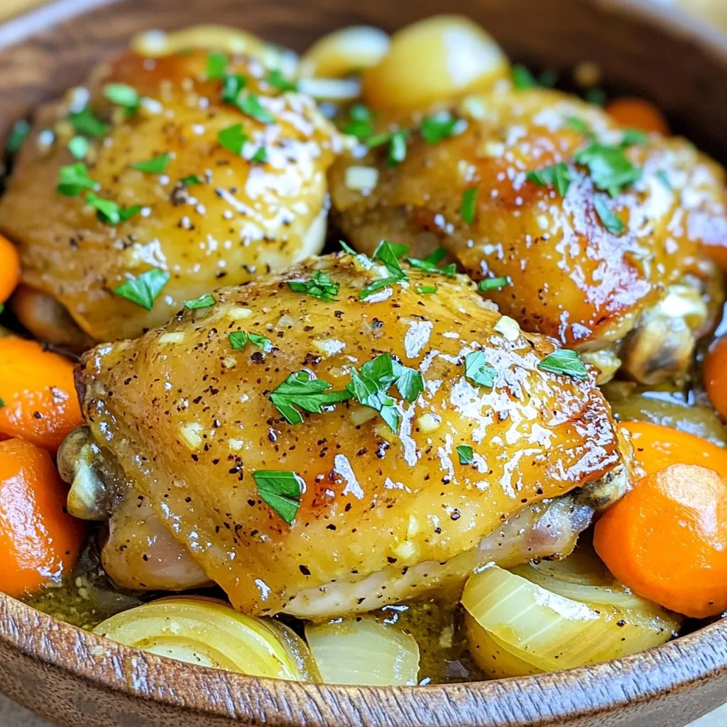 - 4 boneless, skinless chicken thighs - 4 large carrots, peeled and cut into 1-inch pieces - 1 large onion, sliced - 3 cloves garlic, minced - 1 teaspoon dried thyme - 1 teaspoon salt - 1/2 teaspoon black pepper The main ingredients come together to create a rich dish. I love using boneless chicken thighs because they stay juicy during cooking. Carrots add color and sweetness. The onions and garlic bring a nice depth of flavor. - 1/2 cup pure maple syrup - 1/4 cup Dijon mustard - 1 tablespoon apple cider vinegar The sauce is where the magic happens. Maple syrup gives a sweet touch. Dijon mustard adds a tangy kick. Apple cider vinegar balances the flavors, making it all work perfectly together. - 1/4 teaspoon cayenne pepper (optional, for a kick) - Fresh parsley, chopped (for garnish) If you want some heat, add cayenne pepper. It makes the dish more exciting. Fresh parsley is great for garnish. It adds a pop of green and freshness to the plate. First, let’s make the sauce. In a large bowl, whisk these ingredients together: - 1/2 cup pure maple syrup - 1/4 cup Dijon mustard - 1 tablespoon apple cider vinegar - 1 teaspoon dried thyme - 1 teaspoon salt - 1/2 teaspoon black pepper - 1/4 teaspoon cayenne pepper (optional) Whisk until the mixture is smooth. This sauce is sweet and tangy, perfect for chicken. Next, chop the vegetables. Peel and cut 4 large carrots into 1-inch pieces. Slice 1 large onion. You can layer these veggies in the slow cooker as the base. This step adds flavor to the dish. Now, layer your slow cooker. Start with the sliced onion and carrot pieces at the bottom. This helps them cook evenly. Place the 4 boneless, skinless chicken thighs on top of the veggies. Pour the maple Dijon sauce over the chicken. Ensure every piece is coated well. Cover the slow cooker. Set it to cook on low for 6 to 8 hours or on high for 3 to 4 hours. The chicken will become tender during this time. About 30 minutes before serving, gently stir the mixture. This helps the flavors mix and allows the veggies to soak up the sauce. When you are ready to serve, dish out the chicken and carrots. Drizzle any extra sauce from the slow cooker on top. For an extra pop of color, sprinkle fresh parsley over the dish. Enjoy your meal warm! When using a slow cooker, pick one that fits your needs. A 4 to 6-quart slow cooker works well for this recipe. It holds enough food for your family without crowding. Overcooking chicken can ruin the dish. For tender meat that stays juicy, set your slow cooker to low for 6-8 hours. If you’re short on time, you can cook it on high for 3-4 hours. Just watch it carefully as it cooks. Letting the dish sit longer can boost its flavor. After cooking, let the meal rest for 15 minutes before serving. This gives the juices time to blend with the chicken and carrots. Adjusting seasonings is simple. Taste the sauce before serving. If it needs a bit more zing, add more Dijon mustard or a pinch of salt. Mix it well before you serve it. Pair this dish with sides that complement its rich taste. Steamed rice or crusty bread works great to soak up the sauce. You could also serve it with a fresh salad for a crunchy contrast. For presentation, serve the chicken and carrots in a large bowl. Garnish with freshly chopped parsley for a pop of color. This makes your dish look as good as it tastes! {{image_2}} You can play with the vegetables in this dish. Try adding potatoes, bell peppers, or green beans. They will add color and taste. If you prefer bone-in chicken, go for it! Bone-in thighs will give you more flavor. Just cook them a bit longer to ensure they are tender. Want some heat? Add more cayenne pepper or a bit of crushed red pepper flakes. This will give your dish a nice kick. You can also switch the sauce flavors. Instead of maple syrup, try honey or agave. Each choice will change the taste but still keep it tasty. If you're looking for gluten-free options, check your Dijon mustard. Most are safe, but always read labels. For a low-carb version, skip the carrots or use cauliflower instead. This keeps your meal light while still being flavorful. After enjoying your slow cooker maple Dijon chicken and carrots, store leftovers promptly. Place the chicken and carrots in an airtight container. Refrigerate within two hours of cooking. The dish stays fresh for up to four days. To keep it tasty, avoid leaving it out at room temperature for too long. If you want to save some for later, freezing is a great option. First, let the dish cool completely. Then, transfer the chicken and carrots into a freezer-safe container or bag. Make sure to remove as much air as possible to prevent freezer burn. This dish can last up to three months in the freezer. When you're ready to eat, thaw it in the fridge overnight before reheating. To warm up your leftovers, the best method is stovetop reheating. Place the chicken and carrots in a pot over medium heat. Add a splash of water or chicken broth to keep it moist. Stir occasionally until it’s heated through. If you prefer using the microwave, place the dish in a microwave-safe bowl. Heat it in short bursts, stirring in between, until hot. Enjoy the flavors all over again! You should cook the chicken for 3 to 4 hours on high. If you prefer low heat, aim for 6 to 8 hours. Cooking on low gives the chicken a chance to soak up all the flavors. On high, the chicken still tastes great but cooks faster. Check for doneness with a meat thermometer. The chicken should reach 165°F. Yes, you can use frozen chicken thighs. However, you must adjust the cooking time. If you start with frozen thighs, cook on high for about 4 to 5 hours or on low for 8 to 9 hours. This extra time ensures the chicken cooks fully and remains tender. Always check the internal temperature for safety. If you don’t have Dijon mustard, you can use yellow mustard or whole grain mustard. Both will add flavor but change the taste slightly. For a sweeter option, try honey mustard. You can also mix equal parts mustard with honey for a tasty twist. These substitutes keep the dish delicious. This blog post covers how to make a tasty slow-cooked chicken dish. We reviewed the main ingredients, like chicken thighs, veggies, and a flavorful sauce. I shared important cooking steps, tips for best results, variations for different tastes, and storage advice. Cooking can be fun and easy with the right approach. Try these tips, and enjoy your delicious meal!