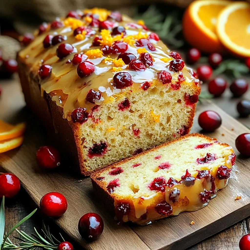 - 2 cups all-purpose flour - 1 cup fresh cranberries, chopped - 3/4 cup granulated sugar - 1/2 cup unsalted butter, softened - 1/2 cup orange juice (freshly squeezed) - 2 large eggs - 1 tablespoon orange zest - 1 teaspoon baking powder - 1/2 teaspoon baking soda - 1/4 teaspoon salt - 1/2 teaspoon vanilla extract The main ingredients of this bread create a lovely mix of flavors. The all-purpose flour gives a great base. Fresh cranberries add a tart bite. Granulated sugar balances the flavors with sweetness. Softened butter makes the bread rich and moist. Fresh orange juice and zest bring a bright, citrusy note. Eggs help bind everything together. Baking powder and baking soda ensure the bread rises well. Salt enhances all these flavors, while vanilla adds warmth. - 1 cup powdered sugar - 2 tablespoons orange juice - 1 tablespoon orange zest The glaze adds a sweet finish. Powdered sugar gives it a smooth texture. Orange juice and zest keep the flavor fresh and vibrant. This glaze will enhance the bread's taste and looks. - 9x5 inch loaf pan - Mixing bowls - Whisk - Rubber spatula - Measuring cups and spoons You will need a loaf pan to shape the bread. Mixing bowls help you combine ingredients easily. A whisk mixes wet ingredients well. A rubber spatula is great for folding in cranberries. Measuring cups and spoons ensure you use the right amounts. These tools make the process smooth and fun! - Preheat oven to 350°F (175°C). - Grease or line the loaf pan. Start by preheating your oven. This step ensures even baking. Greasing or lining your loaf pan helps the bread come out easily after baking. I like to use parchment paper for easy removal. - Cream together butter and sugar. - Add wet ingredients (eggs, juices, zest, vanilla). - Combine dry ingredients and mix with wet ingredients. Next, cream the softened butter and granulated sugar in a bowl. Mix until it’s light and fluffy. Then, add the eggs, orange juice, orange zest, and vanilla extract. This mix brings a bright flavor. In a separate bowl, whisk the flour, baking powder, baking soda, and salt. Gradually add this dry mix to the wet mix. Stir until it’s just combined. - Gently fold in cranberries. - Pour batter into the prepared pan. - Bake time and testing for doneness. Now, gently fold in the chopped cranberries. This adds a lovely tartness to the bread. Pour the batter into your prepared loaf pan. Spread it evenly to ensure it bakes well. Bake for 50-60 minutes. To test for doneness, insert a toothpick into the center. If it comes out clean, your bread is ready! To achieve the best texture, use room-temperature butter. This helps mix smoothly with sugar. Be sure to cream them well until fluffy. Fresh cranberries make a big difference in flavor. They add a nice tartness that balances the sweet glaze. For measuring flour, spoon it into the cup, then level it off. This ensures you do not use too much flour. Serve the bread warm for the best taste. A warm slice with a pat of butter melts beautifully. You can also top it with cream cheese for a rich feel. Both pair well with the sweet glaze. For a fun twist, try adding a sprinkle of cinnamon. To make your bread look great, slice it and arrange on a wooden board. Add extra cranberries and orange slices around it. This adds color and a fresh touch. Use the glaze to drizzle over the top for a shiny finish. You can even add a few mint leaves to brighten the look. {{image_2}} You can make this bread even more tasty. Adding nuts like walnuts or pecans gives a nice crunch. These nuts pair well with the soft bread and sweet glaze. You can also try using dried cranberries or other fruits. Dried cherries or apricots add a different flavor. Just chop them up and mix them in. This adds layers of taste to each slice. If you need a gluten-free option, swap the all-purpose flour for a gluten-free blend. Many brands work well in baking. For those watching their sugar, you can reduce the amount of granulated sugar. Try using natural sweeteners like honey or maple syrup. Just remember that these can change the bread's texture a bit. It may be slightly denser but still delicious. You can change the flavor based on the season. Adding spices like cinnamon or nutmeg makes the bread warm and cozy. These spices bring out the best in cranberries and oranges. For the holidays, think about giving this bread as a gift. Wrap it in festive paper or add a tag. It’s a thoughtful treat for friends and family. To store leftover bread, let it cool completely. Then, wrap it tightly in plastic wrap or foil. This keeps it fresh and moist. You can also place it in an airtight container for extra protection. Recommended storage containers include glass or plastic containers with lids. These help prevent air exposure. Always store the bread at room temperature. For freezing, slice the bread first. This makes it easy to grab a slice later. Wrap each slice in plastic wrap. Then, place the wrapped slices in a freezer bag. Be sure to remove as much air as possible. This prevents freezer burn. For thawing, leave the slices at room temperature for about an hour. You can also heat them in the toaster for a warm treat. This keeps the flavors fresh and delicious. The bread lasts about 3-4 days at room temperature. It stays fresh if stored properly. Signs of spoilage include mold or a dry, hard texture. If you see any mold, throw the bread away. Trust your senses—if it smells off, it’s better to be safe! You can use frozen cranberries for this recipe. They work well and keep the bread moist. If you want a sweeter flavor, try dried cranberries. However, they will change the texture and sweetness of the bread. Yes, you can use bottled orange juice. It will still taste good, but fresh juice has a brighter flavor. Fresh juice gives a more vibrant taste. It also enhances the overall flavor and aroma of your bread. The bread is done when a toothpick comes out clean from the center. It should have a golden-brown color. You can also gently press the top; it should spring back. If it leaves an imprint, it needs more time. Absolutely! If you use a muffin pan, reduce the baking time to about 20-25 minutes. Check for doneness with a toothpick. The muffins should be golden and firm to the touch. This blog shared a simple and tasty bread recipe. We covered main ingredients, a sweet glaze, and useful equipment. I explained the mixing steps, baking process, and ways to perfect your bread. You also learned about fun variations, storage tips, and answers to common questions. Baking this bread will fill your home with warmth and joy. Enjoy every slice, and share it with friends and family!