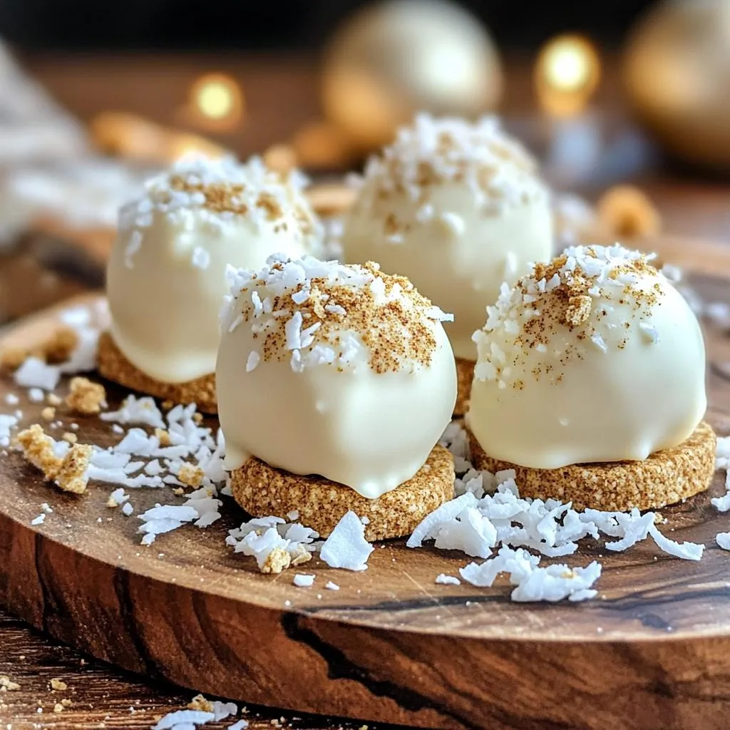 To make No-Bake Eggnog White Chocolate Truffles, gather these ingredients: - 8 oz white chocolate, finely chopped - 1/2 cup heavy cream - 1/4 cup eggnog (non-alcoholic) - 1/2 teaspoon ground nutmeg - 1/4 teaspoon cinnamon - 1/2 teaspoon vanilla extract - 1 cup crushed graham crackers - Extra crushed graham crackers or desiccated coconut for rolling You can swap some ingredients for fun flavors. Use dark chocolate instead of white chocolate. This change adds depth. If you want a lighter option, try coconut cream in place of heavy cream. You can also use almond milk eggnog for a dairy-free choice. For spices, feel free to add a pinch of ginger or allspice. When picking white chocolate, look for bars with at least 30% cocoa butter. This ensures a smooth texture. Choose heavy cream that is fresh and has a high fat content for the best taste. Always use real spices like whole nutmeg for a stronger flavor. For eggnog, select a brand you enjoy drinking. It helps the truffles taste great! Always check for the freshest graham crackers, too, as they add a nice crunch. Start by chopping the white chocolate into small pieces. Place the chocolate in a heatproof bowl. Add the heavy cream to the bowl. Set the bowl over a pot of simmering water. This method is called a double boiler. Stir the mix slowly until the chocolate melts. It should look smooth and glossy. Once melted, remove the bowl from heat. Now, it's time to add flavor. Pour in the eggnog, then add nutmeg, cinnamon, and vanilla extract. Use a spatula to mix everything together. Make sure the spices blend well into the chocolate. The mixture should be smooth and creamy. This is where the holiday magic starts! Let the chocolate mix cool down to room temperature. Cover the bowl with plastic wrap. Put it in the fridge for about two hours. You want it to be firm enough to scoop. Once chilled, use a small scoop or your hands. Shape the mixture into small balls, about one inch wide. - Coating Options for Truffles You can coat the truffles in many ways. Roll them in crushed graham crackers for a crunchy texture. For a tropical twist, use desiccated coconut. Make sure each truffle is fully coated. Place them on a parchment-lined baking sheet. After that, pop them back in the fridge for another 30 minutes to set. Enjoy your delightful no-bake truffles! To keep your truffle mix smooth, use a double boiler. Place a heatproof bowl over simmering water. This gentle heat melts the chocolate evenly. Stir continuously as you add the cream and eggnog. If you see lumps, keep stirring. It’s key to mix until the texture is silky. Once you mix in the eggnog and spices, let the mixture cool. Cover it with plastic wrap to avoid skin forming on top. Chill for about two hours. This makes it firm enough to scoop. After shaping the truffles, chill them again for 30 more minutes. This helps them set perfectly. To boost flavor, consider adding a pinch of salt. A small amount can really make the sweet notes shine. You can also try adding a splash of rum extract for a festive twist. For a different texture, roll some in crushed nuts instead of graham crackers. Each option can make your truffles unique! {{image_2}} You can make these truffles even more festive by adding alcohol. A splash of rum or bourbon adds warmth and a nice kick. Use about 1-2 tablespoons of your choice. Mix it in with the eggnog and spices. This gives the truffles a richer flavor. It also makes them perfect for adult gatherings. You can switch up the flavors to keep things fun. Try adding orange zest for a citrus twist. You can also mix in peppermint extract for a refreshing taste. If you love chocolate, use dark chocolate instead of white. Each variation brings a new vibe to the truffles. Experimenting with flavors is part of the fun! While crushed graham crackers are classic, you have options. Rolling the truffles in crushed nuts adds crunch and flavor. Chopped pecans or almonds work great. You can also use cocoa powder for a rich touch. Another fun idea is to roll them in sprinkles for a festive look. These simple changes can make your truffles unique! To keep your No-Bake Eggnog White Chocolate Truffles fresh, store them in an airtight container. Line the container with parchment paper for extra protection. Place a layer of truffles, then add another piece of parchment before stacking more. This helps them stay nice and safe from sticking together. You can freeze these truffles if you want to save some for later. First, let them set in the fridge for about 30 minutes. Then, place them in a single layer on a baking sheet. Freeze them until solid, about 1 hour. Once frozen, transfer the truffles to a freezer bag. Make sure to label the bag with the date. When stored in the fridge, these truffles last about 1 week. If frozen, they can last up to 3 months. To enjoy the best flavor, eat them within the first month. Thaw frozen truffles in the fridge overnight. Enjoy their creamy texture and festive flavor! Yes, you can make these truffles ahead of time. They store well in the fridge. I suggest making them a day or two before you need them. This gives the flavors time to blend. Just keep them in an airtight container. If you need a substitute for heavy cream, use full-fat coconut milk. It gives a rich taste and creamy texture. You can also use cashew cream for a dairy-free option. Both choices work well in this recipe. To make these truffles vegan, swap the white chocolate for dairy-free white chocolate. Use coconut milk instead of heavy cream. Also, ensure your eggnog is plant-based. These changes keep the truffles tasty and suitable for a vegan diet. This blog covered how to make delicious truffles. We explored key ingredients, offered smart substitutions, and shared tips on quality choices. I provided a clear, step-by-step guide to melting chocolate, mixing flavors, and shaping truffles. You learned how to enhance flavor and avoid lumps. We also discussed variations, storage, and common questions. Now you can impress your friends with tasty, homemade treats. Engage your creativity and enjoy the process. Happy truffle-making!