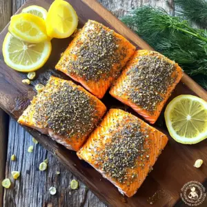 To make Air Fryer Everything Bagel Salmon, you need a few simple items. Here is the list of ingredients: - 2 salmon fillets (about 6 oz each) - 2 tablespoons everything bagel seasoning - 1 tablespoon olive oil - Salt and pepper to taste - 1 lemon, sliced (for serving) - Fresh dill, for garnish (optional) These ingredients will help you create a tasty, quick dish that shines. The salmon provides healthy protein, while everything bagel seasoning gives it a fun twist. Olive oil adds moisture and flavor. The lemon slices brighten the dish, and fresh dill adds a nice touch if you want. This recipe is simple and perfect for a busy weeknight dinner. Start by preheating your air fryer to 400°F (200°C). This step takes about 5 minutes. A hot air fryer helps cook the salmon evenly. Next, take your salmon fillets. Use a paper towel to pat them dry. Place the fillets skin-side down on a clean cutting board. Drying the salmon helps the seasoning stick better. Drizzle 1 tablespoon of olive oil over the salmon. Rub it gently to coat both fillets. Now, add salt and pepper to taste. Then, sprinkle 2 tablespoons of everything bagel seasoning on top. Press it down lightly so it sticks well. Place the seasoned salmon fillets in the air fryer basket. Make sure they don’t touch. This way, they cook evenly. Air fry the salmon for about 8 to 10 minutes. The cooking time may change based on the thickness of your fillets. The salmon is done when it flakes easily with a fork. Once cooked, remove the salmon from the air fryer. Let it rest for a couple of minutes. Serve with lemon slices on the side. You can also garnish with fresh dill if you like. Enjoy your tasty meal! To get the best salmon in your air fryer, choose fresh fillets. Look for bright, moist flesh. Pat the fillets dry before cooking. This helps the seasoning stick better. Preheat your air fryer to 400°F (200°C). This step is key for a great sear. Use a light coat of oil to keep the fish moist. To cook salmon evenly, space the fillets apart in the basket. Don’t stack them or let them touch. This allows hot air to flow freely. If your fillets are thick, you can cook them a bit longer. A quick check with a fork should show flaky meat inside. If your salmon turns out dry, don’t worry! You can fix it. Squeeze some lemon juice on top for moisture. A dollop of butter can help too. Serve it with a sauce, like a dill sauce, to add flavor. Cooking salmon for 8-10 minutes usually works well, but every air fryer is different. {{image_2}} You can boost flavor by adding more spices. Try garlic powder or smoked paprika. These spices add a warm, rich taste. Mix these with the everything bagel seasoning for a fun twist. You can also sprinkle some crushed red pepper for heat. Salmon is great, but other fish work well too. Consider using trout or cod. These fish have different textures and tastes. They can absorb the seasoning nicely. Just adjust cooking times based on thickness. Check for doneness with a fork. Serving ideas can make this dish shine. Pair the salmon with a fresh salad. A simple cucumber or arugula salad complements it well. You can also serve it with rice or quinoa. These sides add texture and fill you up. For a touch of elegance, add lemon slices and fresh dill on top. To store leftover salmon, let it cool first. Place it in an airtight container. This keeps it fresh. You can store it in the fridge for up to three days. Make sure to keep it away from strong-smelling foods to avoid flavor changes. When you reheat salmon, you want it warm, not dry. The best way to reheat is in the air fryer. Set it to 350°F (175°C). Heat for about 5 minutes. You could also use a skillet on low heat. This helps keep the fish moist. Avoid the microwave, as it can make the salmon rubbery. If you want to freeze the salmon, wrap it tightly in plastic wrap. Then, place it inside a freezer bag. Make sure to remove as much air as possible. You can freeze it for up to three months. To thaw, move it to the fridge overnight before cooking. This keeps it safe and tasty. Everything bagel seasoning is a mix of spices. It usually has sesame seeds, poppy seeds, garlic, onion, and salt. This blend gives your salmon a savory, crunchy topping. It adds flavor and texture that makes the dish special. You can find it in stores or make your own at home. You can tell the salmon is done when it flakes easily with a fork. The color should change from bright pink to a lighter shade. Another way is to use a meat thermometer. The internal temperature should reach 145°F (63°C). If you cut into it, the flesh should be opaque. Yes, the air fryer works great for many types of seafood. You can try shrimp, scallops, or even white fish. Each type may need a different cooking time. Just make sure to season it well. The air fryer gives a nice crisp texture to all seafood. This recipe is perfect for meal prep. The salmon can be cooked ahead of time and stored. Just keep it in an airtight container in the fridge. It will stay fresh for up to three days. You can reheat it quickly or enjoy it cold in salads. Many sides go well with this salmon dish. Here are some ideas: - Steamed broccoli - Roasted asparagus - Quinoa or rice - Mixed green salad - Mashed potatoes These sides will balance the flavors and make a complete meal. This blog covered how to make tasty Air Fryer Everything Bagel Salmon. You learned about the simple ingredients, easy steps, and helpful tips for success. I shared ways to store leftovers and answered common questions. With these methods, you can enjoy a delicious meal quickly. Experiment with flavors and make it your own! Cooking can be fun and easy, so grab your air fryer and start tonight!