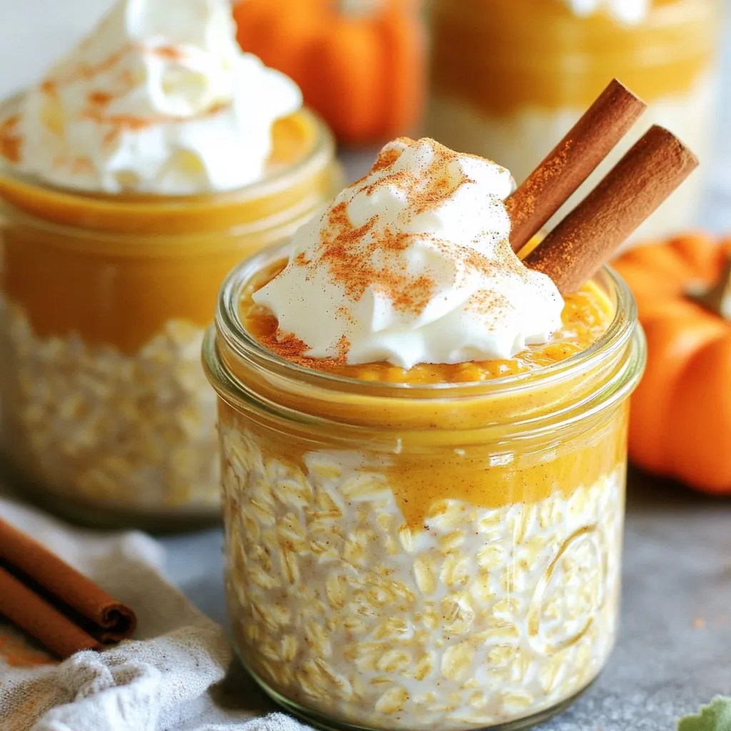 To make these delicious oats, you need a few key items: - 1 cup rolled oats - 1 cup almond milk (or any milk of choice) - 1/2 cup canned pumpkin puree - 1 tablespoon maple syrup (or honey) - 1 teaspoon pumpkin pie spice - 1/2 teaspoon vanilla extract - A pinch of salt These ingredients create a creamy, flavorful base. The rolled oats soak up the milk and flavors. Pumpkin puree adds rich texture and taste. Maple syrup brings sweetness, while pumpkin pie spice gives that cozy fall flavor. You can add a few optional items to make your oats even better: - 2 tablespoons chia seeds (for extra thickness) - Whipped cream (for garnish) - Cinnamon stick (for garnish) Chia seeds boost nutrition and add a nice texture. Whipped cream makes it feel special. A cinnamon stick adds a pretty touch and more flavor. You can easily swap ingredients to fit your needs: - Use coconut milk for a richer taste. - Swap maple syrup for agave syrup if needed. - Use oat milk or soy milk for a dairy-free option. These swaps keep the dish flavorful and fun. You can enjoy it no matter your diet. Start by taking a large mixing bowl. In the bowl, combine these ingredients: - 1 cup rolled oats - 1 cup almond milk (or your milk of choice) - 1/2 cup canned pumpkin puree - 1 tablespoon maple syrup (or honey) - 1 teaspoon pumpkin pie spice - 1/2 teaspoon vanilla extract - A pinch of salt If you want extra thickness, add 2 tablespoons of chia seeds. Mix well until all ingredients blend together. The pumpkin puree gives a nice creamy texture. The spices will fill your kitchen with a warm, cozy smell. Once your mixture is ready, it’s time to portion it out. Divide the oat mix evenly into two airtight jars or containers. Make sure they have lids. Seal the jars tightly. Place them in the refrigerator. Let the oats chill for at least 4 hours, but overnight is best. This allows the oats to soak up the flavors and become soft. In the morning, take your jars out of the fridge. Stir the oats to mix any settled ingredients. You can eat them cold or warm them up slightly. For a fun touch, top the oats with whipped cream. A sprinkle of cinnamon or an extra dash of pumpkin pie spice adds flavor. You can even add a cinnamon stick for decoration. Enjoy your cozy, delicious oats! To get creamy oats, use rolled oats instead of quick oats. Rolled oats soak up liquid well. Make sure to use enough almond milk. One cup is ideal. Adding chia seeds helps too. They absorb liquid and make the oats thicker. Stir the mixture well to ensure all oats are moist. Let them sit overnight in the fridge. This gives them time to soak up flavors. To boost the pumpkin spice flavor, add more pumpkin pie spice. One teaspoon is a great start. If you love a stronger taste, try 1.5 teaspoons. You can also add a little nutmeg or ginger. These spices make the oats taste warm and cozy. A splash of vanilla extract adds sweetness too. You can even mix in extra pumpkin puree for a richer flavor. Making these oats ahead is simple. Prepare them the night before. This saves time in the morning. Use airtight jars to keep them fresh. You can make a batch for the week. Just double the recipe to make four servings. Store them in the fridge for up to five days. In the morning, grab a jar, stir, and enjoy! {{image_2}} To make your Pumpkin Spice Latte Overnight Oats dairy-free, simply use almond milk or any plant-based milk. You can also swap honey for maple syrup to keep it vegan. This way, everyone can enjoy the creamy goodness without dairy. Try adding different spices to change the flavor. You can mix in nutmeg or allspice for a warm twist. For a chocolatey flavor, stir in cocoa powder. If you want a fruit kick, add bananas or apples. Each choice brings a new taste adventure. Toppings can make your oats even better! Add whipped cream for a creamy finish. A sprinkle of cinnamon or extra pumpkin pie spice gives a festive touch. You can also use nuts, granola, or dried fruit for crunch. A cinnamon stick not only looks nice but also adds flavor. To keep your pumpkin spice latte overnight oats fresh, use airtight jars. After mixing, divide the oats into two jars. Seal them tightly to keep air out. This method helps retain flavor and texture. It makes it easy to grab and go in the morning. Your overnight oats will stay good in the fridge for up to five days. This means you can prepare them ahead of time. Enjoying them all week is simple and saves you time. Just remember to check for any changes in smell or texture before eating. If you want to store your oats for longer, freezing is a great option. Use freezer-safe containers or jars. Just make sure to leave some space at the top. The oats expand as they freeze. They can last up to three months in the freezer. When you’re ready to eat, thaw them in the fridge overnight. Yes, you can use quick oats. Quick oats cook faster and absorb liquid quickly. Your overnight oats will be softer. If you like a chewier texture, stick with rolled oats. To make your oats dairy-free, use almond milk or any plant-based milk. Options include oat milk, soy milk, or coconut milk. These choices keep the flavor rich and creamy while being dairy-free. Chia seeds add extra thickness and fiber. They are high in omega-3 fatty acids. These seeds can help keep you full and boost heart health. Adding chia seeds makes your oats even more nutritious. Absolutely! Just double each ingredient and follow the same steps. This way, you can have four servings ready. Meal prepping saves time on busy mornings. You can keep leftover oats for up to five days. Store them in airtight containers. Always check for freshness before eating, especially if you add toppings. You learned how to make pumpkin spice latte overnight oats. We covered key ingredients, along with fun ways to customize them. With step-by-step instructions, you can whip these up easily. Tips helped ensure your oats are creamy and full of flavor. Various options let you enjoy them dairy-free or with different toppings. Think of these oats as an easy breakfast to fuel your day. Enjoy experimenting and making them your own!