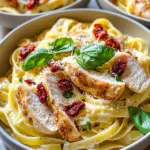 - 2 boneless, skinless chicken breasts - 8 oz fettuccine pasta - 1 cup sun-dried tomatoes, chopped - 2 cups heavy cream - 1/2 cup chicken broth - 1/2 cup grated Parmesan cheese - 3 cloves garlic, minced - 1 tablespoon olive oil - 1 teaspoon dried basil - 1 teaspoon dried oregano - Salt and pepper to taste - Fresh basil for garnish The main ingredients in this dish create a great base for flavor. The chicken breasts add protein and richness. Fettuccine pasta brings a great texture. Sun-dried tomatoes give a sweet and tangy taste. For the sauce, heavy cream makes it smooth and rich. Chicken broth adds depth. Parmesan cheese gives a salty, nutty flavor that melts into the sauce. Seasonings round out the dish. Garlic adds a strong aroma. Olive oil is perfect for cooking and flavor. Dried basil and oregano bring herbs that elevate every bite. Finally, salt and pepper balance the flavors. Fresh basil is great for a colorful garnish. This mix of ingredients makes each plate a delightful meal. You can use these ingredients to create a dish that is both comforting and classy. To cook fettuccine, start with a large pot of salted water. Bring the water to a boil. Add the fettuccine and cook for about 8-10 minutes. - Stir the pasta occasionally to prevent sticking. - Test it a minute or two before the time is up. You want it al dente, not mushy. After cooking, drain the pasta but save a cup of the starchy water. This water helps thicken your sauce later. Season the chicken breasts with salt and pepper. Heat olive oil in a large skillet over medium heat. Place the chicken in the skillet. - Cook for about 6-8 minutes on each side. You want a nice golden brown color. - Check that the chicken is cooked through by cutting it open. It should be white inside, not pink. Once done, remove the chicken from the skillet. Let it rest for a few minutes. This step keeps it juicy and tender. In the same skillet, add minced garlic. Cook for 30 seconds until it smells great. Then, add the chopped sun-dried tomatoes and cook for 1-2 minutes. Next, pour in the chicken broth. Let it simmer for 2-3 minutes to reduce. Now, add the heavy cream, dried basil, and oregano. Stir everything together until well mixed. Gradually add the grated Parmesan cheese. Stir until it melts and the sauce becomes creamy. If the sauce is too thick, add a splash of the reserved pasta water to thin it out. Now, toss the cooked fettuccine in the sauce. Make sure every strand is well-coated. Add the sliced chicken on top and gently mix to combine. Taste your dish. Adjust the seasoning with salt and pepper as needed. This step lets you personalize the flavor to your liking. To get your sauce just right, you can adjust the creaminess easily. If it seems too thick, add a splash of reserved pasta water. This water holds starch that helps thicken the sauce while keeping it smooth. Start with a small amount and stir. Add more if needed. To enhance flavor, always save some pasta water before draining. The water adds a nice touch to the sauce. It helps the sauce cling to the pasta better. When slicing chicken breasts, aim for even pieces. This helps them cook nicely and makes for a better look on your plate. First, let the chicken rest after cooking. Then, use a sharp knife and cut against the grain. This keeps the chicken tender and juicy. Garnishes can elevate your dish’s look and taste. Fresh basil leaves add color and a nice aroma. A sprinkle of extra Parmesan cheese on top boosts flavor too. For serving, shallow bowls work best. They allow you to show off your creamy sun-dried tomato chicken pasta. This way, each bite looks as good as it tastes. {{image_2}} You can switch up the pasta type for this dish. Try penne, fusilli, or even whole wheat pasta. Each will bring a new texture and flavor. If you want a lighter meal, you can also use zucchini noodles. For proteins, chicken is great, but shrimp or tofu works too. Shrimp cooks fast and adds a nice seafood twist. Tofu can give a hearty, plant-based option that soaks up the creamy sauce well. Let’s talk about veggies! Spinach or bell peppers can add color and nutrition. Just toss them in with the garlic and sun-dried tomatoes. They will cook down nicely and blend into the sauce. If you like heat, add some red pepper flakes or cayenne. A little spice can make this dish pop. Experiment with herbs too; fresh parsley or thyme can brighten the flavors. For gluten-free options, use gluten-free pasta. There are many brands that taste great and hold up well in sauces. If you want to go dairy-free, swap heavy cream for coconut milk or a nut-based cream. Nutritional yeast can replace Parmesan for a cheesy flavor without dairy. These changes will keep the dish tasty while meeting different dietary needs. Enjoy creating your perfect version of this creamy sun-dried tomato chicken pasta! To keep creamy sun-dried tomato chicken pasta fresh, store it in an airtight container. Let the pasta cool to room temperature before sealing. This prevents condensation, which can make it soggy. Refrigerate it within two hours of cooking. It stays good for up to three days. When reheating, use a skillet over medium-low heat. Add a splash of chicken broth or cream to maintain creaminess. Stir often to heat evenly. You can also use a microwave. Place the pasta in a safe dish, cover it, and heat in short bursts. Stir between each burst to avoid hot spots. You can freeze creamy pasta, but it may change texture. To freeze, place it in a freezer-safe container. Leave some space for expansion. It can last up to three months in the freezer. To defrost, move it to the fridge overnight. Then, reheat it gently as mentioned above. Creamy sun-dried tomato chicken pasta lasts about three to four days in the fridge. Store it in an airtight container to keep it fresh. When you want to eat it again, check for any changes in smell or texture. If it seems fine, reheat it gently. Yes, you can use fresh sun-dried tomatoes. They taste different and have more moisture. You will need to chop them and cook them longer to release their flavor. If you prefer a stronger taste, stick with the jarred kind. They add a nice, rich flavor to the dish. You can serve a simple green salad or garlic bread on the side. A nice Caesar salad adds a crisp texture. If you want something warm, roasted vegetables pair well, too. These sides help balance the creaminess of the pasta while adding more color and flavor to your meal. This blog post covered how to make creamy sun-dried tomato chicken pasta. We explored main ingredients like chicken, fettuccine, and sun-dried tomatoes, along with essential tips for cooking each element. We looked at sauce preparation and how to mix the dish perfectly. You can also make variations to fit your taste. Lastly, we discussed how to store and reheat leftovers effectively. Enjoy making this dish! It’s sure to become a favorite in your kitchen.