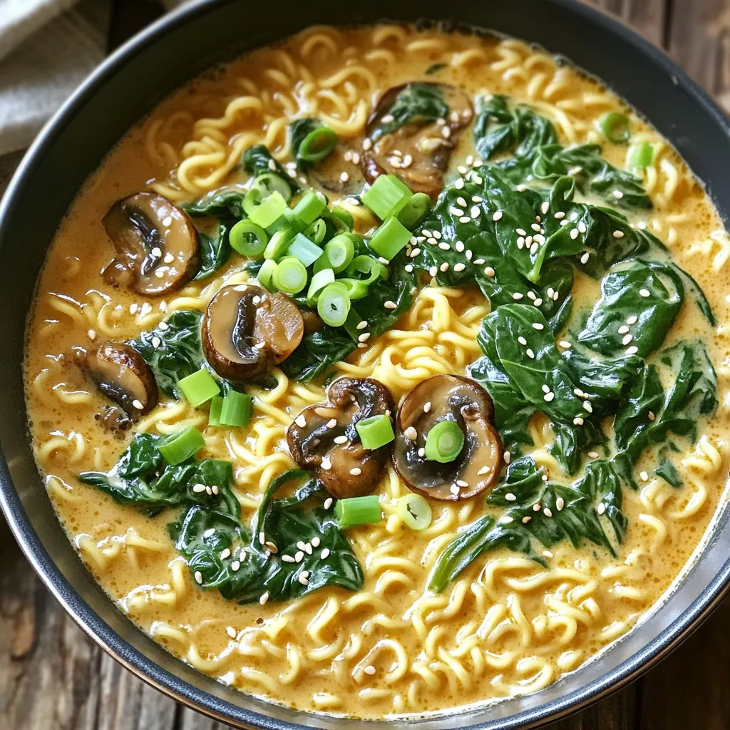 One Pot Creamy Spinach Mushroom Ramen Delight