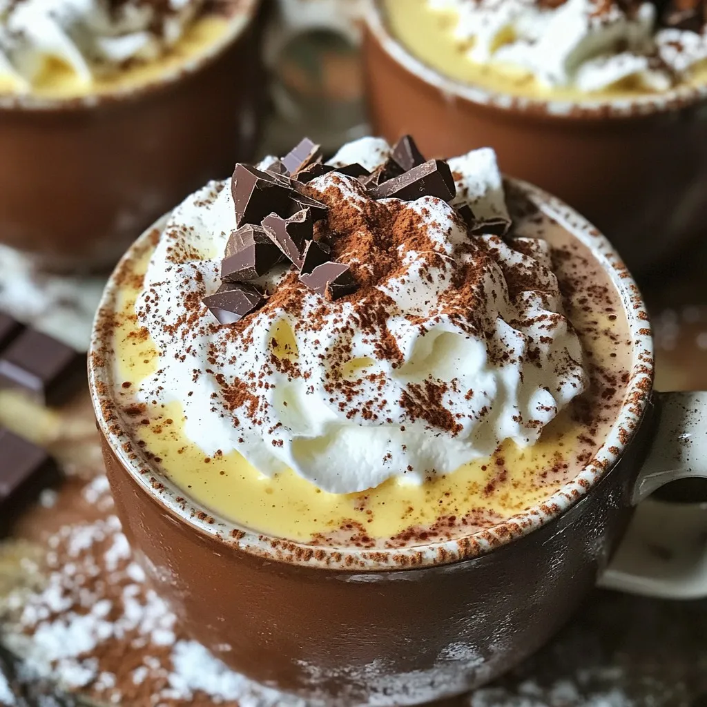 To make the perfect spiced hot chocolate, gather these simple ingredients: - 2 cups whole milk - 2 tablespoons unsweetened cocoa powder - 2 tablespoons sugar (adjust to taste) - 1/2 teaspoon ground cinnamon - 1/4 teaspoon ground nutmeg - 1/4 teaspoon cayenne pepper (adjust to taste) - 1/2 teaspoon vanilla extract - 1/4 cup heavy cream (for whipped cream) - 1 tablespoon powdered sugar (for whipped cream) - A pinch of salt - Optional garnish: Dark chocolate shavings These ingredients blend to create a rich and flavorful drink. Whole milk gives creaminess, while cocoa powder adds deep chocolate taste. Sugar sweetens the mix, and spices like cinnamon and nutmeg bring warmth. Cayenne pepper adds a fun kick, making each sip exciting. Vanilla extract rounds out the flavor perfectly. You can adjust the sugar and cayenne pepper to fit your taste. If you like it sweeter, add more sugar. For a spicier kick, increase the cayenne. The whipped cream is a must for topping. It enhances the drink and adds a fluffy texture. Dark chocolate shavings are just the cherry on top! Enjoy crafting this delightful drink with these ingredients. - Step 1: Combine milk and dry ingredients in a saucepan Start with a small saucepan. Pour in 2 cups of whole milk. Add 2 tablespoons of unsweetened cocoa powder. Then, mix in 2 tablespoons of sugar. Next, add 1/2 teaspoon of ground cinnamon, 1/4 teaspoon of ground nutmeg, and a pinch of salt. Finally, sprinkle in 1/4 teaspoon of cayenne pepper. This mix gives your drink a warm kick. - Step 2: Heat mixture while whisking Place your saucepan on medium heat. Whisk the mixture constantly. Keep stirring until the cocoa powder dissolves. Watch closely to ensure it heats up but does not boil. This step brings all the flavors together. - Step 3: Adjust sweetness and spice levels Once the mixture is hot, stir in 1/2 teaspoon of vanilla extract. Taste your hot chocolate. If you want it sweeter, add more sugar. If you love heat, add a bit more cayenne pepper. Adjust to your liking for the perfect sip. - Step 4: Whip the cream for topping In a separate bowl, pour in 1/4 cup of heavy cream. Add 1 tablespoon of powdered sugar. Use a whisk or an electric mixer to whip the cream. Stop when soft peaks form. Be careful not to whip too much; you want it creamy and fluffy. - Step 5: Serve and garnish Pour your spiced hot chocolate into mugs. Top each mug with a generous dollop of whipped cream. For an extra treat, add dark chocolate shavings on top. This adds a nice touch and makes it look fancy. Enjoy your warm drink! To make the best spiced hot chocolate, start with the right spices. Adjust the cayenne pepper to fit your taste. If you love heat, go for more. If you prefer mild, add less. Using high-quality cocoa powder is key. It gives your drink a rich flavor. Look for options with a deep color and bold taste. This will elevate your hot chocolate’s overall profile. For whipped cream, don’t rush it. Whip the heavy cream until soft peaks form. Be careful not to over-whip it. You want it creamy, not grainy. Adding powdered sugar sweetens it perfectly. Serve your hot chocolate in fun mugs. Try mismatched ones for a cozy feel. Layer the whipped cream high for a beautiful look. Garnishing can add flair. Dark chocolate shavings on top look great and taste amazing. You can also sprinkle a bit of cinnamon or nutmeg. This adds a nice touch and extra flavor. {{image_2}} You can make a great spiced hot chocolate without dairy. Use almond or oat milk instead of whole milk. Both of these options taste amazing and add a nutty flavor. They are creamy and work well with cocoa powder. For whipped cream, try vegan substitutes like coconut cream or soy whipped topping. These choices make your drink light and fluffy without dairy. Want to spice things up? Add peppermint extract for a holiday twist. This gives your hot chocolate a fresh, cool taste. You can also experiment with different spices. Cardamom adds warmth while ginger gives a zesty kick. Just a pinch can change the whole drink. Try mixing and matching flavors to find your favorite blend. To keep your spiced hot chocolate fresh, follow these steps: - Pour any leftover hot chocolate into a clean container. - Seal the container tightly to avoid air exposure. - Store it in the fridge for up to three days. When you want to reheat, use low heat on the stove. Stir often to blend the flavors. You can also use a microwave. Heat it in short bursts, stirring between each one. This keeps the taste rich and smooth. Storing whipped cream is simple but requires care: - If you have leftover whipped cream, place it in an airtight container. - Always use the cream within two days for the best taste. I suggest using a glass jar or plastic container. These keep the cream fresh and easy to access. If you want to make it ahead, just whip it before serving. This way, it stays light and fluffy. How to make spiced hot chocolate from scratch? To make spiced hot chocolate from scratch, gather your ingredients. You need whole milk, cocoa powder, sugar, ground cinnamon, ground nutmeg, cayenne pepper, vanilla extract, and a pinch of salt. Combine these in a saucepan over medium heat. Whisk constantly until warm. Then, stir in the vanilla and adjust sweetness to your liking. Can I make this recipe ahead of time? Yes, you can prepare spiced hot chocolate ahead of time. Just make it as directed but stop before adding the whipped cream. Store it in the fridge for up to two days. When ready to enjoy, reheat gently and top with fresh whipped cream. What are the best toppings for hot chocolate? The best toppings for hot chocolate are whipped cream, marshmallows, or even dark chocolate shavings. For a unique twist, try adding a sprinkle of cinnamon or a drizzle of caramel. What milk alternatives can be used for hot chocolate? You can use almond milk, oat milk, or coconut milk as great alternatives for hot chocolate. Each adds a unique flavor and texture to your drink. How to adjust spice levels in hot chocolate for kids? To adjust spice levels for kids, simply reduce the amount of cayenne pepper. Start with a pinch and taste as you go. You can also focus on sweeter flavors like vanilla and cinnamon to balance the heat. This blog post gave you a simple guide to making spiced hot chocolate. We covered the ingredients, step-by-step preparation, and ways to adjust flavors. I shared tips for great whipped cream and creative serving ideas. You also learned about dairy-free options and how to store leftovers. Enjoy your rich, warm drink with your favorite spices. Customize it to your taste for a cozy treat!
