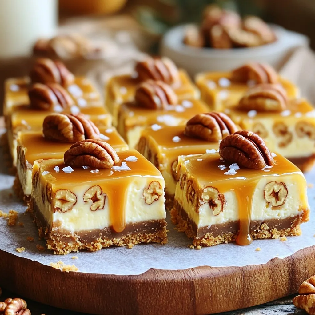 To make these delicious bars, you need the following ingredients: - 1 ½ cups graham cracker crumbs - ½ cup unsalted butter, melted - 1 cup cream cheese, softened - ½ cup granulated sugar - 1 teaspoon vanilla extract - 2 large eggs - 1 cup sour cream - 1 cup pecans, roughly chopped - 1 cup caramel sauce (store-bought or homemade) - Sea salt, for garnish These ingredients create a rich and creamy cheesecake with crunchy pecans and sweet caramel. When choosing ingredients, quality matters. Here are some tips: - Graham Cracker Crumbs: Use fresh crumbs for best flavor. You can crush whole crackers. - Unsalted Butter: Opt for high-quality butter. It enhances the taste of the crust. - Cream Cheese: Choose full-fat cream cheese for a creamy texture. Low-fat options may not set well. - Caramel Sauce: Homemade sauce tastes better but store-bought is fine. Just pick a good brand. - Pecans: Freshly chopped pecans add crunch. Toast them lightly for extra flavor. If you're missing an ingredient, don’t worry! Here are some substitutions: - Graham Cracker Crumbs: Use crushed cookies like Oreos or digestive biscuits. - Cream Cheese: Neufchâtel cheese can work if you want a lighter option. - Sour Cream: Greek yogurt is a great substitute for a tangy flavor. - Caramel Sauce: You can use chocolate sauce if you prefer a different taste. - Pecans: Walnuts or almonds can replace pecans for a different nutty flavor. These substitutions can still give you tasty bars. Enjoy your baking! First, preheat your oven to 325°F (165°C). This step is key for even baking. Next, line an 8x8 inch baking pan with parchment paper. Leave some paper hanging over the edges. This will help you lift out the bars later. In a medium bowl, mix 1 ½ cups of graham cracker crumbs with ½ cup of melted unsalted butter. You want the mix to feel like wet sand. Press this mixture firmly into the bottom of your prepared pan. This forms a sturdy base for your cheesecake. In a large bowl, beat 1 cup of softened cream cheese with ½ cup of granulated sugar. Mix until the texture is smooth and creamy. Add 1 teaspoon of vanilla extract and mix in 2 large eggs one at a time. It’s important to mix well after each egg. Scrape down the sides of the bowl as needed. Next, stir in 1 cup of sour cream until everything blends well. Now, gently fold in 1 cup of roughly chopped pecans. Save a small handful of pecans for later. This adds a nice crunch to your cheesecake. Pour half of the cheesecake batter over the crust. Spread it out evenly using a spatula. Then, drizzle half of your caramel sauce over this layer. Carefully pour the remaining cheesecake batter on top and smooth it out. Finish by drizzling the rest of the caramel sauce over the top. Use a knife or toothpick to swirl the caramel into the cheesecake batter. This creates a pretty marbled effect. Sprinkle the reserved pecans on top. Bake in the preheated oven for 35-40 minutes. The edges should set, but the middle should slightly jiggle. Once done, let the cheesecake cool to room temperature. Then, refrigerate it for at least 4 hours, or overnight for the best taste. After chilling, lift the cheesecake out of the pan using the parchment paper. Cut it into bars and drizzle more caramel sauce if you like. A sprinkle of sea salt on top adds a nice touch. Enjoy! To get a creamy texture, use room temperature cream cheese. Cold cream cheese makes it hard to mix smoothly. Beat it with sugar until fluffy. Add eggs one at a time to avoid lumps. Mixing sour cream in last helps keep it light. Do not overmix the batter. This can add too much air. Air bubbles create cracks when baking. Make sure the oven is preheated. If the oven is too hot, the bars can bake too fast. Always check the middle; it should jiggle slightly. Cut the bars neatly after chilling. Use a sharp knife for clean edges. Drizzle extra caramel sauce on top for a treat. Add a sprinkle of sea salt for contrast. Serve on a nice platter with whole pecans for a pretty look. {{image_2}} If you want to switch things up, try other nuts. Walnuts add a nice flavor and crunch. Almonds bring a sweet taste and pair well with caramel. Pecans are classic, but mixing in hazelnuts can give your bars a unique twist. Just chop them roughly and fold them into the batter like you do with pecans. While caramel is a must, you can try other sauces too. Chocolate sauce adds richness and pairs well with the cheesecake. A fruit sauce, like raspberry or strawberry, gives a fresh taste and bright color. You can even swirl in some peanut butter for a salty-sweet kick. Each sauce adds its own flair to the bars. To make these bars gluten-free, swap the graham cracker crumbs for gluten-free crumbs. Many brands offer tasty options. You can also use almond flour for the crust. Just make sure the other ingredients, like the caramel sauce, are gluten-free too. This way, everyone can enjoy these delicious treats! To keep your caramel pecan turtle cheesecake bars fresh, store them properly. First, let the bars cool completely in the pan. Then, cover them tightly with plastic wrap or foil. You can also place them in an airtight container. Store them in the fridge for up to five days. If you like, you can add a piece of parchment paper between layers to prevent sticking. Freezing your cheesecake bars is an excellent way to save them for later. First, cut the bars into individual pieces. Wrap each piece in plastic wrap. Then, place the wrapped bars in a freezer-safe bag or container. Make sure to remove as much air as possible to prevent freezer burn. You can freeze them for up to three months. When you are ready to enjoy, just thaw them in the fridge overnight. Reheating cheesecake bars can bring back their creamy texture. To do this, take a piece from the fridge or freezer. If it’s frozen, let it thaw first. Then, place it on a microwave-safe plate. Heat in the microwave for about 10-15 seconds. Check to see if it's warm enough. If not, heat it for another few seconds. Be careful not to overheat, as that can change the texture. Enjoy your delicious leftover bars! Yes, you can use reduced-fat cream cheese. It will still taste great. However, the texture might be a bit different. Full-fat cream cheese gives a creamier, richer taste. If you use reduced-fat, make sure to mix it well for a smooth filling. The cheesecake is done when the edges are set. The center should jiggle slightly when you shake the pan. It will firm up as it cools. If it looks too loose, give it a few more minutes in the oven. You can serve these bars with whipped cream. A scoop of vanilla ice cream also pairs well. Fresh fruit, like berries, adds a nice touch, too. Drizzle more caramel sauce for extra flavor. Enjoy with coffee or tea for a perfect dessert experience! You learned how to make Caramel Pecan Turtle Cheesecake Bars with this guide. We covered essential ingredients, tips for quality, and helpful substitutions. The step-by-step instructions ensured ease in preparation, from the crust to cooling. You now know how to avoid common mistakes and achieve the perfect cheesecake texture. Remember, experiment with variations and store leftovers properly for future treats. Enjoy creating and sharing this delightful dessert with friends and family!