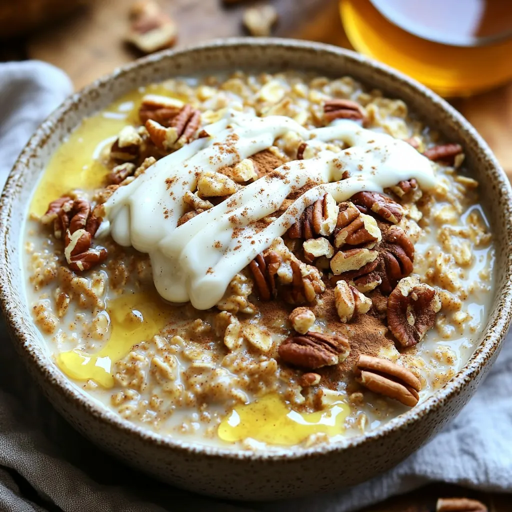 - 2 cups old-fashioned rolled oats - 4 cups almond milk (or any milk of choice) - 1/2 cup brown sugar, packed - 1 tablespoon ground cinnamon - 1/2 teaspoon nutmeg - 1/4 teaspoon salt - 1 tablespoon vanilla extract - 1/2 cup chopped pecans (or walnuts) - 1/2 cup raisins (optional) - Cream cheese mixture: 1/2 cup cream cheese, softened, 1/4 cup powdered sugar, 1 tablespoon milk (for icing) To create a perfect bowl of oatmeal, I use these main ingredients. First, I take old-fashioned rolled oats. They cook well and give a nice texture. Next, I add almond milk, but you can use any milk you like. For sweetness and flavor, brown sugar is a must. It adds richness, while ground cinnamon and nutmeg give that warm spice taste. A pinch of salt brightens the flavors, and vanilla extract adds a lovely aroma. If you want to make it even better, consider these add-ins. Chopped pecans or walnuts add crunch. You can also add raisins for some chewiness. To top it off, I mix cream cheese with powdered sugar and a splash of milk for a sweet icing. This makes the oatmeal feel like a treat. Make sure to gather these ingredients before you start. They will help you create a delicious slow cooker cinnamon roll oatmeal that warms your heart and fills your belly. In your slow cooker, start by mixing the following ingredients: - 2 cups old-fashioned rolled oats - 4 cups almond milk (or any milk of choice) - 1/2 cup brown sugar, packed - 1 tablespoon ground cinnamon - 1/2 teaspoon nutmeg - 1/4 teaspoon salt - 1 tablespoon vanilla extract Make sure to stir well. This helps blend the oats with the milk and spices. If you like, add: - 1/2 cup chopped pecans (or walnuts) - 1/2 cup raisins (optional) These add-ins give your oatmeal extra flavor and crunch. Cover the slow cooker with its lid. Set the heat to low and let it cook for 6 to 8 hours. This slow cooking will make the oats soft and creamy. You can prepare this at night and enjoy a warm breakfast in the morning! In a small bowl, mix together: - 1/2 cup cream cheese, softened - 1/4 cup powdered sugar - 1 tablespoon milk Stir until smooth and creamy. For a touch of spice, feel free to add a pinch of cinnamon. After the oatmeal is done cooking, give it a good stir. You can add a splash of milk if you want it thinner. Serve warm in bowls and drizzle the cream cheese icing on top. Enjoy! To get the perfect texture, you can adjust the cooking time. For creamier oatmeal, cook it longer, around 8 hours. If you want it a bit thicker, check it at 6 hours. You can also add extra spices like ginger or cloves for a new twist. Chopped nuts like almonds or walnuts boost both texture and flavor. Garnish your oatmeal with a sprinkle of cinnamon and some chopped pecans. This adds a nice crunch and a pop of flavor. For those who love a bit of sweetness, serve it with warm maple syrup or fresh fruit like sliced bananas or berries. Both options will make your breakfast even more delightful. If your oatmeal is too thick, simply stir in a splash of milk. This will help reach your desired consistency. For oatmeal that is too thin, cook it a bit longer to allow the oats to absorb more liquid. You can also add a few more oats to thicken it up quickly. {{image_2}} You can easily make this oatmeal dairy-free. Just swap the almond milk for any plant-based milk you like. Options include coconut, soy, or oat milk. For the cream cheese icing, use dairy-free cream cheese. This keeps the dish creamy while being suitable for vegans. Get creative with flavors! You can try different nuts, like almonds or hazelnuts. They add a nice crunch. You can also toss in fresh fruits such as diced apples or berries. These fruits bring natural sweetness and freshness to your bowl. Mix and match to find your favorite combo. If you want to change the sweetness, try using maple syrup or honey. Both options offer a unique flavor. They can replace the brown sugar in the recipe. Just adjust the amount to your taste. This way, you can enjoy your oatmeal with your preferred level of sweetness. To keep your Slow Cooker Cinnamon Roll Oatmeal fresh, store it in the fridge. Use an airtight container. This helps keep the flavors locked in. Make sure it cools down before sealing it. It will last up to five days. When it's time to enjoy your oatmeal again, reheating is easy. The best way is in the microwave. Place a serving in a bowl and add a splash of milk. Heat for one to two minutes, stirring halfway. This keeps it creamy and warm. You can also reheat on the stove. Add a little milk to a pot and warm over low heat. Stir often until it’s hot. If you want to save some for later, freezing is a great option. First, let the oatmeal cool completely. Then, scoop it into freezer-safe bags or containers. Label them with the date. It will stay good for up to three months. When you're ready to eat, thaw it overnight in the fridge. Reheat it in the microwave or on the stove, adding milk as needed. Using quick oats will change the texture of your oatmeal. Quick oats cook faster, which may make your oatmeal mushy. You can use them, but check for doneness around 4 to 5 hours. Rolled oats give a creamier, thicker oatmeal that holds its shape better. To make this dish dairy-free, swap almond milk for any plant-based milk. Options include oat milk, soy milk, or coconut milk. You can also use dairy-free cream cheese in the icing. This keeps the flavor rich and creamy without dairy. To lower the sugar, reduce the brown sugar to 1/4 cup. You can also use a sugar substitute like stevia or monk fruit. Add a bit of vanilla to boost sweetness without adding sugar. This keeps your cinnamon roll oatmeal tasty and healthy. You can create a delicious slow cooker oatmeal with simple steps. We discussed the main ingredients, like rolled oats and almond milk, along with sweeteners and spices to enhance flavor. I shared tips for making the dish your own and how to store leftovers. Remember, feel free to mix in your favorite add-ins or try different sweeteners. This oatmeal is easy to customize and perfect for any diet. Enjoy making your tasty breakfast!