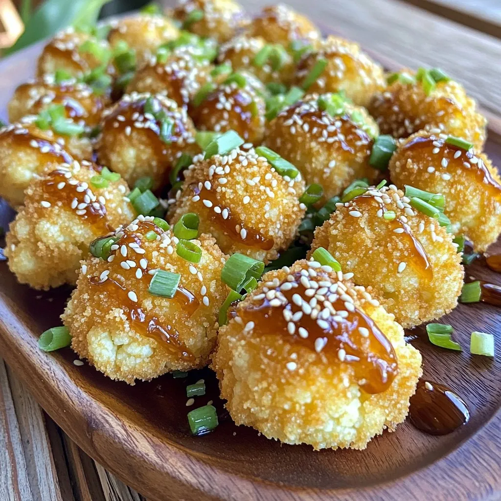 - 1 medium head of cauliflower, cut into bite-sized florets - 1 cup all-purpose flour - 1 cup panko breadcrumbs - 1 cup coconut milk - 1 teaspoon garlic powder - 1 teaspoon onion powder - 1 teaspoon smoked paprika - 1 teaspoon salt - 1/2 teaspoon black pepper The main ingredients create a tasty base for the bites. The cauliflower gives a great texture. All-purpose flour helps the batter stick, and panko adds crunch. Coconut milk makes the batter creamy and rich. The spices bring flavor and depth to every bite. - 2 tablespoons soy sauce (or tamari) - 2 tablespoons sesame oil - 1 tablespoon maple syrup - 1 tablespoon rice vinegar - 1 tablespoon sesame seeds, toasted The sauce adds a sweet and savory kick. Soy sauce gives umami, while sesame oil brings warmth. Maple syrup balances flavors with sweetness. Rice vinegar adds a tangy note, and toasted sesame seeds give a nutty crunch. - 2 green onions, chopped - Toasted sesame seeds Garnishes enhance both look and taste. Chopped green onions add freshness and color. Extra toasted sesame seeds provide crunch and flavor. Together, they make the dish pop and look appealing on the plate. - Preheat your oven to 425°F (220°C). - Line a baking sheet with parchment paper. This helps prevent sticking and makes cleanup easy. - In a large bowl, combine 1 cup of all-purpose flour, 1 teaspoon of garlic powder, 1 teaspoon of onion powder, 1 teaspoon of smoked paprika, 1 teaspoon of salt, and 1/2 teaspoon of black pepper. - Gradually whisk in 1 cup of coconut milk until it forms a smooth batter. This batter will help the coating stick. - Take each cauliflower floret and dip it into the batter. Make sure to let any excess batter drip off. - Next, coat the floret with 1 cup of panko breadcrumbs. Press gently to ensure they stick well. - Place the coated cauliflower bites on the lined baking sheet. - Lightly drizzle them with 2 tablespoons of sesame oil. This adds flavor and helps them crisp up. - Bake for 25-30 minutes until golden brown. Flip them halfway through for even cooking. - In a small saucepan, whisk together 2 tablespoons of soy sauce, 2 tablespoons of sesame oil, 1 tablespoon of maple syrup, and 1 tablespoon of rice vinegar. - Heat this mixture on low until it warms up, stirring often. This sauce brings all the flavors together. - Once the cauliflower bites are done, place them in a large bowl. - Drizzle the warm sauce over the bites and toss gently to coat each piece. - Serve them on a platter, garnished with toasted sesame seeds and chopped green onions. This adds a nice crunch and fresh flavor. To make your cauliflower bites extra crispy, focus on two main steps. First, ensure your oven is preheated to 425°F (220°C). This high heat helps create that perfect crunch. Second, use panko breadcrumbs, as they are light and airy. If you want an alternative to frying, air frying is a great option. It gives a nice crunch without the extra oil. You can add spice to your bites by mixing in some cayenne pepper or chili flakes. For a different twist, try adding some curry powder or smoked paprika. These spices will kick up the flavor. When it comes to dipping sauces, a sweet chili sauce pairs well with these bites. You can also try a tangy yogurt sauce for a cooling effect. Serve your crispy cauliflower bites with some fresh veggies or a light salad. They make a great snack or appetizer. For parties, arrange the bites on a colorful platter. Garnish with chopped green onions and sesame seeds for a nice touch. This presentation makes them even more appealing and fun to eat. {{image_2}} You can make this dish vegan and gluten-free easily. Start with gluten-free flours like almond or chickpea flour. These add unique flavors and textures. For the sauce, swap soy sauce with tamari. Tamari has a similar taste and is gluten-free. You can also use coconut aminos as a substitute. It adds sweetness and umami without gluten. Cauliflower shines in this recipe, but other veggies work too. Try using broccoli or Brussels sprouts for a twist. Sweet potatoes also make a tasty choice. They add sweetness and pair well with the sauce. For seasonal variations, use carrots in winter or zucchini in summer. Each veggie brings its own flavor. You have options for cooking these bites. Air frying gives them a nice crunch, and it’s faster. Set your air fryer to 400°F and cook for about 15-20 minutes. Baking is classic and easy too. Just follow the original recipe. If you want a smoky flavor, try grilling. Grill the coated cauliflower on skewers for about 10 minutes. It adds a fun taste that everyone will love. To keep your crispy bites fresh, store them in an airtight container. Place a paper towel inside to absorb moisture. This will help the bites stay crispy longer. In the refrigerator, they last about three to four days. For the best texture, reheat the bites in the oven. Set the oven to 375°F (190°C). Place the bites on a baking sheet for about 10 to 15 minutes. This keeps them crispy. If you're in a hurry, you can use the microwave. Heat them for 30 seconds to one minute. The texture won't be as great, but they will still taste good. To freeze the bites, let them cool completely first. Place them in a single layer on a baking sheet and freeze for one hour. Once frozen, transfer them to a freezer-safe bag. They can stay frozen for up to three months. When you're ready to eat, thaw them in the fridge overnight. Then, reheat them in the oven for the best results. Enjoy the same great flavor! Yes, you can use frozen cauliflower. It will save time and effort. Just thaw the florets first. Pat them dry with a towel. This helps remove excess moisture. Moisture can make your bites soggy. You can use the same batter and coating steps as fresh cauliflower. If you want more heat, add chili flakes to the batter. You can also stir in some sriracha to the sauce. Both options will give your bites a nice kick. Adjust the amount based on your spice level. Start with a small amount and taste before adding more. You have a few options for substituting coconut milk. You can use almond milk or soy milk. Both work well and keep the recipe dairy-free. For a creamier option, use heavy cream. If you want a lighter choice, mix water with any milk. To get crispy cauliflower, coat it well with panko breadcrumbs. Press the breadcrumbs onto the florets to help them stick. Baking at a high temperature is key. Make sure to flip the bites halfway through baking. A light drizzle of sesame oil also helps with crispiness. Yes, you can make the sauce ahead of time. Store it in an airtight container in the fridge. It stays fresh for about a week. When ready to use, heat it gently on the stove. Stir it often to avoid burning. This article covered making flavorful cauliflower bites from start to finish. We discussed the key ingredients, step-by-step baking instructions, and helpful tips for the best results. You can also explore variations and storage options to suit your needs. In summary, enjoy experimenting with different flavors and techniques. Cooking should be fun and creative! Keep these methods in mind to impress your friends and family with delicious snacks.