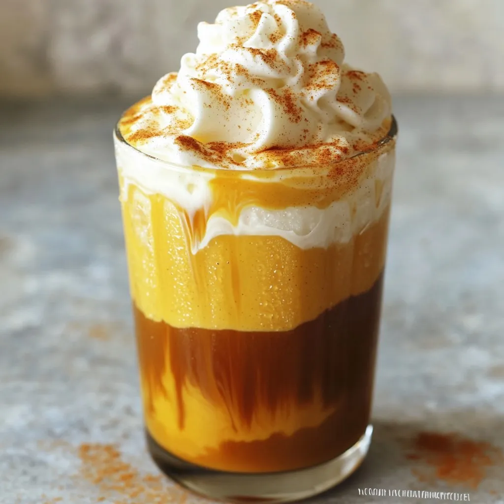 - 1 cup cold brew coffee - 1/2 cup heavy cream - 2 tablespoons pumpkin purée - 2 tablespoons maple syrup - 1/2 teaspoon vanilla extract - 1/2 teaspoon pumpkin spice blend - Whipped cream for topping - Ground cinnamon for garnish Gathering the right ingredients is key to making your Pumpkin Cream Cold Brew. You’ll need cold brew coffee as your base. It gives a smooth and rich flavor. Heavy cream makes your drink creamy and dreamy. Pumpkin purée adds that fall flavor we all love. Maple syrup sweetens your drink. You can adjust the amount based on your taste. Vanilla extract enhances the flavor and makes it more delicious. Pumpkin spice blend brings warmth and spice to the mix. Don’t forget the whipped cream! It adds a fun touch on top. A sprinkle of ground cinnamon gives a beautiful look and extra flavor. With these ingredients, you set yourself up for a tasty treat. Enjoy this drink as a cozy fall favorite or a refreshing summer sip. Each ingredient works together to create a delightful experience. 1. Whisk cream, pumpkin purée, maple syrup, vanilla, and pumpkin spice In a bowl, add 1/2 cup of heavy cream. Then, mix in 2 tablespoons of pumpkin purée. Next, add 2 tablespoons of maple syrup for sweetness. Don’t forget 1/2 teaspoon of vanilla extract and 1/2 teaspoon of pumpkin spice blend. Whisk all these together until smooth. This mix gives your drink that rich, pumpkin flavor. 2. Pour cold brew coffee into a glass Grab a glass or jar and pour in 1 cup of cold brew coffee. This forms the base of your drink. The cold brew adds a nice, bold flavor that pairs well with the creamy pumpkin mix. 3. Combine pumpkin cream mixture and cold brew for a marbled effect Now, slowly add the pumpkin cream mix to the cold brew. Use a spoon to gently stir it. Aim for a beautiful marbled look! If you want layers, don’t mix it too much. This gives you a stunning drink that looks as good as it tastes. 4. Optional toppings For a finishing touch, top your drink with whipped cream. Then, sprinkle some ground cinnamon on top. This adds extra flavor and makes your drink look even more inviting. Enjoy your refreshing Pumpkin Cream Cold Brew over ice! It’s perfect for cozy days. - Adjust maple syrup for desired sweetness: Start with two tablespoons. If you want it sweeter, add a little more. Taste as you go. Sweetness can change how you feel about the drink. - Use fresh pumpkin purée for a more authentic taste: Canned pumpkin can work, but fresh gives a richer flavor. You can make your own purée by roasting pumpkin and blending it smooth. This step adds a homemade touch. - Choose your cold brew coffee wisely for best results: Use a good quality cold brew. The flavor should be bold, but not bitter. You want it smooth and rich. Try different brands to find your favorite blend. {{image_2}} You can play with this recipe to suit your taste. Here are some ideas: - Dairy-free options: If you want to skip dairy, try coconut cream or almond milk. These choices give a rich texture without the cream. Coconut cream adds a hint of sweetness, while almond milk keeps it light. - Sweetener alternatives: Maple syrup is great, but you can use honey or agave syrup instead. Honey adds a floral note, while agave syrup is smooth and mild. Adjust the amount to fit your sweetness level. - Flavor variations: Want to mix it up? Add a splash of chocolate syrup for a mocha twist. A pinch of nutmeg can also enhance the fall flavor. Get creative and find what you love best! These changes make the Pumpkin Cream Cold Brew fun and unique. Enjoy experimenting with different tastes! To store your unused pumpkin cream mixture, place it in a sealed container. You can keep it in the fridge for up to three days. This way, you can enjoy your drink again soon. For keeping cold brew fresh, always store it in a sealed jar or bottle. It stays good for about a week in the fridge. If you see any changes in color or smell, it's best to toss it. Reheating isn't needed for this drink. The cold brew and pumpkin cream are best served cold. If you want a warm drink, you can warm the coffee but not the cream mixture. Mixing hot and cold can change the taste. Enjoy your drink over ice for the best flavor! Can I make this drink without cold brew? Yes, you can use regular brewed coffee instead. Just let it cool first. Cold brew has a smoother taste, but hot coffee works too. How do I make my pumpkin cream cold brew dairy-free? You can swap heavy cream for coconut cream or almond milk. Both give a creamy texture. For a rich flavor, use full-fat coconut cream. What if I don't have pumpkin spice? You can make your own mix! Combine equal parts cinnamon, nutmeg, and ginger. This will give you a nice flavor. Use this mix in place of pumpkin spice. How can I sweeten my cold brew without maple syrup? You can use honey or agave syrup. Both will add sweetness without changing the flavor much. Try adjusting the amount to your taste. This drink combines cold brew coffee with rich pumpkin flavors. With simple steps, you can create a delicious treat. Use fresh ingredients for the best taste, and feel free to tweak the recipe. Experimenting with variations can lead to unique flavors you will love. With proper storage, you can enjoy this drink for days. I hope you try making this easy pumpkin cold brew at home. It’s sure to become a favorite!