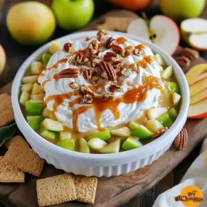 For this tasty No Bake Caramel Apple Cheesecake Dip, you'll need: - 8 oz cream cheese, softened - ½ cup powdered sugar - 1 tsp vanilla extract - 1 cup whipped topping (Cool Whip) - 1 medium apple, diced (preferably Granny Smith) - ½ cup caramel sauce (store-bought or homemade) - ¼ cup chopped pecans (optional) - Cinnamon sugar (for sprinkling) - Assorted dippers (e.g., graham crackers, sliced apples, pretzels) You can swap the cream cheese for a dairy-free option if needed. Use coconut cream as a great alternative. If you want a lower sugar option, try using a sugar substitute for the powdered sugar. You can also change the apple type; Honeycrisp or Fuji works well too. If you don’t have pecans, almonds or walnuts can add a nice crunch. When choosing apples, look for firm and crisp ones. Granny Smith apples are tart and balance the sweetness of the dip. They provide a nice crunch. Avoid soft or bruised apples, as they won’t hold up in the dip. Always smell the apples; fresh apples should have a sweet scent. Check the color too; vibrant green apples are usually fresh and tasty. Start with 8 oz of softened cream cheese. Place it in a mixing bowl. Use an electric mixer to beat the cream cheese until it is smooth and creamy. This takes about 1-2 minutes. Next, gradually add ½ cup of powdered sugar. Also, add 1 tsp of vanilla extract. Mix until everything blends well. The mixture should be sweet and creamy. Now, gently fold in 1 cup of whipped topping. Make sure to mix until the dip is light and fluffy. Next, take 1 medium apple, preferably a Granny Smith, and dice it into small pieces. Add the diced apple to the bowl along with ½ cup of caramel sauce. Use a spatula to stir gently. You want the apples and caramel to mix without losing fluffiness. Transfer the cheesecake dip to a serving dish. Smooth the top with a spatula for a nice look. Drizzle the remaining caramel sauce over the top. Sprinkle ¼ cup of chopped pecans for crunch. If you like, add a light dusting of cinnamon sugar for extra flavor. Serve this dip right away with assorted dippers like graham crackers, sliced apples, or pretzels. Enjoy the sweet, creamy taste! To get a creamy dip, start with softened cream cheese. Leave it out for about 30 minutes before mixing. Use an electric mixer to beat until smooth. Slowly add powdered sugar and vanilla extract. Mix until it is well blended. Gently fold in the whipped topping. This keeps the dip light and fluffy. Avoid overmixing, as that can make it dense. If you have leftovers, store them in an airtight container. Place the dip in the fridge right after serving. It will stay fresh for up to three days. To keep the dip tasting fresh, do not add dippers to it. Store dippers separately. This helps prevent the dip from becoming soggy. You can make this dip a day in advance. Prepare it and store it in the fridge. Just cover it tightly with plastic wrap or a lid. When you are ready to serve, drizzle on more caramel. Add the chopped pecans and sprinkle cinnamon sugar on top. This makes it look fresh and inviting, even though it was made earlier. {{image_2}} You can swap out the apple for many fruits. Try pears, peaches, or berries. Each fruit adds its own taste. For a tropical twist, use diced pineapple or mango. The key is to choose fresh, ripe fruit for the best flavor. You can boost the taste of the dip with spices and extracts. A pinch of cinnamon or nutmeg gives warmth. You could also add almond or maple extract for richness. Just a drop can change the whole flavor. Be careful not to add too much, as it can overpower the dip. To make this dip gluten-free, use gluten-free dippers. Options like rice cakes or gluten-free pretzels work well. For a vegan version, replace cream cheese with a plant-based cream cheese. You can also use coconut whipped cream instead of Cool Whip. Check the caramel sauce too; many brands offer vegan options. These swaps let everyone enjoy this tasty treat! You can keep your No Bake Caramel Apple Cheesecake Dip in the fridge for up to five days. After that, the apples may get soft, and the dip may lose some flavor. Always check for any off smells or unusual texture before eating. To store the dip, use an airtight container. This helps keep it fresh and prevents it from absorbing other smells in your fridge. If you don’t have a lid, cover it tightly with plastic wrap. Make sure it’s in a cool part of the fridge, away from the door. I do not recommend freezing this dip. Freezing can change the texture of the cream cheese and whipped topping. If you freeze it, the dip may become watery and lose its creamy feel. It’s best enjoyed fresh to appreciate all those flavors and textures. Yes, you can make this dip the day before. Just cover it tightly and place it in the fridge. The flavors will blend well and taste even better the next day. Just remember to add the caramel drizzle and toppings right before serving for a fresh look. You have many fun options for dippers! Sliced apples are great, especially since they match the dip's flavor. Pretzels add a nice crunch and salty touch. You can also use vanilla wafers or even cookies. Get creative with whatever you have! Absolutely! Homemade caramel sauce works just as well as store-bought. Just make sure it's cool and thick enough to drizzle. The taste from your homemade sauce can make the dip even more special. Just follow your favorite recipe for caramel, and you’re good to go! This blog post walked you through making a creamy cheesecake dip. We covered the important ingredients and how to choose the best apples. Then, we shared step-by-step instructions for mixing and serving. I included tips for the best texture and storing leftovers. You learned about fun variations and answered common questions. Try this dip at your next gathering. It's simple and sure to impress everyone. Enjoy your creamy creation!