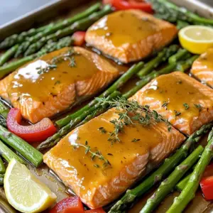 - 4 salmon fillets (about 6 ounces each) - ¼ cup pure maple syrup - 2 tablespoons Dijon mustard - 2 tablespoons olive oil - 3 cloves garlic, minced - 1 teaspoon soy sauce (or tamari for a gluten-free option) - 1 teaspoon fresh thyme leaves (or ½ teaspoon dried thyme) - 1 pound asparagus, trimmed - 1 red bell pepper, sliced - ½ teaspoon salt - ¼ teaspoon black pepper - Lemon wedges for serving Gathering these ingredients is simple and fun. The salmon fillets are the star of the dish. They bring a rich flavor and healthy fats. Maple syrup gives just the right sweetness. Dijon mustard adds a nice tang to balance the syrup. You don’t want to skip the garlic. It gives depth to the glaze. Soy sauce adds an umami kick, while thyme brings a fresh herbal touch. The veggies, asparagus and red bell pepper, add color and crunch. Finally, season with salt and pepper. These make every bite tasty. Lemon wedges are perfect for squeezing on top. They brighten the dish and enhance the flavors. This list makes it easy to enjoy a great meal! First, set your oven to 400°F (200°C). This hot oven will help cook the salmon perfectly. Next, line a large sheet pan with parchment paper. This step makes cleanup easy and helps prevent sticking. In a small bowl, combine the following ingredients: - ¼ cup pure maple syrup - 2 tablespoons Dijon mustard - 2 tablespoons olive oil - 3 cloves garlic, minced - 1 teaspoon soy sauce (or tamari for a gluten-free option) - 1 teaspoon fresh thyme leaves (or ½ teaspoon dried thyme) - ½ teaspoon salt - ¼ teaspoon black pepper Whisk these together until smooth. This glaze adds sweet and tangy flavor to your dish. Place the salmon fillets skin-side down on one side of the lined sheet pan. Brush each fillet with the maple Dijon glaze. Next, take the trimmed asparagus and sliced red bell pepper and arrange them on the other side of the pan. Drizzle these veggies with olive oil and sprinkle with salt and pepper. Toss them gently to coat. Now, place the sheet pan in the preheated oven. Bake for about 15 to 20 minutes. The salmon should flake easily with a fork when done. It should reach an internal temperature of 145°F (63°C). If you want a bit of char, consider broiling the dish for the last 2 to 3 minutes. Keep a close eye on it to prevent burning. Once it's done, take it out and let it rest for a few minutes. Serve it with fresh lemon wedges for added brightness. To get the best flavor, mix maple syrup and Dijon mustard well. The sweet and tangy taste makes the dish shine. Use fresh garlic for a bold kick. Adding soy sauce adds depth to the glaze. Brush it on thick for a rich flavor. You can double the glaze if you want more. Check the doneness of salmon by looking for flakiness. It should flake easily when you press it with a fork. The center should be a light pink. Aim for an internal temperature of 145°F. Broiling for a few minutes can caramelize the glaze. It gives a nice, rich color and flavor. Keep an eye on it to avoid burning. To ensure your veggies stay crisp, cut them evenly. This helps them cook at the same rate. Toss them in olive oil and season well. Don’t overcrowd the pan; give them some space. This allows hot air to circulate, keeping them firm. If you want extra crunch, add them halfway through cooking. {{image_2}} You can change the veggies in this dish for more variety. Try using: - Broccoli florets - Green beans - Zucchini slices - Carrots, sliced thin These swaps add new colors and flavors. Each option brings its own taste and texture. If you want to boost the flavor, consider these options: - Add a pinch of red pepper flakes for heat. - Use maple bourbon for a deeper flavor. - Swap in honey instead of maple syrup for a different sweetness. - Experiment with fresh herbs like parsley or dill. These changes can make your meal unique and exciting. This recipe fits many diets. For a gluten-free option, use tamari instead of soy sauce. If you are looking for a low-carb version, skip the maple syrup. You can use a sugar substitute like stevia. These swaps keep the dish tasty while meeting your dietary needs. Store leftovers in an airtight container. Keep them in the fridge. Try to eat them within two days for the best taste. If you have extra glaze, save it too. It adds great flavor when you reheat. To reheat salmon, use the oven for even heat. Preheat the oven to 300°F (150°C). Place the salmon on a baking sheet. Cover it with foil to keep it moist. Heat for about 10-15 minutes. You can also use the microwave. Just cover the salmon and heat in short bursts, checking often. To freeze salmon, wrap each fillet in plastic wrap. Then, place the wrapped fish in a freezer bag. Remove as much air as possible. Store for up to three months. To thaw, move the salmon to the fridge overnight. This keeps the fish fresh and tasty. Bake salmon at 400°F (200°C) for 15 to 20 minutes. The salmon should flake easily when done. Use a fork to check its texture. For the best taste, aim for an internal temperature of 145°F (63°C). Yes, you can use other fish like trout or cod. These fish have a similar cooking time. They will also soak up the maple Dijon glaze well. Just make sure to adjust the baking time if needed. Asparagus and red bell pepper go great with this salmon. You can also try roasted potatoes or a fresh salad. Quinoa or brown rice can add a nice grainy texture. For a light touch, consider serving with lemon wedges or a creamy dip. You now have a complete guide to making a delicious salmon dish. We covered the main ingredients, like salmon, maple syrup, and Dijon mustard. I shared step-by-step instructions and helpful tips for cooking. You learned different variations and storage tips, too. By following these steps, you can enjoy a tasty meal. Cooking salmon can be simple and fun, so give it a try! Experiment and find your favorite flavors. Happy cooking!