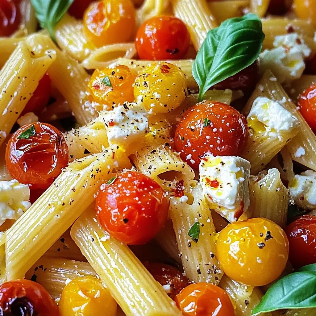 To make TikTok Feta Roasted Tomato Pasta, you will need some simple but tasty ingredients. Here’s what you should gather: - 250g pasta of choice (penne or fusilli recommended) - 200g cherry tomatoes - 200g feta cheese - 4 cloves garlic, minced - ¼ cup olive oil - 1 teaspoon dried oregano - ½ teaspoon chili flakes (optional) - Salt and pepper to taste - Fresh basil for garnish - Grated Parmesan cheese (optional) These ingredients come together to create a colorful and flavorful dish. The cherry tomatoes burst with sweetness as they roast, while the feta adds a rich, creamy texture. You can use any pasta you like, but penne and fusilli work best because they hold the sauce well. The garlic gives a lovely aroma, and oregano adds a nice herbal note. I always keep chili flakes on hand for a little kick, but you can skip them if you prefer milder flavors. Fresh basil is perfect for garnishing; it brightens up the dish. If you like, sprinkle some Parmesan cheese on top for extra flavor. With these ingredients, you’re ready to create a pasta dish that not only looks good but also tastes amazing! First, preheat your oven to 200°C (400°F). This step warms up the oven for the tomatoes and feta. A hot oven helps the tomatoes blister and the feta melt perfectly. Next, grab a large baking dish. In this dish, mix 200g of cherry tomatoes, 4 cloves of minced garlic, and 200g of feta cheese. This blend creates the base of your sauce. Drizzle ¼ cup of olive oil over the mixture. Sprinkle 1 teaspoon of dried oregano, ½ teaspoon of chili flakes (if you want some heat), salt, and pepper. Gently toss everything to coat well. Roast it in the oven for 25-30 minutes. You'll know it's ready when the tomatoes blister and the feta turns golden. While the feta and tomatoes roast, cook 250g of pasta. Use penne or fusilli for the best texture. Follow the package instructions until the pasta is al dente. Before you drain it, reserve ½ cup of the pasta water. This water helps make the sauce creamy later on. After the roasting is done, take the baking dish out of the oven. Stir everything together. As the feta breaks down, it creates a creamy sauce. Now, add the drained pasta to the dish. Mix well to combine everything. If your pasta looks dry, pour in the reserved pasta water a little at a time. Finally, taste your pasta. Adjust the seasoning with extra salt and pepper if needed. Serve hot, garnished with fresh basil. You can also add grated Parmesan cheese for extra flavor. Enjoy your delicious TikTok Feta Roasted Tomato Pasta! For this dish, I suggest using penne or fusilli. These shapes hold the sauce well. Penne has a hollow shape, while fusilli has twists. Both give a nice bite and texture. You can use other pasta types too, like spaghetti or farfalle, but they may not hold the sauce as well. To get that creamy texture, watch the feta closely while it roasts. As it heats, it will soften and melt. After roasting, mix the feta and tomatoes with the pasta. If it looks dry, add some pasta water. This water helps create a silky sauce. Start with just a little, then add more if needed. To boost flavor, think about adding garlic and herbs. The roasted garlic brings a rich taste. You can also add fresh herbs, like basil or parsley, after cooking. For a spicy kick, don’t skip the chili flakes. You may even try adding olives or capers for a salty punch. Each tweak makes this dish your own. {{image_2}} For a vegetarian twist, swap the feta cheese with a plant-based option. You can find vegan feta at many stores. It melts well and adds a creamy touch. You could also use ricotta or cream cheese. These substitutes keep the dish rich and tasty. If you want to add protein, consider cooked chicken or shrimp. Grilled chicken works great. It adds a nice, hearty bite. Shrimp cooks fast and pairs well with the flavors. You can also use chickpeas for a plant-based protein boost. They add texture and nutrition. Feel free to play with herbs and spices! Fresh thyme or rosemary can add a new layer of flavor. If you like it spicy, try adding more chili flakes or even a dash of hot sauce. You can switch up the oregano for Italian seasoning for a different taste. To keep your TikTok Feta Roasted Tomato Pasta fresh, place it in an airtight container. This helps prevent moisture loss and keeps flavors intact. Store it in the fridge for up to three days. Make sure it cools down before sealing the container. This way, your pasta stays delicious for later. When you're ready to enjoy your leftovers, reheat them gently. Use a microwave or a skillet on low heat. If the pasta looks dry, add a splash of water or olive oil. This helps restore the creamy texture. Stir often to evenly warm it up. Enjoy your pasta like it’s fresh from the oven! You can freeze this dish for longer storage. First, let it cool completely. Then, portion it into freezer-safe containers. Make sure to leave some space, as it may expand. Label the containers with the date. This pasta can last up to three months in the freezer. When you're ready to eat, thaw it in the fridge overnight before reheating. If you don't have feta, try goat cheese. It has a similar tangy taste. You can also use ricotta, but it will change the dish's texture. For a dairy-free option, use a vegan feta. It mimics the flavor and works well with the tomatoes. Yes, canned tomatoes work great in this dish. Use whole or diced canned tomatoes. Drain them a bit to avoid excess liquid. This keeps your pasta from being too watery. Fresh tomatoes add a nice flavor, but canned ones save time. This dish is mainly vegetarian. To make it vegan, substitute the feta with a plant-based cheese. Use ample olive oil and fresh herbs for flavor. You can also add extra veggies like spinach or bell peppers for a heartier meal. Serve this pasta with a simple green salad. Garlic bread is also a great side. Pair it with a light white wine for a complete meal. You can even add grilled chicken or shrimp for added protein. Store the pasta in an airtight container. It stays good for about 3 days. Reheat it on the stove or in the microwave. Add a splash of water to keep it moist while reheating. This blog covered the tasty TikTok Feta Roasted Tomato Pasta recipe. You learned about key ingredients, step-by-step baking, and handy tips for the best results. Exploring options for variations and storage helps you make this dish your own. My final thought? This pasta dish is easy and sure to impress. Grab your ingredients and get cooking. Enjoy every bite!