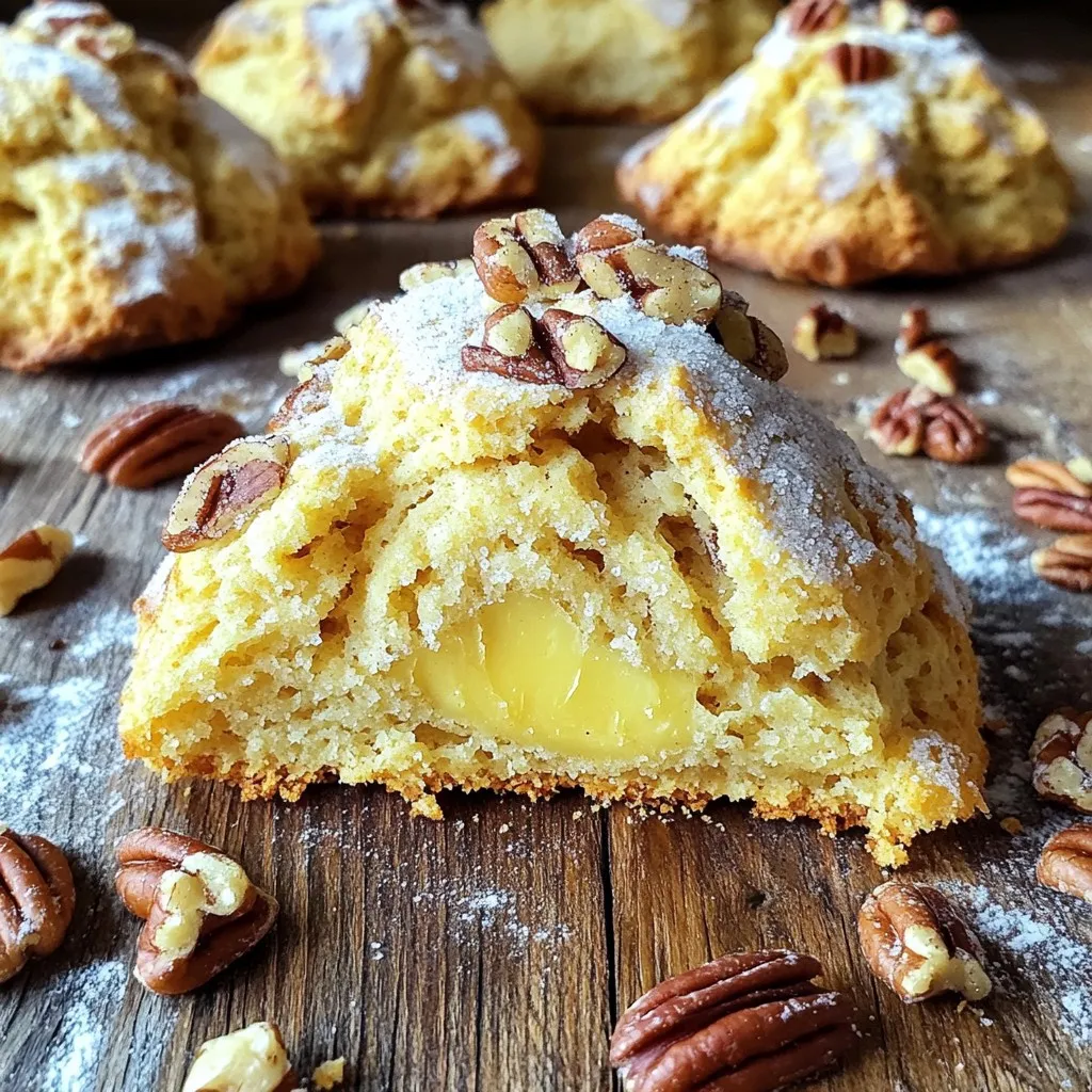 The right ingredients make the best scones. Here’s what you need to create these brown butter pecan scones: - 2 cups all-purpose flour - 1/4 cup granulated sugar - 1 tablespoon baking powder - 1/2 teaspoon salt - 1/2 cup unsalted butter, browned and cooled - 1/2 cup heavy cream - 1 large egg - 3/4 cup chopped pecans - 1 teaspoon vanilla extract - 1/2 teaspoon cinnamon (optional) - 1/4 cup coarse sugar for sprinkling Each ingredient plays a key role. The flour gives structure. The sugar adds sweetness. Baking powder helps the scones rise. Salt balances the flavors. Browned butter adds a rich, nutty taste that makes these scones special. Heavy cream provides moisture. The egg binds everything together. Pecans add crunch and flavor. Vanilla extract enhances sweetness. Cinnamon offers a warm spice, but it’s optional. Coarse sugar gives a nice finish on top. Finding fresh ingredients matters. Use unsalted butter to control salt levels. Fresh pecans will bring out the best taste. Each bite should be flavorful and satisfying. Enjoy gathering these ingredients, as they are the base of your delicious scones! To start, we need to brown the butter. In a saucepan, melt the unsalted butter over medium heat. Stir it often. Keep cooking until the butter turns a golden brown and smells nutty. This takes about 5 to 7 minutes. Once done, remove it from the heat. Let it cool slightly before using it in the recipe. Cooling is important so your scones do not end up too greasy. Now, let’s mix our dry ingredients. In a large bowl, whisk together the flour, granulated sugar, baking powder, salt, and cinnamon if you choose to use it. This helps the scones rise and adds flavor. In another bowl, combine the cooled brown butter, heavy cream, egg, and vanilla extract. Whisk these together until they blend well. This mixture will add moisture and richness to the scones. Next, we will combine the wet and dry ingredients. Pour the wet mixture into the dry ingredients. Use a spatula to mix gently. Be careful not to overmix. It’s okay if some flour is still visible. Now fold in the chopped pecans, which add a nice crunch and nutty flavor. Now it’s time to shape the dough. Transfer the mixture to a lightly floured surface. Pat it into a circle that is about 1 inch thick. Using a sharp knife or pastry cutter, slice the dough into 8 wedges. This will help the scones bake evenly. Before baking, preheat your oven to 400°F (200°C). Line a baking sheet with parchment paper to prevent sticking. Place the scones on the prepared baking sheet. Brush the tops with a little heavy cream and sprinkle with coarse sugar. This gives them a beautiful, shiny finish. Bake in the preheated oven for 15 to 20 minutes. Keep an eye on them. They should turn golden brown when done. You can test doneness by gently pressing the tops. If they spring back, they are ready. Enjoy the wonderful aroma as they bake! - Avoiding overmixing: Mixing too much makes scones tough. Stir gently until just combined. It's okay if the dough looks a little lumpy. - Correct dough thickness: Aim for a dough thickness of about 1 inch. This will ensure even baking and fluffy scones. - Butter alternatives: You can use coconut oil or vegan butter if you want a dairy-free option. Both will still give your scones a nice texture. - Gluten-free options: If you need a gluten-free version, try a gluten-free flour blend. Make sure it has xanthan gum for the best results. - Best beverages to pair with scones: Hot tea or coffee pairs well with these scones. The nutty flavor of pecans shines through in both drinks. - Optional toppings and spreads: Try serving with honey, butter, or jam. A drizzle of maple syrup is also a tasty choice! {{image_2}} You can change the scone flavor with fun add-ins. For a sweet twist, try chocolate chips. They melt and make the scones rich and tasty. You can also add dried fruits like cranberries or apricots. These fruits add a burst of flavor and a chewy texture. If you want to play with nuts, walnuts or almonds work well. Each nut brings its own taste, giving you a new scone experience. You can mix different nuts and seeds for a delightful crunch. This way, you can customize your scones to your liking. Seasonal flavors can make your scones unique. In fall, add spices like nutmeg or pumpkin spice. These spices give warmth and make each bite cozy. You can also add citrus zest, like from an orange. This adds a fresh and bright flavor that wakes up your taste buds. You can freeze the scone dough for later use. Shape the dough as directed. Wrap each wedge in plastic wrap. Place them in a freezer bag and remove excess air. Label the bag with the date. The dough can stay fresh for up to three months in the freezer. When ready to bake, no need to thaw. Just add a few extra minutes to your bake time. To keep baked scones fresh, store them in an airtight container. You can also wrap them in foil or plastic wrap. This helps prevent them from drying out. They will stay fresh for about two to three days at room temperature. For longer storage, place them in the fridge for up to a week. To reheat scones, preheat your oven to 350°F (175°C). Place the scones on a baking sheet. Heat them for about 5 to 10 minutes, until warm. This method helps keep the scones soft and flaky. You can also use a microwave, but this may make them a bit chewy. If you choose the microwave, heat them in 10-second bursts. Enjoy your warm, flavorful treat! Yes, you can use salted butter. Just skip the added salt in the recipe. Salted butter will make the scones taste a bit different. If you like that flavor, go for it! The scones are done when they turn golden brown on top. You can also check by gently pressing the center; it should feel firm. Another sign is a nice, nutty aroma filling your kitchen. Yes, you can make the dough ahead. Just shape the scones and freeze them. When you’re ready, bake them straight from the freezer. This method keeps them fresh and tasty! Brown butter has a rich, nutty flavor. You make it by cooking butter until it turns golden brown. This process adds depth to your scones. It creates a warm, toasty flavor that is hard to resist! Absolutely! Walnuts or almonds work well in these scones. You can even use a mix of your favorite nuts. Just chop them up as you would the pecans. Enjoy the new flavors! In this post, we covered key ingredients and steps for perfect scones. You learned how to make brown butter, choose the right texture, and explore fun variations. Enjoy adding your favorite flavors or spices to make these scones your own. Follow my tips for storage and reheating, so your scones stay fresh. Baking scones is fun and rewarding. Now, you have all you need to create delicious scones at home! Get started and impress your family and friends.