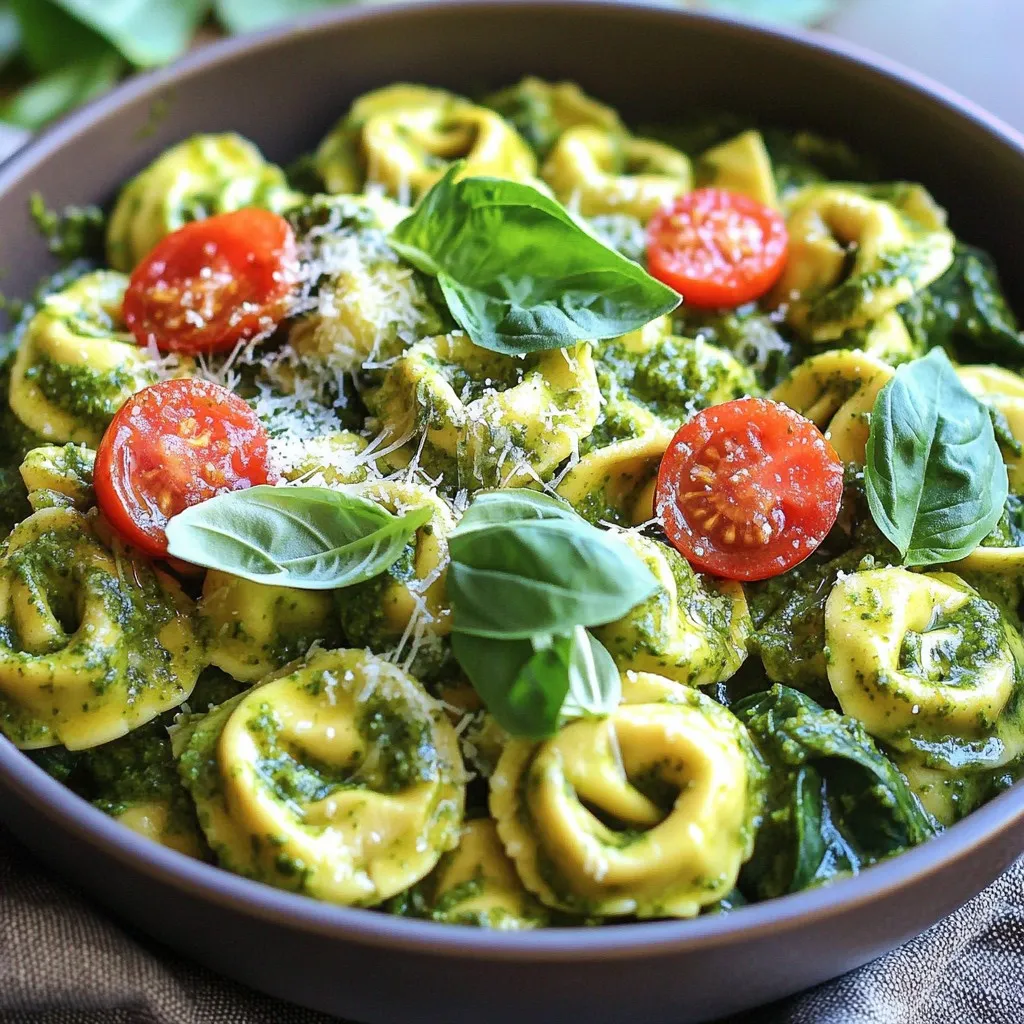 - 12 oz cheese tortellini (fresh or frozen) - 1 cup cherry tomatoes, halved - 1 cup baby spinach The main ingredients make up the heart of this dish. Cheese tortellini gives a soft texture and rich flavor. Cherry tomatoes add a sweet burst, and baby spinach brings a fresh color and nutrition. - 1 cup heavy cream - 1/2 cup basil pesto - 1/2 cup grated Parmesan cheese The creamy components create the luscious sauce. Heavy cream adds a rich texture. Basil pesto brings a fresh taste of herbs. Grated Parmesan cheese gives depth and a savory kick. - 2 tablespoons olive oil - 3 cloves garlic, minced - Salt and pepper to taste Flavor enhancers lift the dish to new heights. Olive oil adds richness and helps cook the garlic. Minced garlic gives a strong aroma and flavor. Salt and pepper balance the flavors, making each bite satisfying. To start, heat 2 tablespoons of olive oil in a large pot over medium heat. Add 3 minced garlic cloves. Sauté them for about 1 minute. You want the garlic to smell good, not burn. Next, toss in 1 cup of halved cherry tomatoes. Cook these for 3 to 4 minutes. They should soften and release some juice. Now, pour in 1 cup of heavy cream. Stir well to combine. Then, add 1/2 cup of basil pesto. Mix it all together until it looks creamy and smooth. Increase the heat slightly. Bring this mixture to a gentle simmer. This step is key; it lets the flavors blend. Now, stir in 12 ounces of cheese tortellini. Cook according to package instructions. If using fresh tortellini, it usually takes about 3 to 5 minutes. You want them tender and heated through. Once the tortellini is ready, add 1 cup of baby spinach and 1/2 cup of grated Parmesan cheese. Stir gently. The spinach will wilt, and the cheese will melt into that creamy sauce. Season with salt and pepper to taste. Adjust as you prefer. Remove the pot from the heat. Let it sit for a couple of minutes. This resting time helps the flavors settle. Enjoy your delicious one-pot creamy pesto tortellini! Heavy cream is key for a creamy sauce. It gives richness and smoothness to the dish. Use it in your recipe for the best results. Choose a pesto that you love, too. Fresh pesto adds bright flavor, while store-bought is quick and easy. You can add spices or herbs to make it even better. A pinch of red pepper flakes adds heat. Fresh herbs like parsley or basil brighten the dish. For serving, use fresh basil leaves on top. A sprinkle of extra Parmesan makes it look fancy and tastes great. To avoid overcooked tortellini, follow package instructions closely. Fresh tortellini cooks in just 3-5 minutes. Stir gently to keep it intact. You can also make this dish ahead of time. It stores well in the fridge for quick meals later. Just reheat in a pot on low heat. {{image_2}} You can easily add proteins to this dish. Grilled chicken works great. Just slice it up and stir it in at the end. If you prefer something different, try shrimp or sausage. Both add a nice flavor and texture. Cook them separately first, then mix them in with your creamy tortellini. Adding vegetables boosts the dish's nutrition. Peas or bell peppers are great choices. They bring color and crunch. You can also use zucchini or asparagus. Just chop them up and add them when you add the tortellini. This way, they cook perfectly without getting too soft. If you need gluten-free options, look for gluten-free tortellini. Many brands offer tasty choices that work well here. For those who prefer vegan meals, swap the heavy cream for a vegan cream substitute. Almond or coconut milk can work, but choose the unsweetened kind. This keeps the flavors balanced and delicious. To keep your One-Pot Creamy Pesto Tortellini fresh, store it in a sealed container. This will help maintain its taste and texture. The dish can last in the fridge for about 3 to 4 days. Make sure to let it cool down before sealing it up. This step helps prevent moisture buildup inside the container. Reheating is key to enjoying your dish again. Use the stovetop for the best results. Warm it over low heat and stir often. This way, you keep the creamy texture smooth. If you use a microwave, cover the dish to avoid splatters. Heat it in short bursts, stirring in between. This helps avoid sogginess, which can happen if it gets too hot too fast. You can freeze this dish, but it works best after cooking. Let it cool completely before packing it in an airtight container. It can last up to 2 months in the freezer. To enjoy it later, thaw the tortellini in the fridge overnight. Reheat it gently on the stove. Avoid freezing the uncooked tortellini, as freezing can change its texture. Yes, you can make this dish ahead. It saves time for busy days. Cook the tortellini and mix it with the creamy sauce. Let it cool before storing. You can keep it in the fridge for up to three days. Tips for prep and reheating: - To reheat, use a pot over low heat. - Add a splash of water or broth to keep it moist. - Stir gently until warmed through. If you want a lighter option, you can use whole milk or half-and-half. For a dairy-free choice, try coconut cream or almond milk. Both options add a unique flavor to your dish. Dairy-free options: - Coconut cream gives a rich taste. - Almond milk lightens it up but keeps it creamy. Storing leftovers is easy. Use an airtight container to keep the tortellini fresh. Store it in the fridge for up to three days. Best practices for storage: - Avoid mixing the sauce and tortellini if possible. - This helps keep the pasta from getting too soft. Absolutely! Homemade pesto adds a fresh taste. It allows you to control the ingredients. If you grow your own basil, it's a great way to use it. Benefits of homemade vs. store-bought: - Homemade pesto is often fresher and tastier. - You can adjust the garlic or nuts to your liking. This dish brings together cheese tortellini, fresh spinach, and flavorful sauces. You learned how to prepare the base with garlic and tomatoes and incorporate creamy ingredients like heavy cream and pesto. With tips on flavor, cooking, and storage, you can enjoy this delightful meal anytime. Don’t be afraid to experiment with proteins or veggies to make it your own. Remember, cooking is about trying new things. Enjoy your delicious creation and share it with friends and family!