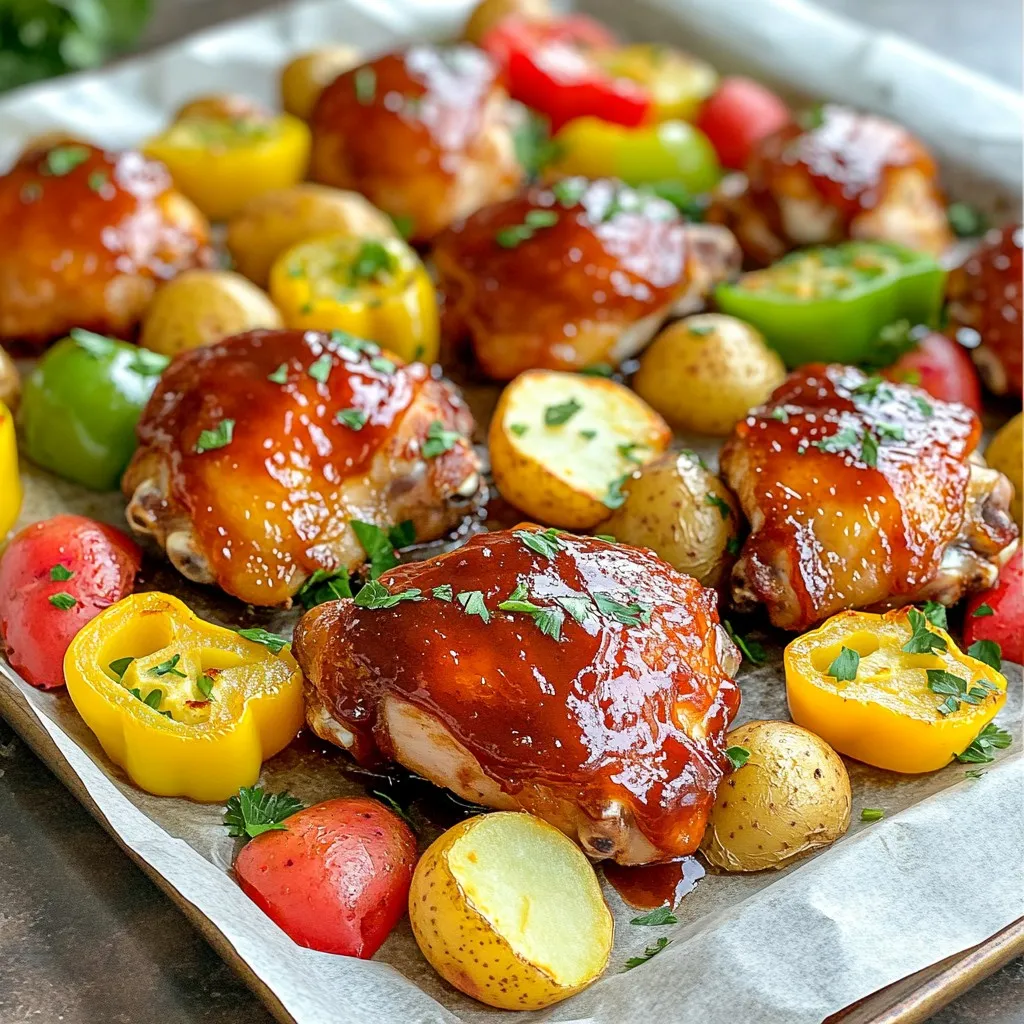 - 4 bone-in chicken thighs, skin-on - 2 tablespoons olive oil - 1 teaspoon smoked paprika - 1 teaspoon garlic powder - 1 teaspoon onion powder - 1 tablespoon brown sugar - 1/2 cup BBQ sauce (sweet and smoky is best) - 1 cup baby potatoes, halved - 1 cup bell peppers (mix red, yellow, and green) - Salt and pepper to taste These main ingredients bring out the sweet and smoky flavor in the dish. The chicken thighs are juicy and flavorful. Olive oil helps the spices stick and adds richness. The spices like smoked paprika and garlic powder give depth to the taste. The brown sugar balances the BBQ sauce's tanginess, enhancing its sweetness. - Salt - Pepper Salt and pepper are essential for seasoning. They elevate the flavors of all the ingredients. Always adjust these to your taste. - Fresh parsley for garnish Fresh parsley adds a touch of color and freshness. It looks great on the plate and enhances the flavor too. You can also drizzle extra BBQ sauce on top before serving for added yum! First, set your oven to 425°F (220°C). This high heat helps the chicken crisp up nicely. Line your sheet pan with parchment paper. This makes cleanup easy and keeps the food from sticking. In a small bowl, mix 2 tablespoons of olive oil with 1 teaspoon of smoked paprika, 1 teaspoon of garlic powder, 1 teaspoon of onion powder, and 1 tablespoon of brown sugar. Add salt and pepper to taste. This blend gives your chicken a sweet and smoky flavor that’s hard to resist. Take 4 bone-in chicken thighs and place them in a large bowl. Pour the marinade over the chicken. Use your hands to rub the marinade all over each piece. Make sure every inch is coated. This step is key for juicy and flavorful chicken. In another bowl, add 1 cup of halved baby potatoes and 1 cup of sliced bell peppers. Drizzle a bit of olive oil over them. Toss with salt and pepper until they are well coated. These veggies will roast beautifully alongside the chicken. Lay the marinated chicken thighs on one side of the prepared sheet pan, skin-side up. On the other side, spread out the baby potatoes and bell peppers. This arrangement helps everything cook evenly and ensures a lovely presentation when serving. Place the sheet pan in the oven and bake for about 30-35 minutes. You want the chicken to reach an internal temperature of 165°F (74°C) and the skin to be crispy. In the last 5 minutes, brush your favorite BBQ sauce over the chicken. This step adds a rich glaze and enhances the flavor. Once done, take the pan out and let it rest for a few minutes. Enjoy the sweet and smoky aroma! To get crispy skin, start with bone-in chicken thighs. The skin keeps the meat moist and adds flavor. When you marinate, make sure to rub the mixture well into the skin. This helps to keep it crispy while baking. Bake at 425°F (220°C) to help the skin get golden and crunchy. Brush on the BBQ sauce in the last five minutes of cooking. This gives the sauce time to caramelize without burning. You can boost the flavor in many ways. Adding smoked paprika gives a deep, smoky taste. If you like a bit of heat, try adding cayenne or chili powder to the marinade. Fresh herbs, like thyme or rosemary, can also elevate the dish. Tossing the veggies in olive oil, salt, and pepper helps them roast well. If you want more sweetness, add a bit of honey to the BBQ sauce. Letting the chicken rest after baking is key. When you pull it from the oven, the juices inside need time to settle. If you cut it too soon, the juices will run out, leaving the meat dry. Resting for about five minutes keeps the chicken tender and juicy. Garnish with fresh parsley for a pop of color and flavor before serving. {{image_2}} You can change the chicken thighs to other meats. Try bone-in chicken breasts for a leaner choice. Chicken wings give a fun bite-sized option. If you want beef, use flank steak or short ribs. For a lighter meal, turkey thighs work great too. Each protein brings a new flavor and texture to the dish. You can mix up the veggies in this recipe. Instead of bell peppers, try zucchini or asparagus for a fresh taste. Carrots add a nice crunch and sweetness. You can use broccoli or green beans for a healthy twist. The key is to choose veggies that roast well in the oven. The type of BBQ sauce can change the dish’s flavor. A spicy sauce adds heat for those who like it bold. A honey BBQ sauce gives a sweeter taste that pairs well with chicken. For a tangy kick, use a vinegar-based sauce. You can even make your own sauce to get creative! After your meal, let the chicken cool down. Place leftovers in an airtight container. This keeps them fresh. Store the container in the fridge. Enjoy your leftovers within three days for the best taste. To reheat, preheat your oven to 350°F (175°C). Place the chicken and veggies on a baking sheet. Cover with foil to keep moisture in. Heat for about 15-20 minutes or until warmed through. This keeps the chicken juicy and the skin crispy. To freeze, first let the chicken cool completely. Wrap each piece in plastic wrap. Then, place them in a freezer bag. Remove as much air as possible to prevent freezer burn. Use within three months for best flavor. When ready to eat, thaw in the fridge overnight before reheating. Cook chicken thighs for 30 to 35 minutes at 425°F (220°C). This time ensures the chicken cooks through and gets crispy. Always check the internal temperature. It should reach 165°F (74°C). Yes, you can use skinless chicken thighs. However, the skin adds extra flavor and crispiness. If you go skinless, reduce the baking time slightly. Check the internal temperature to ensure it's cooked properly. BBQ chicken pairs well with many sides. Here are some great options: - Coleslaw - Corn on the cob - Baked beans - Grilled vegetables - Rice or quinoa These sides enhance the BBQ flavors and make a complete meal. To check if chicken is done, use a meat thermometer. Insert it into the thickest part of the thigh. The chicken is safe to eat when it reaches 165°F (74°C). You can also check for clear juices when you cut into the meat. Yes, you can prepare the chicken and veggies ahead of time. Marinate the chicken and chop the veggies. Store them in the fridge for up to 24 hours. When ready, just bake them as directed. This saves time and makes dinner easy! This guide covered all you need for a perfect sheet pan meal. We explored main ingredients, tips for crispy skin, and tasty variations. Don’t forget to store leftovers properly to enjoy later. Remember, cooking is fun and creative! Use these steps, and you can impress anyone with your delicious dishes. With practice, you’ll master this meal and make it your own. Enjoy your cooking!