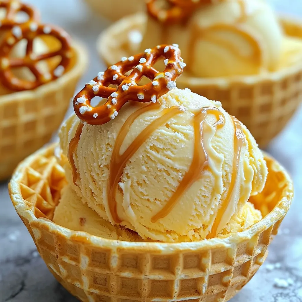 To make this delicious ice cream, you need a few key ingredients: - 2 cups heavy cream - 1 cup sweetened condensed milk - 1 teaspoon vanilla extract - 1 cup salted pretzels, crushed - 1 cup salted caramel sauce (homemade or store-bought) - 1/2 teaspoon sea salt (for garnish) These ingredients work together to create a creamy and crunchy treat. The heavy cream gives a rich base, while the sweetened condensed milk adds sweetness. The pretzels bring a nice crunch, and the salted caramel adds a lovely depth of flavor. While the main ingredients shine, you can add a few extra touches: - A pinch of cinnamon for warmth - Mini chocolate chips for added sweetness - Chopped nuts for a nutty flavor These optional ingredients can enhance your ice cream experience. Feel free to get creative and adjust based on your taste. For the best results, use quality brands: - Heavy cream: Look for brands like Organic Valley or Horizon Organic. - Sweetened condensed milk: Eagle Brand is a classic choice. - Salted caramel sauce: Smucker's or Ghirardelli offer great options. Choosing high-quality ingredients makes a big difference. They add more flavor and make your ice cream even better. Enjoy the process and have fun! To start, gather your ingredients. You need heavy cream, sweetened condensed milk, and vanilla extract. In a large bowl, whip 2 cups of heavy cream. Use an electric mixer at medium-high speed. Beat until stiff peaks form. This will take about 3-5 minutes. In another bowl, combine 1 cup of sweetened condensed milk with 1 teaspoon of vanilla extract. Stir until mixed well. Now, gently fold the whipped cream into the condensed milk mixture. Be careful not to deflate the whipped cream. It should stay light and fluffy. Next, add 1 cup of crushed salted pretzels. Pour in 3/4 cup of salted caramel sauce. Fold these in gently. Make sure the pretzels and caramel are spread evenly throughout the mixture. Transfer the ice cream mixture to an airtight container. Drizzle the remaining salted caramel sauce on top. Cover it with a lid or plastic wrap. Freeze for at least 6 hours or until firm. When ready to serve, sprinkle sea salt on top. For a fun touch, serve scoops in waffle bowls. Drizzle more caramel sauce over the ice cream. Add whole pretzels for a stylish look. Enjoy your creation! To whip cream well, use cold heavy cream. Start with a clean bowl and beaters. Whip on medium-high speed. Watch for stiff peaks, which take about 3-5 minutes. This step adds air for a light texture. If you over-whip, the cream can turn grainy. Stop when you see peaks that hold their shape. Folding is key to keeping your cream light. Use a spatula to scoop the whipped cream. Gently add it to the sweetened condensed milk mix. Move in a circular motion, from the bottom to the top. Don’t stir too hard, or you will lose air. You want a smooth mix without deflating the cream. To store your ice cream, use an airtight container. This prevents ice crystals from forming. Press plastic wrap against the ice cream’s surface before sealing. Freeze it for at least 6 hours until firm. Before serving, let it sit out for a few minutes. This makes scooping easier. Enjoy your creamy treat! {{image_2}} You can mix it up with different flavors. Instead of salted caramel, try chocolate fudge. This gives a rich taste that pairs well with pretzels. You could also use peanut butter instead of caramel. The salty-sweet mix will surprise your taste buds! For a fruity twist, add crushed berries. They add a fresh zing to the creaminess. If you want a vegan version, swap heavy cream for coconut cream. Use a dairy-free sweetened condensed milk as well. This keeps the creaminess without dairy. You can also use maple syrup as a sweetener. It adds a nice hint of flavor while keeping it plant-based. Your friends will love this dairy-free treat! Get creative with toppings! Try adding crushed nuts or chocolate chips. They add crunch and extra flavors. Caramelized bananas work great too. They add sweetness and a fun texture. You can also sprinkle some sea salt on top for an extra salty kick. Don’t be afraid to mix and match! Each scoop can be a new adventure. To store your no-churn salted caramel pretzel ice cream, use an airtight container. This keeps ice crystals out and helps maintain texture. Press a piece of plastic wrap directly on the ice cream's surface before sealing the container. This extra step helps prevent freezer burn. Make sure to only scoop what you need. Close the container quickly after serving to keep it fresh. You can store your no-churn ice cream for about two weeks in the freezer. After that, it may lose flavor and texture. If you notice any ice buildup, it's best to throw it out. For the best taste, aim to enjoy it within the first week. It is at its prime then! Check for changes in texture or flavor. If the ice cream feels grainy or icy, it may have gone bad. Also, look for any off smells or strange colors. If you see these signs, it’s best to toss it. Fresh ice cream should stay creamy and delicious. Enjoy it while it's still great! Yes, you can! If you don’t have an electric mixer, use a whisk. It will take more time and effort, but you can achieve stiff peaks. Just keep whisking until the cream thickens. Use a large bowl to give yourself room to move. You may want to have a friend help you if your arms get tired. You can use coconut cream or full-fat cream cheese. Both options will give you a rich texture. If you use coconut cream, make sure to chill it first. This will help it whip better. For cream cheese, soften it first, then mix it well. You may need to add a little milk for a smoother blend. You can find pre-made salted caramel pretzel ice cream at many grocery stores. Look in the ice cream aisle. Brands like Häagen-Dazs or Ben & Jerry's often have special flavors. You can also check local ice cream shops. They may have their own version. If you want a unique taste, try a smaller brand! You’ve learned how to make no-churn salted caramel pretzel ice cream. I shared essential and optional ingredients to enhance flavor. You now know step-by-step instructions for preparation, mixing, and freezing. Remember tips for whipping cream and storing ice cream. Explore variations like vegan options and flavor mix-ins. With this knowledge, you can create delicious ice cream at home. Enjoy your sweet treat, and share it with friends or family!