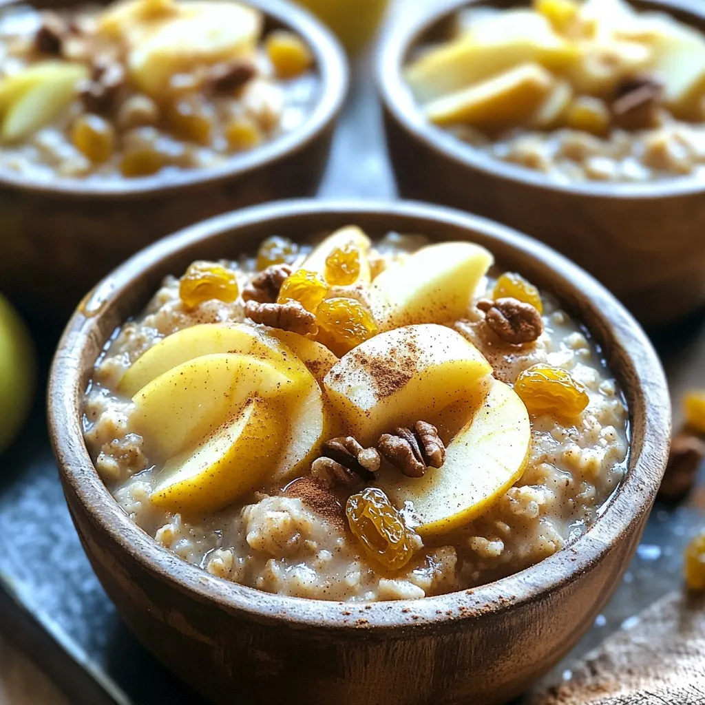 To make this dish, you need: - 2 cups rolled oats - 4 cups unsweetened almond milk (or any milk of choice) - 2 medium apples, peeled and diced (preferably Granny Smith for tartness) - 1/4 cup brown sugar (adjust to taste) - 1 teaspoon ground cinnamon - 1/2 teaspoon vanilla extract - 1/4 teaspoon salt - 1/2 cup raisins or dried cranberries (optional) - Chopped nuts (walnuts or pecans) for topping (optional) Each ingredient adds flavor and texture. The rolled oats form the base, while almond milk makes it creamy. Apples bring natural sweetness and tartness. You can add extra items to make your oatmeal unique. Some great options include: - Raisins or dried cranberries for chewy bites - Chopped nuts like walnuts or pecans for crunch - A splash of maple syrup or honey for added sweetness Feel free to mix and match these options to suit your taste. Choosing the right apples is key for great flavor. Here are some tips: - Look for firmness: Select apples that feel hard and not soft. - Choose tart varieties: Granny Smith apples work well for their tartness. - Check for freshness: Pick apples with bright skin and no bruises. These tips help you pick apples that will enhance the dish. Enjoy your cooking adventure! First, gather all your ingredients. You need: - 2 cups rolled oats - 4 cups unsweetened almond milk - 2 medium apples, peeled and diced - 1/4 cup brown sugar - 1 teaspoon ground cinnamon - 1/2 teaspoon vanilla extract - 1/4 teaspoon salt - 1/2 cup raisins or dried cranberries (optional) - Chopped nuts (optional) Start by peeling and dicing the apples. I prefer Granny Smith apples for their tartness. Next, measure out the rolled oats and the almond milk. This almond milk keeps the dish creamy and adds a nice flavor. Now, it's time to cook! In your slow cooker, combine the oats, almond milk, diced apples, brown sugar, ground cinnamon, vanilla extract, and salt. Stir the mixture well. This helps mix all the flavors together. If you want more sweetness, add the optional raisins or dried cranberries. After mixing, cover the slow cooker. Set it to low heat for about 6 to 7 hours. The oatmeal will thicken nicely during this time. Once the cooking is done, give the oatmeal a good stir. This fluffs it up and makes it even better. When serving, use warm bowls. You can top the oatmeal with chopped nuts for some crunch. A drizzle of honey or maple syrup adds sweetness. For a nice touch, sprinkle a little extra cinnamon on top. You can also add a few apple slices for color. This makes the dish look great and taste even better! When making Slow Cooker Cinnamon Apple Oatmeal, avoid these errors: - Skipping the stirring step: Mixing well ensures even cooking. - Not measuring ingredients: Use precise amounts for the best taste. - Choosing the wrong apples: Use tart apples like Granny Smith. They hold up well. - Overcooking: Keep an eye on the time. Oatmeal gets too thick if left too long. To get the right texture, follow these tips: - Use the right oats: Rolled oats work best for creamy oatmeal. - Adjust liquid amounts: If you like it thinner, add more almond milk. - Check during cooking: Stir halfway through to prevent sticking. - Let it rest: After cooking, let it sit for a few minutes. This helps thicken it. Boost the taste and feel of your oatmeal with these ideas: - Add spices: A pinch of nutmeg or ginger adds warmth. - Use different sweeteners: Try maple syrup or honey for a unique twist. - Mix in nuts: Chopped walnuts or pecans add crunch and richness. - Top with fresh fruit: Slices of apple or berries make it pretty and fresh. These tips will help you create a delightful and creamy oatmeal dish that is sure to please! {{image_2}} You can change the sweeteners in this oatmeal. Instead of brown sugar, try maple syrup or honey. Both bring a nice flavor. You can also use coconut sugar for a lower glycemic index. For dairy, almond milk works great, but you can use oat milk or soy milk too. Each option gives a unique twist to the oatmeal’s taste. This recipe is flexible with fruits and nuts. While apples shine in this dish, you can mix in bananas or pears for different flavors. Berries add a nice pop of color and taste. As for nuts, walnuts and pecans are great, but try almonds or hazelnuts too. They give a nice crunch and extra nutrition. Making this meal vegan is simple. Just stick to almond milk or any plant-based milk. The recipe is already vegan if you skip the optional toppings. For gluten-free options, ensure you use certified gluten-free oats. This way, you can enjoy a safe and tasty bowl of oatmeal without worry. To keep your oatmeal fresh, let it cool first. Use a clean container with a lid. You can store it in the fridge for up to five days. This dish stays tasty and ready when you want it. To reheat the oatmeal, scoop out the portion you need. Place it in a bowl and add a splash of milk. Microwave it for one to two minutes. Stir it halfway to heat evenly. You can also warm it on the stove over low heat. Just add a bit of water or milk while stirring. If you want to save some for later, freezing works well. Scoop portions into freezer-safe bags or containers. Press out as much air as you can. Label the bags with the date. You can freeze it for up to three months. When you're ready to eat, thaw it in the fridge overnight. Reheat it as mentioned above. Enjoy your warm oatmeal anytime! Yes, you can use steel-cut oats. They need more time to cook. Set your slow cooker for about 8 to 9 hours. The texture will be chewier and heartier than rolled oats. Adjust the liquid to about 4.5 cups to ensure it cooks well. To make your oatmeal creamier, use more milk. Add an extra cup of almond milk or any milk you prefer. You can also stir in some yogurt after cooking. This adds richness and a nice tang. Toppings can make your oatmeal special. Try adding chopped walnuts or pecans for crunch. A drizzle of honey or maple syrup adds sweetness, too. You can also sprinkle extra cinnamon or add fresh apple slices. Enjoying different toppings keeps breakfast fun! In this blog post, we explored how to make Slow Cooker Cinnamon Apple Oatmeal. We covered key ingredients, optional additions, and tips for choosing the best apples. You learned the step-by-step process, serving ideas, and common mistakes to avoid. We also discussed variations, storage tips, and answered frequently asked questions. It’s easy to customize this recipe to match your taste. Enjoy warm, delicious oatmeal anytime, knowing you have a great meal ready! Start cooking today for a cozy breakfast experience.