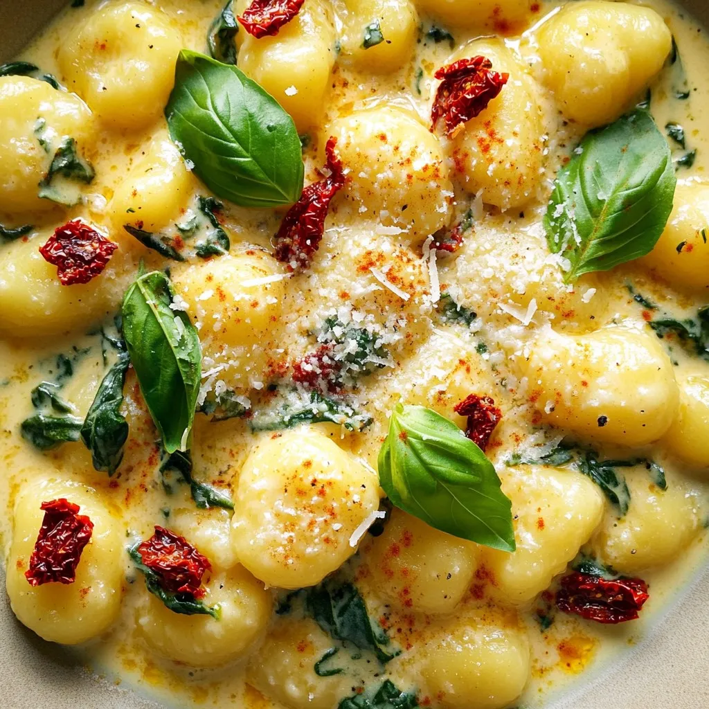 - 1 pound potato gnocchi - 1 cup heavy cream - 1/2 cup sun-dried tomatoes, chopped - 2 cups fresh spinach, roughly chopped - 1/2 cup grated Parmesan cheese - 2 tablespoons olive oil - 3 cloves garlic, minced - 1 teaspoon Italian seasoning - Salt and pepper to taste - Fresh basil leaves for garnish In this recipe, each ingredient plays a key role. The potato gnocchi gives the dish its base. You can use fresh or packaged gnocchi; both work well. Heavy cream adds richness and smoothness to the sauce. Sun-dried tomatoes bring a burst of flavor. They add a sweet and earthy taste that shines when mixed with the cream. Fresh spinach adds a pop of color and nutrients. Parmesan cheese is essential for that savory touch. It melts into the sauce, making it creamy and savory. Olive oil is key for sautéing garlic, which gives a fragrant base. Garlic adds depth and flavor to the dish. Italian seasoning brings warmth and some herbal notes. Finally, salt and pepper enhance all the flavors. The fresh basil leaves at the end brighten up the dish and add freshness. These ingredients come together to create a delicious one-pot meal that is sure to impress. To start, heat 2 tablespoons of olive oil in a large pot over medium heat. Add 3 cloves of minced garlic. Sauté for about 1 minute. You want the garlic to smell good but not burn. Next, stir in 1/2 cup of chopped sun-dried tomatoes and 1 teaspoon of Italian seasoning. Cook this mixture for another 2 minutes. This allows the flavors to blend nicely. Now, pour in 1 cup of heavy cream. Bring it to a gentle simmer, stirring often. Then, add 1/2 cup of grated Parmesan cheese. Whisk it all together until the cheese melts. This step is key for a smooth, creamy sauce. Add 1 pound of potato gnocchi to the pot. Stir to coat the gnocchi with the creamy sauce. Cook for about 5 to 7 minutes. You’ll know it’s ready when the gnocchi floats to the top and is tender. Then, fold in 2 cups of roughly chopped spinach. Cook for an additional 2 to 3 minutes until the spinach wilts. If the sauce is too thick, add a splash of water to reach your preferred consistency. Finally, season with salt and pepper to taste. Let the dish sit for a couple of minutes, covered, to thicken if needed. Enjoy your creamy sun-dried tomato gnocchi! Choosing the right type of gnocchi I prefer potato gnocchi for its light texture. Fresh gnocchi cooks faster and tastes great. Packaged gnocchi works well too. Just check the cooking time on the package. Adjusting creaminess and thickness For a creamier sauce, add more heavy cream. If you want it thicker, use less. Sometimes, I add a splash of pasta water if the sauce gets too thick. It helps keep the dish smooth and tasty. Pairing with beverages A light white wine pairs well with the creamy flavors. Try a Sauvignon Blanc or Pinot Grigio. If you prefer a non-alcoholic option, sparkling water with lemon is refreshing. Adding protein options You can add cooked chicken or shrimp for extra protein. Tofu is a good choice for a vegetarian option. Just cook it separately and mix it in at the end for a hearty meal. {{image_2}} You can add more greens to this dish for extra nutrition. Consider kale, arugula, or broccoli. These veggies boost flavor and color. Just chop them up and add them in the last few minutes of cooking. This way, they stay bright and fresh. If you have dietary needs, you can swap ingredients easily. Try gluten-free gnocchi if you need it. You can also use almond or coconut cream for a dairy-free option. Remember to check the labels for added sugars or preservatives. You can explore other sauces to change the taste of this dish. For a tangy kick, try a lemon cream sauce. Just add fresh lemon juice and zest to the heavy cream. It adds brightness and pairs well with the sun-dried tomatoes. Another option is to use a pesto sauce. It brings a fresh herb flavor that contrasts nicely with the creamy base. Just blend basil, garlic, and nuts with olive oil. You can mix it in after the gnocchi cooks. This gives your meal a whole new flavor profile. To keep your creamy sun-dried tomato gnocchi fresh, store it properly. First, let the dish cool to room temperature. Then, transfer it to an airtight container. You can refrigerate it for up to three days. Make sure to keep it sealed to avoid drying out. If you want to store it longer, consider freezing. You can freeze gnocchi in sauce for up to three months. Just place it in a freezer-safe container. Remember to leave some space for expansion. When it’s time to enjoy your gnocchi again, reheating is key. For the best results, use the stove. Place the gnocchi in a pan over low heat. Add a splash of water or cream to keep it moist. Stir often until warmed through. This helps maintain the creamy texture. If you prefer the microwave, use a microwave-safe dish. Cover it with a lid or microwave-safe wrap. Heat in short bursts, stirring in between. This method works, but it may not keep the texture as nice as the stove. Enjoy your meal just like it was made fresh! How long does it take to make creamy sun-dried tomato gnocchi? It takes about 25 minutes to make creamy sun-dried tomato gnocchi. You spend 10 minutes prepping and 15 minutes cooking. This makes it a great choice for a quick meal. Can I use a different type of cheese? Yes, you can use different cheeses. Mozzarella or goat cheese work well. They give a nice flavor and texture. Just keep in mind that the taste will change. Is it possible to make this recipe vegan? You can make this dish vegan. Replace heavy cream with coconut cream or a cashew cream. Use nutritional yeast instead of cheese. This keeps the creamy texture and adds a cheesy flavor. Can I prepare this dish ahead of time? You can prepare some parts ahead. Cook the gnocchi and sauce separately. When ready to eat, combine them. This helps keep the gnocchi from getting mushy. What if I have leftover ingredients? If you have leftovers, store them in an airtight container. You can use extra sun-dried tomatoes or spinach in salads. Save the cream sauce for pasta or another dish. This prevents waste and inspires new meals. In this post, we explored how to make creamy sun-dried tomato gnocchi. We covered the key ingredients and step-by-step instructions for a delicious dish. I shared tips to perfect your recipe and variations to consider. Proper storage techniques help keep leftovers fresh. Cooking can be fun and creative. I encourage you to try this dish and make it your own! Enjoy a hearty meal that warms the soul.
