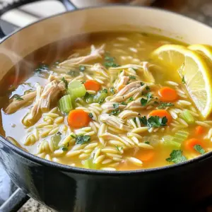 - 1 tablespoon olive oil - 1 medium onion, diced - 2 cloves garlic, minced - 2 carrots, sliced - 2 celery stalks, sliced - 1 pound boneless, skinless chicken breasts - 8 cups chicken broth When I make this One-Pot Greek Lemon Chicken Soup, I start with a base of fresh ingredients. First, I heat olive oil in my pot. Then, I add a diced onion and let it cook until soft. This takes about three to five minutes. Next, I mix in minced garlic, sliced carrots, and sliced celery. I sauté these vegetables for another five minutes, which makes the kitchen smell amazing. Once the veggies are tender, I add one pound of boneless, skinless chicken breasts to the pot. Then, I pour in eight cups of chicken broth. This creates a warm, flavorful base for the soup. - 1 cup uncooked orzo pasta - 1 teaspoon dried oregano - Salt and fresh ground pepper, to taste - Juice of 2 lemons - Zest of 1 lemon After the chicken cooks, I stir in one cup of uncooked orzo pasta. I add a teaspoon of dried oregano and season with salt and pepper. The orzo adds heartiness to the soup while the oregano brings in a lovely earthy flavor. To make it bright and refreshing, I squeeze in the juice of two lemons and add the zest of one lemon. This adds a zesty kick that wakes up the dish. - 2 eggs (for a creamy texture, optional) - 1 bunch fresh parsley, chopped If I want my soup to be creamier, I whisk two eggs in a bowl. I slowly drizzle in a ladle of hot soup while whisking. Then, I mix this back into the pot. It makes the soup so rich! Lastly, I stir in a bunch of chopped fresh parsley. It adds color and freshness to each bowl. This soup is all about layering flavors and textures. Each ingredient plays a role in making this dish a cozy meal. 1. First, heat the olive oil in a large pot over medium heat. 2. Add the diced onion and cook it until soft, around 3 to 5 minutes. 3. Next, stir in the minced garlic, carrots, and celery. Sauté them for about 5 minutes. The veggies should feel tender. 4. Now, add the boneless chicken breasts to the pot. Pour in the chicken broth. 5. Bring this mixture to a boil over high heat. 6. Once it boils, reduce the heat to low. Let it simmer for about 20 minutes, or until the chicken is fully cooked. 7. After that, remove the chicken from the pot. Shred it using two forks. This helps it mix well with the soup. 8. Return the shredded chicken to the pot. 9. Add the uncooked orzo pasta and dried oregano. Simmer the soup for another 10 minutes. The orzo should be cooked al dente. 10. Season the soup with salt and pepper to taste. Then stir in the lemon juice and zest for a bright flavor. 11. (Optional) If you want a creamy texture, whisk the eggs in a bowl. Slowly drizzle in a ladle of hot soup while whisking. 12. Gradually mix this egg mixture back into the pot. 13. Finally, stir in the chopped parsley before serving. This soup is a warm hug in a bowl. Enjoy the flavors! To keep the orzo from getting mushy, cook it separately. This way, it retains its bite. You can add it to the soup just before serving. For seasoning, always taste as you go. A bit of salt can enhance the flavors. Adjust pepper to your liking for that perfect balance. For a nice touch, serve the soup in deep bowls. Garnish with fresh parsley for color. Add lemon wedges on the side for an extra zing. Pair this soup with crusty bread for a complete meal. A simple salad on the side can also complement the soup well. Adjust the cook time based on your chicken's thickness. Thinner pieces may cook faster than thicker ones. If you meal prep, you can make this soup in advance. It warms up well and tastes even better the next day. Store it in airtight containers for easy reheating. {{image_2}} You can change the soup by using different vegetables. Try adding spinach, peas, or bell peppers for new flavors. Fresh herbs like dill or thyme can also brighten the dish. If you want to swap chicken, think about using turkey or even shrimp. Tofu works great for a plant-based option. Just adjust the cooking time to ensure everything cooks well. To make this soup gluten-free, replace orzo with quinoa or rice. Both options add good texture without gluten. For vegan needs, simply replace the chicken and use vegetable broth. You could add chickpeas for protein. This keeps the soup hearty and filling. Kick up the flavor with spices. A pinch of red pepper flakes adds heat. You can also try garlic powder or smoked paprika for more depth. Toppings can make the soup special. Consider adding croutons for crunch or a dollop of yogurt for creaminess. Fresh lemon slices can also give a vibrant finish. Store your One-Pot Greek Lemon Chicken Soup in an airtight container. This keeps the soup fresh and flavorful. Make sure it cools to room temperature before sealing. In the fridge, it stays good for about 3 to 4 days. Always check for any off smells or changes in texture before eating. For freezing, let the soup cool completely first. Pour it into freezer-safe bags or containers, leaving some space for expansion. Label the bags with the date. The soup can last up to 3 months in the freezer. When you’re ready to eat, thaw it in the fridge overnight. To reheat, warm it gently on the stove over low heat. Stir often to keep it from sticking. You can add a splash of broth or water if it seems too thick. This will help maintain the soup's creamy texture. To reheat the soup for the best texture, use the stove rather than the microwave. Heat it slowly and stir regularly. If the soup is too thick after freezing, add more broth. This will help bring it back to its original creamy state. Enjoy your delightful soup warm, garnished with fresh parsley! If you want a gluten-free option, try rice or quinoa. Both work well in this soup. You can also use small pasta shapes, like ditalini or small shells. They add fun texture. Just remember to adjust cooking times, as they may differ from orzo. Yes, you can add shrimp or tofu for variety. Shrimp cooks quickly and adds a nice flavor. Tofu can soak up the broth nicely if you press it first. You could also add canned beans for a hearty touch. Just make sure to heat them through before serving. To prep in advance, make the soup without the orzo. Store it in the fridge for up to three days. When ready to eat, reheat and add the orzo. This keeps the pasta from getting mushy. You can also freeze the soup in portions for later use. Just remember to thaw it overnight before reheating. This blog post guide gives you everything to make a tasty, hearty soup. We covered the key ingredients like chicken, fresh veggies, and orzo pasta. You learned step-by-step how to prepare the soup, keep the orzo from getting mushy, and add special touches. Plus, we explored tasty variations and smart storage tips. Use these ideas to create your own meals and enjoy cooking. With practice, you'll make this soup your own and wow your guests!