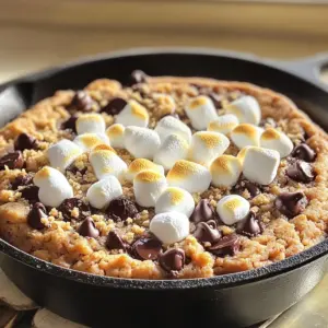 Gathering the right ingredients is key to making the best S’mores Skillet Cookie. You’ll need to have everything measured and ready. Here’s what you will need: - 1 cup unsalted butter, softened - 1 cup brown sugar, packed - ½ cup granulated sugar - 2 large eggs - 2 teaspoons vanilla extract - 2 ½ cups all-purpose flour - 1 teaspoon baking soda - ½ teaspoon salt - 1 cup chocolate chips (semi-sweet or milk chocolate) - 1 cup mini marshmallows - ½ cup graham cracker crumbs - Optional toppings: additional chocolate and graham crackers Let’s break down these ingredients. The butter gives the cookie a rich flavor and soft texture. Brown sugar adds moisture and a hint of caramel taste. The granulated sugar helps to sweeten and balance the flavors. Eggs bind everything together, creating a chewy cookie. Vanilla extract adds warmth and depth. Flour is the base, giving structure. Baking soda helps the cookie rise, making it soft. Salt balances the sweetness and enhances the flavors. Now, we get to the fun part. Chocolate chips and mini marshmallows make this cookie a S’mores delight. The graham cracker crumbs add that classic S’mores crunch. If you want to go the extra mile, top with more chocolate and graham crackers for a sweet finish. First, preheat your oven to 350°F (175°C). This step is key for even baking. Next, take a large mixing bowl. Add 1 cup of softened unsalted butter, 1 cup of brown sugar, and ½ cup of granulated sugar. Cream these ingredients together until they are light and fluffy. This process adds air and makes your cookie soft. Then, incorporate 2 large eggs one at a time. Stir in 2 teaspoons of vanilla extract after mixing in the eggs. This adds a warm flavor that pairs well with chocolate. Now, grab a separate bowl. In this bowl, mix 2 ½ cups of all-purpose flour, 1 teaspoon of baking soda, and ½ teaspoon of salt. Whisk these dry ingredients together well. Gradually add the dry mix into your wet ingredients. Stir until just combined. Avoid over-mixing, or your cookie will be tough. Next, fold in 1 cup of chocolate chips and half of your 1 cup of mini marshmallows. Reserve the rest of the marshmallows for later. Grease a 12-inch cast-iron skillet or an oven-safe baking dish. Press the cookie dough mixture evenly into the skillet. Sprinkle the reserved mini marshmallows and extra chocolate chips on top. Bake the cookie in your preheated oven for 25-30 minutes. The edges should be golden brown, while the center remains gooey. Once baked, remove it from the oven and let it cool for 5-10 minutes before serving. For a toasted marshmallow effect, broil it briefly while keeping a close watch. To get that gooey center, slightly under-bake the cookie. Aim for 25 minutes of baking time. The edges should look golden, but the center should still be soft. It will firm up as it cools. For a toasted marshmallow effect, broil the cookie briefly. After baking, switch your oven to broil. Watch closely as the marshmallows turn golden. This step adds a fun twist to your treat. Serve your s'mores skillet cookie warm. Top it with a scoop of vanilla ice cream. The cold ice cream pairs nicely with the warm cookie. Garnish with graham cracker crumbs around the edge. This adds a nice crunch and a pretty look. You can sprinkle some extra chocolate chips on top too. For this recipe, I recommend a 12-inch cast-iron skillet. It ensures even baking and adds flavor. If you don’t have one, use an oven-safe baking dish. You will also need mixing bowls and utensils. A large bowl for mixing wet ingredients, and a whisk for the dry ones are essential. A spatula helps fold in the chocolate and marshmallows. {{image_2}} You can easily change the flavor of your S’mores Skillet Cookie. Adding peanut butter chips gives it a rich taste. You can also mix in some nuts, like walnuts or pecans, for a crunch. Feel free to swap the chocolate too. Try dark chocolate for a deeper flavor. White chocolate offers a sweet twist. You can even mix different types for fun layers of taste. If you need gluten-free options, use gluten-free flour. It works well in this recipe. You can also find gluten-free graham crackers for the crust. For vegan options, use plant-based butter and flax eggs. To make a flax egg, mix 1 tablespoon of ground flaxseed with 3 tablespoons of water. Let it sit for a few minutes to thicken. Serving this cookie warm is a must. Add a scoop of vanilla ice cream on top for a sweet touch. Drizzle chocolate sauce over it for extra flavor. You can create a s’mores-themed dessert platter. Include graham crackers, chocolate bars, and roasted marshmallows. This makes for a fun, interactive dessert experience at your next gathering. To keep your S’mores Skillet Cookie fresh, store it in an airtight container. This helps to keep moisture in and prevents it from drying out. Place the cookie in the fridge if you won’t eat it all in one sitting. It will stay fresh for about three days. To enjoy that gooey texture again, reheating is key. The best way to reheat is in the oven. Preheat it to 350°F (175°C). Place the cookie back in for about 5-10 minutes. This warms it up without drying it out. If you use the microwave, heat it in 15-second bursts. Be careful not to overheat, or the cookie will lose its soft touch. If you want to save some for later, freezing works great too. Cut the cookie into pieces and wrap them tightly in plastic wrap. Then, place the wrapped pieces in a freezer bag. They can stay good for up to three months. To defrost, simply take them out and let them sit at room temperature for a few hours or microwave them for a few seconds. Use a freezer-safe container to protect them from freezer burn. Yes, you can make this cookie ahead of time. After baking, let it cool. Store it in an airtight container. It will stay fresh for about three days at room temperature. For reheating, place it in a 350°F oven for about 10 minutes. This keeps the cookie warm and gooey. You can also microwave a slice for about 20 seconds. This method works well too! If you don't have graham crackers, try using crushed cookies. Vanilla wafers or digestive biscuits work great. They give a nice flavor and texture. You can also use almond flour or oats for a gluten-free crust. Just make sure to adjust the amount of butter to keep it moist. Yes, you can use other types of skillets. A non-stick pan or a glass baking dish works well too. Just ensure it is oven-safe. The baking time may vary slightly. Keep an eye on it while it bakes. You want that perfect gooey center! This blog post covered everything you need for a fun dessert. We explored the ingredients, steps, and tips for making a great s'mores skillet treat. You can customize it with different flavors or dietary needs. Remember, under-baking gives that perfect gooey texture. Store your leftovers properly to enjoy later. Whether with ice cream or just by itself, this recipe is sure to please. Bake and share this delightful treat with friends and family for the best experience!