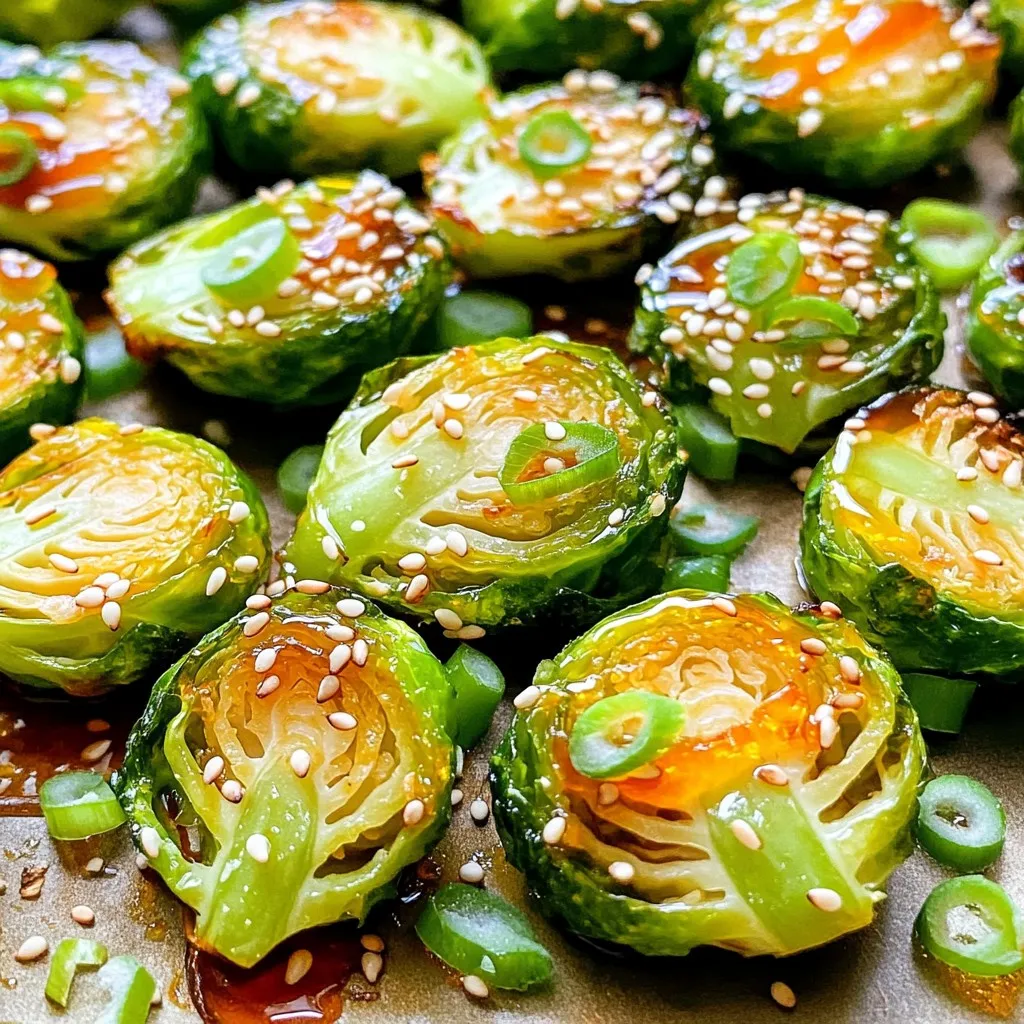 - 1 pound Brussels sprouts, trimmed and halved - 3 tablespoons honey - 2 tablespoons Sriracha sauce - 2 tablespoons olive oil For this recipe, Brussels sprouts are the star. They offer a nutty flavor when roasted. Honey and Sriracha bring both sweetness and heat. I use olive oil to help the sprouts crisp up nicely. - 1 teaspoon garlic powder - 1 teaspoon onion powder - Salt and pepper to taste Seasonings add depth to the flavor. Garlic powder gives an aromatic touch. Onion powder adds a sweet, savory note. Salt and pepper balance the flavors, making them pop. - 2 tablespoons sesame seeds - 2 green onions, sliced Garnishes are key for presentation. Sesame seeds add a crunch and mild nutty flavor. Sliced green onions provide a fresh and bright finish to each bite. Together, they make your dish inviting and eye-catching. - Preheat your oven to 400°F (200°C). This heat helps the sprouts get crispy. - Take 1 pound of Brussels sprouts. Trim off the ends and cut them in half. - In a large bowl, mix the halved sprouts with 2 tablespoons of olive oil. Add 1 teaspoon of garlic powder, 1 teaspoon of onion powder, and some salt and pepper. Toss until all sprouts are well coated. - In a small bowl, combine 3 tablespoons of honey with 2 tablespoons of Sriracha. Whisk until it looks smooth. - Spread the seasoned Brussels sprouts on a baking sheet lined with parchment paper. Roast them for 20-25 minutes. Stir halfway through for even cooking. - After the sprouts are tender and golden, take them out. Drizzle the honey Sriracha mix over the sprouts. Toss to coat them well. - Put the sprouts back in the oven for another 5-7 minutes. This helps the sauce caramelize. Enjoy the sweet and spicy aroma as they roast! To get even roasting, make sure to spread the Brussels sprouts out. Leave space between them on the baking sheet. This allows hot air to circulate. Stir them halfway through cooking to help them brown evenly. Check for doneness by looking for a golden color. The sprouts should be tender when pierced with a fork. If they are not tender, give them a few more minutes. You can boost flavor by adding more spices. Consider using paprika or chili powder for extra heat. A squeeze of lemon juice adds brightness. You could also try lime for a different twist. Adding acidity brings balance to the dish. A splash of vinegar can do wonders. Try rice vinegar for a milder taste. Honey Sriracha Brussels sprouts pair well with grilled chicken or fish. They also complement rice or quinoa nicely. You can serve them warm or at room temperature. For a beautiful presentation, use a white plate. This makes the green sprouts pop. Garnish with sesame seeds and green onions for a colorful finish. {{image_2}} You can swap Brussels sprouts for other veggies. Broccoli, cauliflower, or green beans work great. Just remember, cooking times may change. If you want to try different sauces, use sweet chili sauce or teriyaki. Maple syrup is a nice sweetener too. It gives a different flavor but keeps it tasty. You can make this dish on the stovetop. Heat a pan over medium heat and add the Brussels sprouts. Cook them for about 10 to 15 minutes, stirring often. Add the sauce at the end to coat. The air fryer is also a great choice. Set it to 375°F (190°C). Cook the Brussels sprouts for about 15 minutes. Shake the basket halfway through for even cooking. Toss in the sauce at the end. For a vegan option, use agave syrup instead of honey. This keeps the dish plant-based and still sweet. If you need it gluten-free, check your Sriracha brand. Most are gluten-free, but it’s good to double-check. All other ingredients are naturally gluten-free. To keep your Honey Sriracha Brussels sprouts fresh, place them in an airtight container. Store them in the fridge for up to three days. This will help maintain their flavor and texture. Make sure they cool down before sealing. If they are too hot, they can create steam, which makes them soggy. If you want to save them for later, freezing is a good option. First, cool the Brussels sprouts completely. Spread them out on a tray in a single layer. Freeze them for about an hour. This helps them freeze individually. Then, transfer them to a freezer bag or container. They can last up to three months in the freezer. When ready to eat, thaw them in the fridge overnight. To reheat your Brussels sprouts, use the oven for the best results. Preheat the oven to 375°F (190°C). Spread the sprouts on a baking sheet and bake for about 10-15 minutes. This keeps them crispy. You can also use an air fryer if you have one. Cook them at 350°F (175°C) for 5-10 minutes. Both methods help restore their crunchiness while warming them through. You can use other hot sauces if you like. Try chili garlic sauce for a similar taste. You can also mix hot sauce with honey to mimic the sweet and spicy flavor. If you want less heat, consider using sweet chili sauce. This sauce offers flavor without the spice kick. Brussels sprouts are done when they are golden brown and tender. You can poke them with a fork to check for softness. If the fork goes in easily, they are ready. Remember to stir them halfway through roasting for even cooking. Yes, you can prepare the Brussels sprouts ahead of time. Toss them with olive oil and seasonings, then store them in the fridge. You can also make the honey Sriracha sauce earlier. Just combine it and keep it in a sealed jar. When you're ready, roast the sprouts and add the sauce. We explored how to make tasty Honey Sriracha Brussels sprouts. You learned about the key ingredients like Brussels sprouts and the perfect blend of honey and Sriracha. I shared tips for roasting them to golden perfection and ideas for upgrades. You can also try variations using different sauces or cooking methods. Finally, I included storage tips for keeping them fresh. Enjoy your cooking adventure with this flavorful dish!