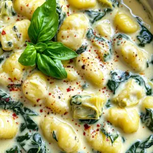 - 1 package (16 oz) potato gnocchi - 2 tablespoons olive oil - 1 cup frozen spinach, thawed and drained - 1 cup canned artichoke hearts, chopped Potato gnocchi serves as the heart of this dish. It is soft and pillowy, making it a perfect base. Olive oil adds richness and helps sauté the garlic. Frozen spinach brings green color and nutrients, while canned artichoke hearts add a unique flavor. - 1 cup cream cheese, softened - 1/2 cup heavy cream - 1/2 cup grated Parmesan cheese Cream cheese gives the dish a rich, creamy texture. Heavy cream enhances the sauce's smoothness, while grated Parmesan cheese adds a salty kick. - 2 cloves garlic, minced - 1/4 teaspoon crushed red pepper flakes (optional) - Fresh basil or parsley for garnish Garlic adds a robust flavor to the sauce. If you like a little heat, crushed red pepper flakes will do the trick. Fresh basil or parsley brightens the dish and makes it look beautiful. This combination of ingredients creates a hearty and flavorful meal. Each component plays a vital role in making creamy spinach artichoke gnocchi a tasty dinner idea. Boiling Gnocchi Start with a large pot of salted water. Bring it to a boil. Add the potato gnocchi and cook them until they float. This usually takes about 2-3 minutes. Floating means they are ready! Draining and Setting Aside Carefully drain the gnocchi in a colander. Let them sit while you prepare the sauce. This step helps keep the gnocchi from getting soggy. Sautéing Garlic and Vegetables In a large skillet, heat 2 tablespoons of olive oil over medium heat. Add 2 minced garlic cloves and sauté for about 1 minute. You want it fragrant but not brown. Next, stir in 1 cup of thawed and drained spinach and 1 cup of chopped artichoke hearts. Cook these for 2-3 minutes, mixing them well. Incorporating Cream Cheese and Heavy Cream Lower the heat and add 1 cup of softened cream cheese. Stir continuously until it melts into the mixture. Then, pour in 1/2 cup of heavy cream. Keep mixing until you have a smooth, creamy sauce. Add 1/2 cup of grated Parmesan cheese and stir until it melts. Season with crushed red pepper flakes, salt, and pepper to taste. Adding Gnocchi to Sauce Gently add the cooked gnocchi to the creamy sauce. Use a spatula to fold the gnocchi into the sauce, making sure they are well coated. Simmering the Dish Let the dish simmer on low heat for 2-3 minutes. This helps the flavors blend together. Once heated through, it’s ready to serve! Garnish with fresh basil or parsley for a lovely finish. - Proper Heat Management: Keep your heat on medium. Too high can burn the garlic or sauce. You want a gentle simmer, not a boil. This helps blend the flavors well. - Incorporating Ingredients Gradually: Add the cream cheese first. Stir it in slowly. This makes it easier to melt. After that, pour in the heavy cream bit by bit. This keeps your sauce smooth. - Options for Extra Seasoning: Try adding lemon juice or zest for brightness. A pinch of nutmeg can also enhance the dish. You can also add more crushed red pepper for heat. - Suggested Garnishes: Fresh herbs like basil or parsley add color and flavor. You can sprinkle some extra Parmesan on top too. This makes the dish look more appealing. - Best Practices for Cooking Gnocchi: Always boil in salted water. This helps season the gnocchi as they cook. Only cook them until they float. This usually takes about 2-3 minutes. - Avoiding Common Mistakes: Don’t overcrowd the pot with gnocchi. This can lead to uneven cooking. Also, be careful not to let the sauce boil. It can separate and lose its creaminess. {{image_2}} You can easily make this dish vegan. Use dairy-free cream cheese instead of regular cream cheese. Many brands offer great taste. Look for options made from nuts or soy. They blend well into your sauce. For a creamy texture, try using plant-based milk or cashew cream. These alternatives add a nice depth. They also keep the dish rich. To make this meal heartier, consider adding chicken or shrimp. Cook them separately first, then mix them into the creamy sauce. This adds great protein and flavor. If you want meatless options, try chickpeas or lentils. They are healthy and filling. Plus, they soak up the flavors of the sauce. Adding other vegetables can enhance your dish. Try bell peppers, mushrooms, or zucchini for extra taste and texture. Just sauté them with the garlic. You can also switch up the cheese. Use mozzarella or goat cheese for a different flavor. Each cheese brings its own unique taste, making your dish exciting. - Refrigeration Guidelines: To store leftovers, place the gnocchi in an airtight container. It will stay fresh in the fridge for up to three days. Keep it sealed to prevent drying out. - Freezing Instructions: If you want to freeze, use a freezer-safe container. It can last for up to three months. Make sure to label the container with the date. - Best Methods for Reheating: For reheating, the stovetop works best. Place the gnocchi in a pan over low heat. Stir gently to heat evenly. You can add a splash of cream or water to help the sauce. - Maintaining Creaminess: To keep it creamy, avoid high heat. Gradually warm the dish while stirring. This helps maintain that smooth texture you love. - How Long Does it Last?: When stored properly, the dish lasts about three days in the fridge and three months in the freezer. - Signs of Spoilage: Look for changes in color or smell. If the gnocchi seems dry or has an off smell, it's best to throw it away. Always prioritize safety when storing food. Yes, you can use homemade gnocchi. Advantages of Homemade Gnocchi Homemade gnocchi has a light and fluffy texture. You can customize flavors, like adding herbs or spices. Plus, it can be a fun cooking project. Tips for Making Your Own Use high-quality potatoes for a better taste. Cook them until soft. Mash the potatoes well to avoid lumps. Mix in flour and egg to form a dough. Roll it into ropes and cut into small pieces. You can serve many side dishes with this gnocchi. Suggested Side Dishes A fresh salad pairs well. Try a simple mixed greens salad with lemon vinaigrette. Garlic bread is also a great option. It adds a crunchy, buttery flavor. Complementary Flavors Serve with roasted vegetables like zucchini or bell peppers. They add color and balance the creaminess. A light, crisp white wine enhances the dish as well. Yes, this dish is great for meal prep. Tips for Preparing Ahead Cook the gnocchi and sauce separately. Store them in airtight containers. This keeps the gnocchi from getting mushy. Storing and Reheating for Meal Prep Store in the fridge for up to three days. To reheat, warm the sauce and add the gnocchi. This way, you maintain the creamy texture. This dish combines simple ingredients like gnocchi, spinach, and artichokes to create tasty comfort food. You learned how to prepare a creamy sauce and combine it with the gnocchi. I shared tips to make your sauce perfect and ideas for variations, too. Remember, cooking is about experimenting. Don’t hesitate to add your twist. Enjoy this dish with family or friends, and savor every bite. Your kitchen adventure is just beginning!