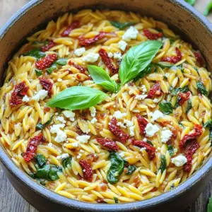 To create a delicious One-Pot Sun-Dried Tomato Orzo, gather these simple ingredients: - 1 cup orzo pasta - 1 cup sun-dried tomatoes in oil, chopped - 1 medium onion, diced - 3 cloves garlic, minced - 3 cups vegetable broth - 1 cup baby spinach, roughly chopped - 1/2 cup feta cheese, crumbled (optional) - 1 teaspoon dried basil - 1 teaspoon dried oregano - Salt and pepper to taste - 2 tablespoons olive oil - Fresh basil leaves for garnish These ingredients blend to create a hearty meal. The orzo pasta gives a great texture. Sun-dried tomatoes add a sweet and tangy punch. Onion and garlic boost the flavor base, making every bite savory. The vegetable broth keeps it rich and warm. Spinach adds color and nutrition, while feta cheese brings creaminess. Using fresh herbs, like basil and oregano, enhances the taste. Olive oil adds richness, making this dish truly satisfying. With these ingredients, you’ll make a one-pot meal that impresses. Enjoy the cooking process! Start by heating olive oil in a large pot over medium heat. Once hot, add the diced onion. Sauté it for about 3-4 minutes until it turns soft and clear. Next, add minced garlic and stir for about 1 minute. This step will make your kitchen smell amazing! After the garlic is fragrant, it’s time to add the sun-dried tomatoes and orzo pasta. Mix them well with the onion and garlic. The sun-dried tomatoes will give the orzo a rich flavor. Now, pour in 3 cups of vegetable broth. This will help the orzo cook perfectly. Bring the mixture to a boil. Once it boils, reduce the heat to low and cover the pot. Let it simmer for about 10-12 minutes. Stir it occasionally. The orzo should absorb most of the liquid and become tender. Keep an eye on it to avoid overcooking. After cooking, remove the pot from heat. Fold in the chopped baby spinach. It will wilt quickly, adding color and nutrients. Season with salt and pepper to taste. If you want a creamy touch, sprinkle crumbled feta cheese on top. Gently stir to mix it in. Serve warm, and don’t forget to add fresh basil leaves for a pop of flavor! To make sure your orzo cooks evenly, use a large pot. This gives the pasta space to move. Stir it often while it cooks. This helps prevent sticking. Adjust the liquid based on how you like your orzo. If you want it creamier, add more broth. For a drier dish, use less. Keep an eye on it while it cooks. For the best taste, consider using fresh herbs. Fresh basil adds a bright flavor. You might also try thyme or parsley. Spices can also boost your dish. Try a pinch of red pepper flakes for heat. Add black pepper for a spicy kick. Garnishing with fresh basil leaves makes it look nice. You can also sprinkle more feta cheese on top. This adds creaminess and flavor. Pair this dish with a simple green salad. A light vinaigrette works well. Grilled chicken or shrimp makes a great side. They add protein and balance the meal. You can serve the orzo as a main dish or a side. It works well at lunch or dinner. {{image_2}} You can make One-Pot Sun-Dried Tomato Orzo heartier by adding protein. For meat lovers, try grilled chicken or shrimp. Just cook them separately and mix them in at the end. This adds flavor and texture to your meal. If you want a vegetarian option, consider chickpeas or black beans. These add protein and fiber. You can also use tofu or tempeh. They soak up the dish's flavors well and make it filling. Get creative with veggies! You can add bell peppers, zucchini, or mushrooms. They add color and taste. You can also swap spinach for kale. Kale gives a different texture and flavor. If you don’t have sun-dried tomatoes, use fresh tomatoes instead. Just chop them and cook them down for a tasty twist. For gluten-free options, use gluten-free orzo. Many brands offer this now. It cooks the same way as regular orzo. If you need a vegan dish, skip the feta cheese. You can also use vegetable broth instead of chicken broth. This keeps your dish plant-based and still full of flavor. To keep your One-Pot Sun-Dried Tomato Orzo fresh, start by cooling it. Once it cools, place it in a container. Store this container in the refrigerator. It will stay good for about three to four days. If you want to save it for longer, freeze the orzo. Pack the cooled orzo in a freezer-safe bag or container. Make sure to remove as much air as possible. This helps prevent freezer burn. The frozen orzo will last for up to three months. When you want to enjoy your leftover orzo, reheating it is easy. The best method is to use a pot on the stove. Add a splash of vegetable broth or water to prevent sticking. Heat over low to medium heat, stirring often. This keeps the orzo moist. You can also use a microwave. Place the orzo in a bowl and add a little broth or water. Cover the bowl with a microwave-safe lid or wrap. Heat in short bursts, stirring in between. This helps avoid drying out. By following these steps, you can enjoy your One-Pot Sun-Dried Tomato Orzo even after the first meal! To make this dish vegan, you can swap out the feta cheese. Instead of feta, try using a plant-based cheese or omit it completely. Use vegetable broth instead of any meat-based broth. This keeps the dish flavorful and plant-based. You can use fresh tomatoes, but the dish will taste different. Fresh tomatoes add moisture, changing the texture. Sun-dried tomatoes bring a rich, concentrated flavor that enhances the orzo. If you prefer fresh, use about 2 cups, diced, and adjust the broth to balance the moisture. Orzo cooks quickly, usually taking about 10-12 minutes. Bring the broth to a boil first. Then, lower the heat and cover the pot. Stir occasionally to prevent sticking. Taste the orzo near the end to check for doneness. It should be tender but not mushy. This dish pairs well with a simple green salad. The freshness of the salad complements the rich flavors of the orzo. You can also serve it alongside grilled vegetables or crusty bread for a complete meal. A light white wine also works great with this dish. This blog post shared a simple guide to a tasty one-pot sun-dried tomato orzo. You learned about the key ingredients, like orzo, spinach, and feta cheese. I provided steps to prepare your meal, with tips to ensure perfect cooking. You can also find ways to adjust the recipe for your needs, like adding protein or making it vegan. Remember to store leftovers properly and consider the reheating tips. This dish is easy, flavorful, and great for any meal. Enjoy making it your own!