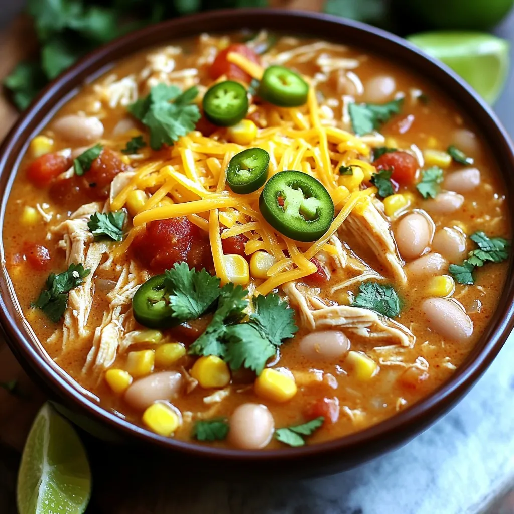 - 1 lb boneless, skinless chicken breasts - 2 cans (15 oz each) white beans (cannellini or great northern) - 1 can (15 oz) diced tomatoes - 2 tsp cumin - 1 tsp paprika - 1 tsp chili powder - ½ tsp salt - ½ tsp black pepper - 1 cup chicken broth - 1 cup cream cheese, softened - 1 cup fresh corn kernels - Optional garnishes (cilantro, lime wedges) This chili starts with simple yet hearty ingredients. The chicken breasts give the dish a good base. I like to use white beans for their creamy texture. They blend well with the other flavors. Diced tomatoes add a nice acidity. For seasoning, I use a mix of spices. Cumin, paprika, and chili powder bring warmth and depth. Salt and black pepper enhance the overall flavor. Chicken broth helps to create a rich, savory base. Finally, cream cheese adds creaminess. Fresh corn gives a sweet crunch. You can top it with cilantro and lime for a fresh kick. These ingredients come together to make a warm and cozy meal. First, place the chicken breasts at the bottom of your slow cooker. This helps keep the meat juicy. Next, layer in the white beans. Make sure they are drained and rinsed. Add the diced tomatoes with their juice. Then, include the diced onion, minced garlic, and chopped jalapeño. Pour in the chicken broth and sprinkle the seasonings: cumin, paprika, chili powder, salt, and black pepper. These spices add great flavor. Now it's time to cook. Cover the slow cooker and set it to low for 6-8 hours. If you’re short on time, set it to high for 3-4 hours. Both settings will cook the chicken well. To check if the chicken is done, use a meat thermometer. It should reach 165°F. You can also check by cutting into the chicken. It should look white and not pink. Once your chicken is cooked, take it out and shred it with two forks. This makes it easy to mix into the chili. Return the shredded chicken to the slow cooker. Now, add the softened cream cheese and corn. Stir it all together until the cream cheese melts. Let it cook for an extra 20-30 minutes on low. This thickens the chili and blends the flavors. Taste it to see if you need more seasoning. - Preparing ingredients ahead of time: Start by chopping your onions and mincing garlic. You can do this the night before. Store them in the fridge. This way, when you are ready to cook, everything is ready to go. It makes the process smooth and quick. - Cooking time variations based on specific slow cookers: Different slow cookers cook at different rates. If you have an older model, it might take longer. Always check your food for doneness. If your chili is not ready in the set time, give it more time. - Thinning the chili if too thick: If your chili turns out too thick, add a bit more chicken broth. Stir it in slowly until you reach a consistency you like. - How to add a creamy texture: Add cream cheese at the end of cooking. This will make your chili rich and creamy. Stir until it melts in completely. - Adjusting spice levels: If you like heat, add more jalapeño or a pinch of cayenne. For less spice, remove the seeds from the jalapeño. - Adding fresh herbs or toppings: Fresh cilantro or parsley can brighten your chili. Squeeze lime on top before eating for extra flavor. Consider adding a dollop of sour cream for creaminess. {{image_2}} You can swap chicken breasts for turkey or chicken thighs. Turkey keeps it lean, while thighs add rich flavor. For a creamy texture without dairy, choose a dairy-free cream cheese. This keeps the chili rich and creamy, without the lactose. You can try other beans too. Black beans or pinto beans work great. They add different tastes and textures. If you want fresh veggies, toss in chopped bell peppers or zucchini. These swaps add color and nutrients to your dish. Want more heat? Add extra jalapeños to the mix. You can keep the seeds in for more spice. If your family prefers mild flavors, cut back on the spices. Use less chili powder or add a dash of paprika instead. This way, everyone can enjoy the chili. To keep your creamy white bean chicken chili fresh, store it in an airtight container. Place the leftovers in the fridge right after they cool. This helps prevent bacteria growth. You can safely store the chili in the refrigerator for up to four days. If you want to save some for later, freezing is a great option. Scoop the chili into freezer-safe bags or containers. Leave some space at the top because the chili will expand as it freezes. You can freeze it for up to three months without losing flavor. When you’re ready to eat, thaw the chili in the fridge overnight. For quick thawing, place the bag in cold water for a couple of hours. To reheat, warm it on the stove over low heat or in the microwave. Stir well to ensure even heating. Enjoy your meal without the stress! Yes, you can use canned chicken. Drain and rinse the chicken before adding it to the slow cooker. This saves time and works well. However, fresh chicken gives a better flavor. Canned chicken may not be as tender. If you use frozen chicken, increase the cooking time. Cook on low for 8-10 hours. On high, cook for 4-5 hours. Always check that the chicken reaches 165°F. This ensures it is safe to eat. You can serve many great sides with this chili. Here are some ideas: - Cornbread: Sweet and fluffy, it pairs well. - Rice: White or brown rice soaks up the chili well. - Salad: A fresh green salad adds crunch. - Tortilla chips: Perfect for scooping up the chili. - Bread: A crusty loaf is great for dipping. Feel free to get creative with your pairings! This blog post guides you through making creamy white bean chicken chili. We covered key ingredients, from chicken to spices, and the cooking steps. I shared tips for perfect texture and flavor adjustments. Experiment with variations like using different meats or beans. Don’t forget proper storage for your leftovers. Enjoy this comforting dish any time of year. You’ll find joy in cooking and sharing it with family and friends. Dive into your kitchen, enjoy the process, and savor the final dish!