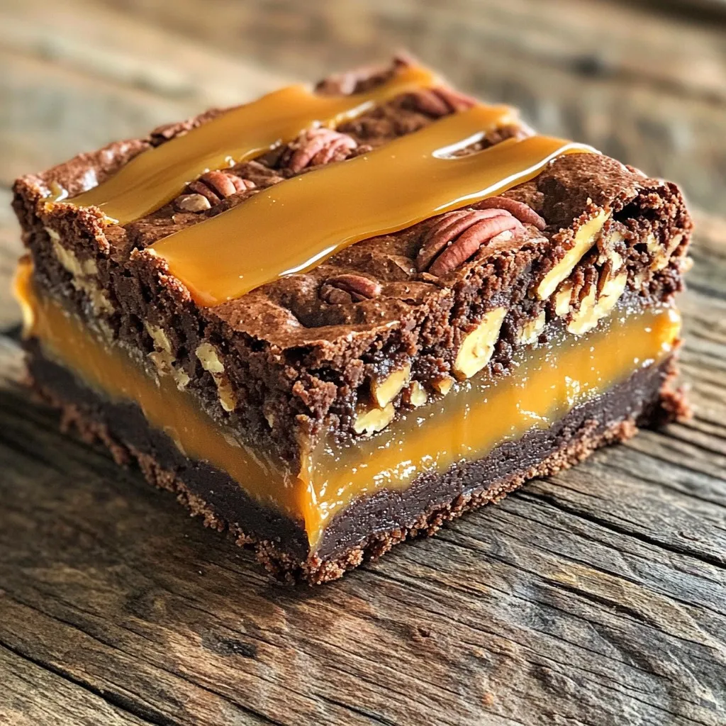 To make these tasty brownie bars, gather the following items: - 1 cup unsalted butter, melted - 2 cups granulated sugar - 4 large eggs - 1 teaspoon vanilla extract - 1 cup all-purpose flour - 1/2 cup unsweetened cocoa powder - 1/2 teaspoon salt - 1 cup semi-sweet chocolate chips - 1 cup pecans, chopped - 1 cup caramel sauce (store-bought or homemade) These ingredients work together to create a rich, gooey treat. The butter gives the brownies a moist texture. Sugar adds sweetness, while eggs help bind everything. You can customize your brownie bars with these options: - Use dark chocolate chips for a richer flavor. - Replace pecans with walnuts for a different crunch. - Swap out caramel sauce for chocolate ganache for a twist. These changes can give you a new taste each time you bake. Feel free to mix and match based on what you have on hand. To prepare your brownie bars, you will need: - A 9x13-inch baking pan - Parchment paper (optional, for easy removal) - Mixing bowls - Whisk or electric mixer - Rubber spatula - Toothpick (for testing doneness) Having the right tools makes your baking process smoother and more fun. Make sure everything is ready before you start cooking. Start by preheating your oven to 350°F (175°C). Grease a 9x13-inch baking pan. You can also line it with parchment paper for easy removal. In a large bowl, mix melted butter and granulated sugar. Whisk these together until smooth. Next, add four eggs one at a time. Beat well after each egg. Stir in one teaspoon of vanilla extract. Now, sift in one cup of flour, half a cup of cocoa powder, and half a teaspoon of salt. Fold gently until just combined. Do not overmix. Then, fold in one cup of semi-sweet chocolate chips and one cup of chopped pecans. Pour half of the brownie batter into the prepared pan and spread it evenly. Next, drizzle half of the caramel sauce over this layer. Use a spatula to create swirls. Carefully pour the remaining brownie batter on top and spread it evenly. Drizzle the rest of the caramel sauce over the top. Use a knife to create a marble effect by swirling the caramel into the batter. Bake for 25-30 minutes. The edges should be set, and a toothpick in the center should come out with a few moist crumbs. Allow the brownies to cool in the pan for about 15 minutes. Then, transfer them to a wire rack to cool completely. Once cool, cut into bars and serve. To create a lovely caramel swirl, start with your brownie batter in the pan. After pouring half the batter, drizzle half the caramel sauce over it. Use a spatula to swirl it gently. This keeps the caramel from sinking too much. After adding the top layer of batter, drizzle the rest of the caramel on top. Then, take a knife and gently swirl it into the batter. Be careful not to mix it all in. You want that beautiful marble effect. This swirl adds flavor and looks great too. To get that perfect brownie texture, avoid overmixing your batter. Mix just until the ingredients come together. Overmixing can make brownies tough. Also, make sure you bake them just right. Check for doneness with a toothpick. If it comes out with a few moist crumbs, they are done. Lastly, let the brownies cool completely before cutting. This helps them set and gives you clean edges. Enjoy your delicious caramel pecan turtle brownie bars! To make great brownie bars, you must mix just enough. After adding flour, cocoa, and salt, fold the ingredients gently. If you mix too much, your bars may turn out dry. Stop mixing as soon as you see no dry flour. You want the batter to be thick and fudgy, not light and fluffy. When using caramel, keep it simple. If you use store-bought caramel sauce, heat it slightly. This makes it easier to drizzle. If you make your own, let it cool a bit before using. As you layer the caramel, drizzle it evenly. Use a spatula to create beautiful swirls. This adds flavor and looks nice too. These brownie bars are rich and sweet. Pair them with a scoop of vanilla ice cream for a great contrast. A dollop of whipped cream also works well. You can sprinkle some sea salt on top for a salty kick. For drinks, serve with a hot cup of coffee or cold milk. Each bite will be even more delightful! {{image_2}} If you want to make these brownie bars nut-free, it's easy! Just skip the chopped pecans. You can replace the pecans with extra chocolate chips or even crushed cookies for a nice crunch. This keeps the bars rich and delicious without nuts. To turn these brownie bars into gluten-free treats, swap the all-purpose flour for a gluten-free flour blend. Make sure the blend has a good mix of starches and proteins. This change keeps the texture moist and chewy. Want to switch up the flavor? Here are some fun ideas! - Sea Salt: Sprinkle a little sea salt on top before baking. It adds a nice contrast to the sweet caramel. - Espresso: Mix in a teaspoon of espresso powder with the dry ingredients. This adds a rich coffee flavor that pairs well with chocolate. - Mint: Add a few drops of mint extract into the batter for a refreshing twist. This gives a lovely minty flavor that works great with chocolate. Feel free to experiment with these variations. Each will give you a new twist on the same favorite treat! To keep your brownie bars fresh, store them in an airtight container. Place parchment paper between layers to avoid sticking. You can keep them at room temperature for up to three days. If you want them to last longer, refrigerate them. They will stay fresh in the fridge for about a week. If you want to save your brownie bars for later, freezing works well. Wrap each bar tightly in plastic wrap. Then, place them in a freezer-safe bag or container. This method keeps them fresh for up to three months. When you're ready to enjoy them, let them thaw in the fridge overnight. To enjoy the best taste, eat your brownie bars within a week. After that, they may dry out. Check for any signs of spoilage, like a change in smell or texture. If they feel hard or stale, they are past their prime. Always remember that homemade treats taste best when fresh! Yes, you can use other nuts. Walnuts or almonds work well. Each nut gives a new flavor. Just chop them small. This keeps the texture nice and even. If you prefer no nuts, you can skip them too. The brownies will still taste great. If you need a substitute, try sweetened condensed milk. It adds a creamy sweetness. You can also melt soft candies, like Werther's Originals. Just heat them gently until they melt. This gives a lovely caramel taste. Homemade caramel is great too, if you have time. To check if the brownies are done, look at the edges. They should be set and slightly pulling away from the pan. Insert a toothpick in the center. If it comes out with a few moist crumbs, they are ready. Avoid overbaking to keep them soft and chewy. In this article, we explored how to make Caramel Pecan Turtle Brownie Bars. We listed the key and optional ingredients and discussed the needed tools. You learned the step-by-step baking process and how to create a perfect caramel swirl. I shared tips to avoid overmixing and best caramel handling practices. We also covered variations, storage, and answered common questions. These brownie bars are rich, tasty, and fun to make. Enjoy them fresh or share with friends!