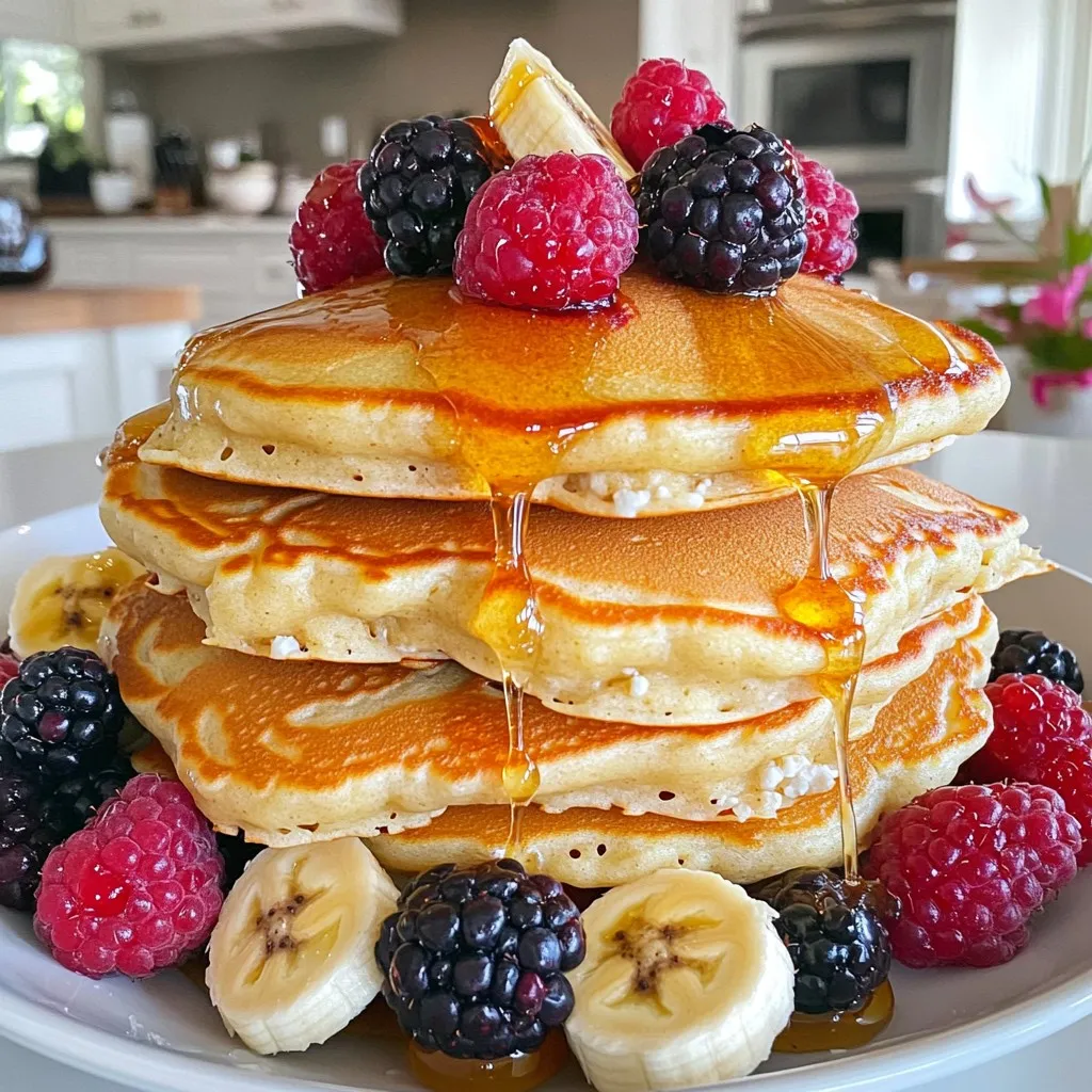 - 1 cup cottage cheese - 1 ripe banana, mashed - 2 large eggs - 1/2 cup rolled oats - 1/2 teaspoon baking powder - 1 teaspoon vanilla extract - 1/4 teaspoon cinnamon - Pinch of salt These main ingredients create a rich and filling pancake bowl. Cottage cheese gives protein and creaminess. The banana adds natural sweetness and moisture. Eggs bind the mix and add fluffiness. Rolled oats provide fiber and texture. Baking powder makes the pancakes rise. Vanilla extract brings a warm flavor, while cinnamon adds a nice spice. A pinch of salt balances the sweetness. - Fresh fruits (e.g., berries, sliced banana) - Honey or maple syrup for drizzling (optional) You can top your pancake bowl with fresh fruits. Berries add vibrant color and tang. Sliced banana complements the base flavors. Drizzling honey or maple syrup gives extra sweetness. Feel free to mix and match your favorite toppings for variety. Cottage cheese is high in protein, which supports muscle growth. It also contains calcium, important for bones. Bananas provide potassium, which helps with heart health. Eggs offer healthy fats and more protein. Oats are a great source of fiber, promoting digestion. These ingredients together make a wholesome meal that fuels your day. Enjoy the tasty blend and the health boost! To start, gather your ingredients. You need one cup of cottage cheese, one ripe banana, and two large eggs. In a mixing bowl, combine the cottage cheese, mashed banana, and eggs. Whisk until smooth. The banana adds sweetness and moisture. Next, add half a cup of rolled oats, half a teaspoon of baking powder, one teaspoon of vanilla extract, a quarter teaspoon of cinnamon, and a pinch of salt. Stir well to form a thick batter. Preheat your skillet or griddle over medium heat. Lightly grease it with cooking spray or a bit of oil. Pour about a quarter cup of batter for each pancake. Cook for two to three minutes. Look for bubbles on the surface to know when to flip. Once flipped, cook for an additional two minutes until golden brown. If the first pancake burns, lower the heat. Repeat this until the batter is gone. Stack the cooked pancakes in a bowl. Top them with fresh fruits like berries or sliced bananas. You can also drizzle honey or maple syrup on top for extra sweetness. This adds more flavor and makes your dish look great. Enjoy the warm, fluffy pancakes right away for the best taste! To get the best pancake mix, combine all wet ingredients first. Use smooth cottage cheese. A ripe banana helps too. It adds sweetness and moisture. Mix until you have a thick batter. Don't worry about lumps; they add charm. If the batter is too thick, add a splash of milk. This will help make it easier to pour. One big mistake is cooking on too high heat. This can burn the outside while leaving the inside raw. Keep your heat at medium. Flip the pancakes when bubbles form on top. Avoid overmixing the batter. This can make the pancakes tough. Also, don't skip greasing your pan. A little oil helps the pancakes cook evenly. Both honey and maple syrup are tasty choices. Honey adds a floral sweetness. It pairs well with bananas. Maple syrup has a rich, earthy flavor. It enhances the oats and cinnamon in the pancakes. Try both to see which you like better. You can even mix them for a unique taste! {{image_2}} You can easily change the taste of your Protein Cottage Cheese Pancake Bowl. For a chocolate twist, add 2 tablespoons of cocoa powder. This makes the pancakes rich and tasty. If you like fruit, mix in 1/2 cup of fresh blueberries. They add sweetness and a burst of flavor. For a fall vibe, try pumpkin. Add 1/2 cup of pure pumpkin puree and a bit more cinnamon. These flavors make breakfast fun and exciting! To increase protein, you can mix in protein powder. A scoop of your favorite kind works well. This adds extra strength to your meal. Another option is nut butter. Stir in 2 tablespoons of almond or peanut butter. This makes the pancakes creamy and gives a nice nutty taste. These add-ins help you feel full longer and keep your energy up. If you need a gluten-free meal, swap rolled oats for gluten-free oats. This keeps the recipe safe for everyone. For a vegan version, replace the eggs with flax eggs. Mix 1 tablespoon of flaxseed meal with 2.5 tablespoons of water. Let it sit for a few minutes to thicken. You can also use a plant-based cottage cheese for a dairy-free option. These changes make the Protein Cottage Cheese Pancake Bowl friendly for various diets. Store leftover pancakes in an airtight container. You can keep them in the fridge for up to three days. For longer storage, freeze them in a single layer. Once frozen, stack them in a freezer bag. Label the bag with the date for easy tracking. This way, you can enjoy them later without losing taste. To reheat pancakes, you have two great options. Use the microwave for quick heat. Place pancakes on a microwave-safe plate. Heat for about 20-30 seconds. If you prefer a crispy texture, use a skillet. Place pancakes in a preheated skillet over low heat. Cook each side for 1-2 minutes until warm. This keeps them soft and fluffy. Meal prep makes mornings easier. You can mix the batter the night before. Store it in the fridge for a quick cook in the morning. Another option is to make extra pancakes. Freeze them and reheat as needed. Pair pancakes with yogurt or fruit for a complete breakfast. This saves time and adds variety to your mornings. Yes, you can use low-fat or non-fat cottage cheese. Both options work well in this recipe. The texture might be slightly different, but the flavor remains tasty. Low-fat and non-fat types still give you good protein. If you want a creamier taste, go for regular cottage cheese. You can make pancakes without eggs by using mashed banana or applesauce. Both options help bind the batter. For every egg, use about 1/4 cup of mashed banana or applesauce. This keeps the pancakes moist and adds natural sweetness. Just mix it in with the other ingredients as you normally would. Cottage cheese is packed with protein, which helps build muscles. It also has calcium for strong bones. This food is low in fat, making it a great choice for health. It contains vitamins and minerals that support your body. Plus, it adds a creamy texture to your pancakes without extra calories. Yes, you can make the pancake bowl in advance. Cook the pancakes and let them cool. Store them in an airtight container in the fridge. They stay fresh for up to three days. When you’re ready to eat, just reheat them in the microwave. You can also top them with fresh fruits before serving. You now have a clear guide to making protein cottage cheese pancake bowls. We covered key ingredients, cooking steps, and tips to avoid common mistakes. You even learned about fun variations and storage options. Remember, these pancakes are flexible and easy to make. They can fit many diets and tastes. I hope you feel confident to try this fun recipe. Enjoy your cooking adventure!