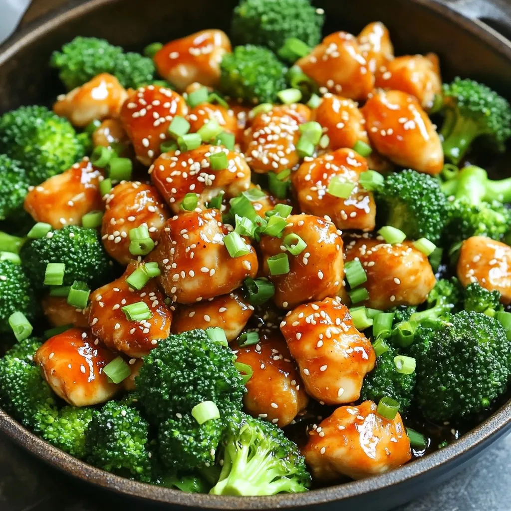 - 2 boneless, skinless chicken breasts - Broccoli florets - Honey and Sriracha sauce I love using chicken breasts for this dish. They cook fast and stay juicy. Broccoli adds a nice crunch and bright color. The honey brings sweetness, while Sriracha adds a kick. This mix makes the dish exciting and tasty. - 1 tablespoon soy sauce - 1 tablespoon olive oil - 3 cloves garlic, minced - 1 teaspoon minced ginger - Salt and pepper To make the chicken shine, we need a great marinade. Soy sauce adds a salty bite. Olive oil helps the chicken brown nicely. Garlic and ginger bring warmth and depth to the flavor. Don’t forget salt and pepper to make everything pop! - Chopped green onions - Sesame seeds Garnishes add fun to the dish. Chopped green onions give a fresh taste. Sesame seeds add a slight crunch and a nutty flavor. Just sprinkle them on top before serving. They make the dish look fancy and inviting! Start by mixing the ingredients for your sauce. In a medium bowl, add: - 1/4 cup honey - 2 tablespoons Sriracha sauce - 1 tablespoon soy sauce - 3 cloves garlic, minced - 1 teaspoon minced ginger Stir these together until they blend well. This will be your marinade and sauce. It adds a sweet and spicy kick to the dish. Next, it's time to cook the chicken. In a large skillet, heat: - 1 tablespoon olive oil Set your heat to medium-high. Once the oil is hot, add: - 2 boneless, skinless chicken breasts, cut into bite-sized pieces Season the chicken with salt and pepper. Cook for about 5-7 minutes. Stir occasionally until the chicken turns golden brown and is fully cooked. This step ensures the chicken has a nice, crispy texture. Now add the broccoli to the skillet. After the chicken is cooked, pour the honey-Sriracha mixture over it. Stir well to coat every piece. Let it simmer for 2-3 minutes. This allows the flavors to blend and the sauce to thicken. Then, add: - 2 cups broccoli florets Stir the broccoli into the chicken. Cook for an extra 4-5 minutes. This will make the broccoli bright and tender-crisp. Stir occasionally to make sure everything cooks evenly. Taste the dish and adjust the seasoning if needed. You can add more Sriracha for heat or more honey for sweetness. Remove the skillet from heat. For a finishing touch, garnish with chopped green onions and sesame seeds. This adds color and texture. Serve it hot and enjoy the delicious flavors! To make sure the chicken is cooked through, cut it into small pieces. This allows for even cooking. Sear the chicken until it turns golden brown, about 5-7 minutes. Use a meat thermometer to check the inside temperature; it should reach 165°F. For the broccoli, cook it until it's bright green but still crisp. Stir it in during the last minutes of cooking. This keeps its crunch. If you want more heat, add extra Sriracha to the sauce. Start with a little, taste, and then add more if needed. For extra sweetness, drizzle in more honey. You can also mix in lime juice to add some zing. These simple tweaks can change the whole flavor. Experiment until you find your perfect balance. For a great look, serve directly from the skillet. It gives a rustic vibe. If you prefer plating, arrange the chicken and broccoli neatly. Drizzle some honey on top for shine. Finish with a sprinkle of sesame seeds and green onions for color. This adds vibrancy to your dish, making it more inviting and exciting. {{image_2}} You can swap chicken for shrimp or tofu. Both options work great. Use firm tofu for a nice texture. For broccoli, try snap peas or bell peppers. These will add color and crunch. Want a different flavor? You can add peanut butter for creaminess. Mix in lime juice for a zesty kick. If you're feeling bold, try a splash of orange juice for sweetness. Serve this dish over rice or quinoa. It makes a filling and tasty meal. You can also pair it with a fresh salad. A cucumber salad adds a nice crunch. For a touch of warmth, serve with warm naan bread. To store your One-Pan Honey Sriracha Chicken and Broccoli, let it cool first. Use an airtight container to keep it fresh. Place the chicken and broccoli in the fridge within two hours of cooking. This helps prevent bacteria growth. When you want to reheat, use a microwave or stovetop. Heat it slowly to avoid drying it out. Stir occasionally for even warming. You can freeze this dish for later meals. First, let it cool completely. Then, place it in a freezer-safe container. Make sure to remove as much air as possible. This keeps the food from getting freezer burn. To thaw, move it to the fridge overnight. If you need it fast, use the microwave. Reheat thoroughly before serving to ensure safety and flavor. In the fridge, your One-Pan Honey Sriracha Chicken and Broccoli lasts about 3-4 days. If you freeze it, it can stay good for about 2-3 months. Always check for signs of spoilage before eating. If it smells off or looks strange, it’s best to toss it out. Yes, you can use frozen broccoli! Frozen broccoli is a great time-saver. It is pre-washed and cut, which makes cooking easier. However, fresh broccoli offers a better texture and taste. If you use frozen, add it to the skillet later. This way, it won’t overcook and turn mushy. Just cook it for about 3-4 minutes until it's heated through. The spiciness depends on how much Sriracha you add. Sriracha sauce is spicy but has a nice sweetness, too. If you want less heat, use only 1 tablespoon of Sriracha. For more spice, add 2 tablespoons or more. Always taste the sauce before adding it to the chicken. You can adjust it to your flavor preference. To make this dish healthier, consider these tips: - Use skinless chicken thighs instead of breasts for more flavor. - Swap out honey for a sugar-free sweetener. - Add more veggies, like bell peppers or carrots, for extra nutrients. - Use low-sodium soy sauce to cut back on salt. These changes keep the dish tasty while reducing calories and sodium. This blog post covered a tasty chicken dish with broccoli and a sweet-spicy sauce. I shared the main ingredients and seasoning, plus step-by-step instructions for cooking. You learned tips for cooking and enhancing flavor, along with variations and storage ideas. Remember, you can adjust ingredients to suit your taste. Try using frozen broccoli or changing the sauce for new flavors. Keep these tips in mind to create a delicious meal that fits your needs. Enjoy your cooking adventure!