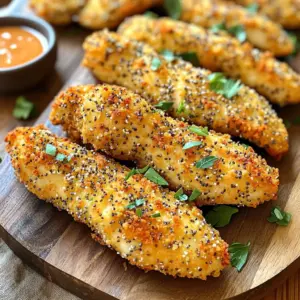 To make Air Fryer Everything Bagel Chicken Tenders, you need: - 1 pound boneless, skinless chicken tenderloins - 1 cup buttermilk (or milk with 1 tablespoon vinegar added) - 1 cup all-purpose flour - 2 large eggs - 1 cup panko bread crumbs - 4 tablespoons everything bagel seasoning - Salt and pepper to taste - Cooking spray These ingredients combine to create a tasty and crispy dish. The chicken tenderloins are the star, soaking in buttermilk. This step makes them juicy and tender. The flour coats the chicken, giving it a nice base. Eggs help the breading stick, while panko and everything bagel seasoning add crunch and flavor. If you don’t have buttermilk, you can easily make your own. Just mix regular milk with 1 tablespoon of vinegar. Let it sit for a few minutes. This creates a similar tangy taste. If you need an egg substitute, try using unsweetened applesauce. Use 1/4 cup of applesauce for each egg. This will help the breading stick too. Other options include mashed banana or flaxseed meal mixed with water. You will need some tools to make cooking easier: - Mixing bowls for soaking and breading - Three shallow dishes for breading station - Air fryer for cooking - Cooking spray for crispiness - Tongs for easy handling of chicken These tools help create a smooth cooking process. You can enjoy your chicken tenders in no time! Start by soaking the chicken tenders in buttermilk. This step helps make the meat juicy and tender. Use a bowl to hold the chicken and buttermilk. Let it soak for at least 30 minutes. If you don’t have buttermilk, mix regular milk with vinegar. This works well too! Next, set up your breading station. You will need three shallow dishes. In the first dish, add the flour. In the second dish, whisk the two large eggs until blended. In the third dish, mix the panko bread crumbs with everything bagel seasoning, salt, and pepper. This mix gives the chicken a tasty crunch. After soaking, remove the chicken from the buttermilk. Allow the excess to drip off. Now, dredge each tender in the flour, shaking off any extra. Then dip it into the egg mixture. Finally, coat the tender with the panko and seasoning mix. Make sure each piece is well covered for the best flavor. Now it’s time to air fry! Preheat your air fryer to 400°F (200°C). Lightly spray the basket with cooking spray to stop sticking. Place the chicken tenders in a single layer, ensuring they’re not too close. Spray the tops of the tenders with more cooking spray. This helps them become crispy. Air fry for 10 to 12 minutes. Flip them halfway through for even cooking. The chicken is done when it reaches 165°F (74°C) inside. Let them rest for a few minutes before serving. Enjoy your tasty, crunchy chicken tenders! To get nice and crispy chicken tenders, follow these steps. First, soak your chicken in buttermilk. This makes the meat juicy and helps the breading stick. Use panko bread crumbs for extra crunch. They are lighter and crispier than regular bread crumbs. Make sure to spray the chicken tenders with cooking spray before cooking. This helps them brown and crisp up nicely. Flip them halfway through. This ensures even cooking and crispiness on both sides. Air frying is quick and easy. Set your air fryer to 400°F (200°C) for the best results. Don’t overcrowd the basket. Leave space between the chicken tenders to allow hot air to circulate. This prevents steaming and keeps them crispy. Preheat your air fryer for about 5 minutes before adding the chicken. This helps them cook evenly right from the start. Always check the internal temperature. The chicken should reach 165°F (74°C) to ensure it’s safe to eat. Sticking can ruin a good meal. To avoid this, spray the basket with cooking spray before adding the chicken. You can also try using parchment paper made for air fryers. This creates a non-stick surface. Another tip is to let the chicken tenders rest for a few minutes after cooking. This helps the coating set and makes them easier to serve. If you do find some sticking, use a spatula to gently lift them out. {{image_2}} You can easily change the taste of your chicken tenders. Try different seasonings to match your mood. For example, use taco seasoning for a spicy kick. You can also try ranch seasoning for a classic flavor. Add herbs like oregano or thyme for a fresh taste. Garlic powder or onion powder can also add great depth. Mix and match to find your favorite combo! Panko works well, but other coatings can shine too. Try crushed cornflakes for extra crunch. You can also use crushed nuts like almonds or pecans for a nutty flavor. If you want a lighter option, use ground oats. They add a unique texture and are quite healthy. Just remember to season these alternatives well to keep the flavor strong. Dipping sauces can elevate your chicken tenders. A classic ranch or honey mustard works great. You can also try a spicy sriracha mayo for heat. If you prefer sweetness, barbecue sauce is perfect. Want a twist? Mix yogurt with herbs for a tangy dip. Feel free to serve your tenders with fresh veggies or a salad to balance the meal. Enjoy experimenting! After you enjoy your air fryer everything bagel chicken tenders, let them cool down. Store them in an airtight container. Keep them in the fridge. They stay fresh for up to three days. Make sure to keep them away from strong-smelling foods. To reheat the chicken tenders, use the air fryer again. Preheat it to 375°F (190°C). Place the chicken tenders in a single layer. Heat them for about 5 to 7 minutes. This will help keep them crispy. You can also use the oven. Bake them at 375°F (190°C) for 10 to 12 minutes. Just make sure they are heated through. If you want to keep the chicken tenders longer, freezing is a great option. First, let them cool completely. Then, wrap each tender in plastic wrap, or place them in a freezer bag. Be sure to squeeze out as much air as possible. They can stay frozen for up to three months. When you’re ready to eat, thaw them in the fridge overnight before reheating. Yes, you can use chicken breasts. Cut them into strips to match the size of tenderloins. This helps them cook evenly. Keep in mind that cooking time may vary slightly. Always check the internal temperature for doneness. Everything bagel seasoning is a mix of spices. It usually has sesame seeds, poppy seeds, garlic powder, onion powder, and salt. This blend adds a rich flavor to the chicken. You can buy it pre-made or mix your own at home. Check the internal temperature of the chicken. It should reach 165°F (74°C) for safe eating. The tenders will also be golden brown and crispy on the outside. If you're unsure, use a meat thermometer for accuracy. Yes, you can make this recipe gluten-free. Use gluten-free flour and gluten-free panko bread crumbs. Many brands offer these options. This way, you can enjoy the same great taste without gluten. In this post, we covered how to make air fryer everything bagel chicken tenders. We discussed the main ingredients and useful substitutes. I shared tips for a crispy texture and the best tools to use. You can try different flavors and coatings for fun variations. Storing and reheating leftovers is easy, too. I hope these insights help you enjoy a tasty meal. With practice, you'll master this recipe!