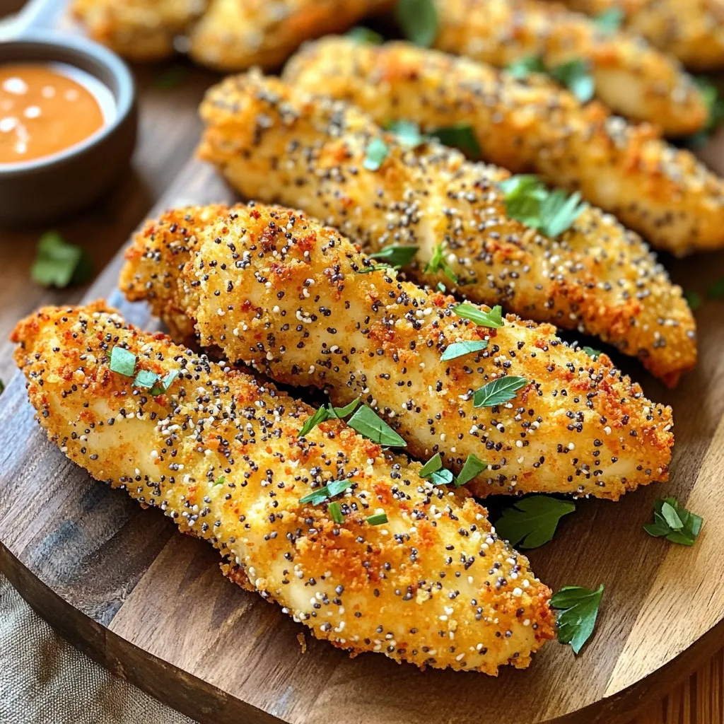 To make Air Fryer Everything Bagel Chicken Tenders, you need: - 1 pound boneless, skinless chicken tenderloins - 1 cup buttermilk (or milk with 1 tablespoon vinegar added) - 1 cup all-purpose flour - 2 large eggs - 1 cup panko bread crumbs - 4 tablespoons everything bagel seasoning - Salt and pepper to taste - Cooking spray These ingredients combine to create a tasty and crispy dish. The chicken tenderloins are the star, soaking in buttermilk. This step makes them juicy and tender. The flour coats the chicken, giving it a nice base. Eggs help the breading stick, while panko and everything bagel seasoning add crunch and flavor. If you don’t have buttermilk, you can easily make your own. Just mix regular milk with 1 tablespoon of vinegar. Let it sit for a few minutes. This creates a similar tangy taste. If you need an egg substitute, try using unsweetened applesauce. Use 1/4 cup of applesauce for each egg. This will help the breading stick too. Other options include mashed banana or flaxseed meal mixed with water. You will need some tools to make cooking easier: - Mixing bowls for soaking and breading - Three shallow dishes for breading station - Air fryer for cooking - Cooking spray for crispiness - Tongs for easy handling of chicken These tools help create a smooth cooking process. You can enjoy your chicken tenders in no time! Start by soaking the chicken tenders in buttermilk. This step helps make the meat juicy and tender. Use a bowl to hold the chicken and buttermilk. Let it soak for at least 30 minutes. If you don’t have buttermilk, mix regular milk with vinegar. This works well too! Next, set up your breading station. You will need three shallow dishes. In the first dish, add the flour. In the second dish, whisk the two large eggs until blended. In the third dish, mix the panko bread crumbs with everything bagel seasoning, salt, and pepper. This mix gives the chicken a tasty crunch. After soaking, remove the chicken from the buttermilk. Allow the excess to drip off. Now, dredge each tender in the flour, shaking off any extra. Then dip it into the egg mixture. Finally, coat the tender with the panko and seasoning mix. Make sure each piece is well covered for the best flavor. Now it’s time to air fry! Preheat your air fryer to 400°F (200°C). Lightly spray the basket with cooking spray to stop sticking. Place the chicken tenders in a single layer, ensuring they’re not too close. Spray the tops of the tenders with more cooking spray. This helps them become crispy. Air fry for 10 to 12 minutes. Flip them halfway through for even cooking. The chicken is done when it reaches 165°F (74°C) inside. Let them rest for a few minutes before serving. Enjoy your tasty, crunchy chicken tenders! To get nice and crispy chicken tenders, follow these steps. First, soak your chicken in buttermilk. This makes the meat juicy and helps the breading stick. Use panko bread crumbs for extra crunch. They are lighter and crispier than regular bread crumbs. Make sure to spray the chicken tenders with cooking spray before cooking. This helps them brown and crisp up nicely. Flip them halfway through. This ensures even cooking and crispiness on both sides. Air frying is quick and easy. Set your air fryer to 400°F (200°C) for the best results. Don’t overcrowd the basket. Leave space between the chicken tenders to allow hot air to circulate. This prevents steaming and keeps them crispy. Preheat your air fryer for about 5 minutes before adding the chicken. This helps them cook evenly right from the start. Always check the internal temperature. The chicken should reach 165°F (74°C) to ensure it’s safe to eat. Sticking can ruin a good meal. To avoid this, spray the basket with cooking spray before adding the chicken. You can also try using parchment paper made for air fryers. This creates a non-stick surface. Another tip is to let the chicken tenders rest for a few minutes after cooking. This helps the coating set and makes them easier to serve. If you do find some sticking, use a spatula to gently lift them out. {{image_2}} You can easily change the taste of your chicken tenders. Try different seasonings to match your mood. For example, use taco seasoning for a spicy kick. You can also try ranch seasoning for a classic flavor. Add herbs like oregano or thyme for a fresh taste. Garlic powder or onion powder can also add great depth. Mix and match to find your favorite combo! Panko works well, but other coatings can shine too. Try crushed cornflakes for extra crunch. You can also use crushed nuts like almonds or pecans for a nutty flavor. If you want a lighter option, use ground oats. They add a unique texture and are quite healthy. Just remember to season these alternatives well to keep the flavor strong. Dipping sauces can elevate your chicken tenders. A classic ranch or honey mustard works great. You can also try a spicy sriracha mayo for heat. If you prefer sweetness, barbecue sauce is perfect. Want a twist? Mix yogurt with herbs for a tangy dip. Feel free to serve your tenders with fresh veggies or a salad to balance the meal. Enjoy experimenting! After you enjoy your air fryer everything bagel chicken tenders, let them cool down. Store them in an airtight container. Keep them in the fridge. They stay fresh for up to three days. Make sure to keep them away from strong-smelling foods. To reheat the chicken tenders, use the air fryer again. Preheat it to 375°F (190°C). Place the chicken tenders in a single layer. Heat them for about 5 to 7 minutes. This will help keep them crispy. You can also use the oven. Bake them at 375°F (190°C) for 10 to 12 minutes. Just make sure they are heated through. If you want to keep the chicken tenders longer, freezing is a great option. First, let them cool completely. Then, wrap each tender in plastic wrap, or place them in a freezer bag. Be sure to squeeze out as much air as possible. They can stay frozen for up to three months. When you’re ready to eat, thaw them in the fridge overnight before reheating. Yes, you can use chicken breasts. Cut them into strips to match the size of tenderloins. This helps them cook evenly. Keep in mind that cooking time may vary slightly. Always check the internal temperature for doneness. Everything bagel seasoning is a mix of spices. It usually has sesame seeds, poppy seeds, garlic powder, onion powder, and salt. This blend adds a rich flavor to the chicken. You can buy it pre-made or mix your own at home. Check the internal temperature of the chicken. It should reach 165°F (74°C) for safe eating. The tenders will also be golden brown and crispy on the outside. If you're unsure, use a meat thermometer for accuracy. Yes, you can make this recipe gluten-free. Use gluten-free flour and gluten-free panko bread crumbs. Many brands offer these options. This way, you can enjoy the same great taste without gluten. In this post, we covered how to make air fryer everything bagel chicken tenders. We discussed the main ingredients and useful substitutes. I shared tips for a crispy texture and the best tools to use. You can try different flavors and coatings for fun variations. Storing and reheating leftovers is easy, too. I hope these insights help you enjoy a tasty meal. With practice, you'll master this recipe!