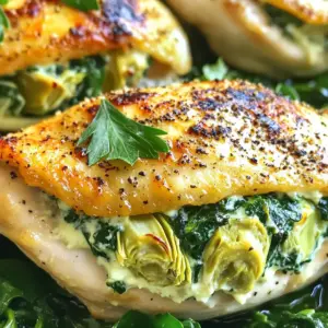 - 4 boneless, skinless chicken breasts - 1 cup fresh spinach, chopped - 1 can (14 oz) artichoke hearts, drained and chopped - 1 cup cream cheese, softened - 1/2 cup grated Parmesan cheese - 1/2 cup shredded mozzarella cheese - 2 cloves garlic, minced - Salt and pepper to taste - 1 teaspoon Italian seasoning - 2 tablespoons olive oil You can swap fresh spinach for frozen spinach. Just make sure to thaw and drain it well. Instead of artichoke hearts, you can use canned mushrooms for a different taste. For cream cheese, Greek yogurt works too. If you want a lighter dish, use low-fat cheese options. You can mix in some ricotta cheese for a creamier filling. You will need a sharp knife to cut the chicken. A medium bowl helps mix the stuffing. An oven-safe skillet works best for cooking and baking the chicken. Don't forget measuring cups and spoons for accurate amounts. A meat thermometer ensures your chicken is safe to eat. Lastly, use a spatula to flip the chicken while cooking. Start by gathering your ingredients. You will need: - 4 boneless, skinless chicken breasts - 1 cup fresh spinach, chopped - 1 can (14 oz) artichoke hearts, drained and chopped - 1 cup cream cheese, softened - 1/2 cup grated Parmesan cheese - 1/2 cup shredded mozzarella cheese - 2 cloves garlic, minced - Salt and pepper to taste - 1 teaspoon Italian seasoning - 2 tablespoons olive oil Next, preheat your oven to 375°F (190°C). In a medium bowl, mix the chopped spinach, artichoke hearts, cream cheese, Parmesan, mozzarella, minced garlic, Italian seasoning, salt, and pepper. Stir until everything combines well. The mixture should look creamy and packed with flavor. Now, take each chicken breast. Use a sharp knife to cut a pocket inside the thickest part. Be careful not to cut all the way through. This pocket will hold your tasty filling. Stuff each chicken breast with the spinach-artichoke mixture. Press gently to fill them well. You want every bite to be delicious! Heat the olive oil in a large oven-safe skillet over medium-high heat. Once hot, place the stuffed chicken breasts in the skillet. Cook each side for about 4-5 minutes until they turn golden brown. This step gives your chicken a nice, crispy crust. After browning the chicken, transfer the skillet to your preheated oven. Bake for 20-25 minutes, or until the chicken reaches an internal temperature of 165°F (75°C). You can use a meat thermometer to check the temperature. Once the chicken is cooked, take it out of the oven. Let the chicken rest for 5 minutes before slicing. This resting time helps keep the juices inside, making the chicken tender and juicy. For serving, place the stuffed chicken on a bed of sautéed spinach for a nice touch. Sprinkle some Parmesan cheese and chopped parsley on top for a pop of color and flavor. Enjoy your delicious Spinach Artichoke Stuffed Chicken Breasts! To make sure your chicken breasts are stuffed just right, follow these tips: - Choose the right chicken breasts. Use boneless, skinless chicken breasts for easy stuffing. - Create a deep pocket. Cut through the thickest part, but don’t cut all the way through. - Don’t overstuff. Fill the pocket with the spinach-artichoke mix, but leave some space to avoid spills. - Secure with toothpicks. If needed, use toothpicks to keep the stuffing inside during cooking. Cooking times can vary based on thickness. Here are some tips for adjusting: - Check the size. Thicker breasts need more time. If they are over 1 inch thick, add 5 minutes. - Use a meat thermometer. Ensure the chicken reaches 165°F (75°C) for safety. - Brown first, then bake. Browning in the skillet helps lock in moisture before baking. Enhance the flavors of your dish with these suggestions: - Add spice. Include red pepper flakes for a kick. - Use fresh herbs. Try fresh basil or parsley for a bright taste. - Experiment with cheese. Mix in feta or goat cheese for a twist. - Marinate the chicken. A simple marinade of lemon juice and olive oil can add extra flavor. These tips will help you create a delicious and satisfying dish. Enjoy the process and the tasty results! {{image_2}} If you want a meat-free meal, try stuffed mushrooms instead of chicken. Use large portobello mushrooms. Remove the stems and gills. Fill them with the same spinach-artichoke mix. Bake at 375°F (190°C) for about 25 minutes. This gives you a tasty, vegetarian dish that still feels hearty. You can change the cheese to suit your taste. Instead of cream cheese, try ricotta for a lighter flavor. Use feta cheese for a tangy kick. Swap mozzarella with gouda for a smoky touch. Each cheese adds a unique twist to the filling, keeping your meal exciting. Feel free to add more veggies to the mix. You could include sun-dried tomatoes for a burst of flavor. Bell peppers add color and crunch. Zucchini can make the filling extra moist. Spinach and artichokes are great, but don’t be afraid to experiment with your favorites. After cooking, let your spinach artichoke stuffed chicken breasts cool down. Place them in an airtight container. Store in your fridge for up to three days. This keeps the chicken moist and safe to eat later. If you want to save some for later, freeze the chicken. Wrap each breast tightly in plastic wrap, then place them in a freezer bag. Label the bag with the date. You can freeze them for up to three months. To keep the flavor fresh, squeeze out as much air as you can before sealing. When you're ready to enjoy leftovers, reheat the chicken gently. Preheat your oven to 350°F (175°C). Place the chicken in an oven-safe dish. Cover it with foil to keep moisture in. Heat for about 20 minutes or until warmed through. You can also use a microwave if you're in a hurry. Just heat it in short bursts, checking often to avoid drying it out. Yes, you can use frozen chicken breasts. Just remember to thaw them first. Thaw them in the fridge overnight for best results. If you're short on time, you can place them in cold water for about an hour. Make sure to pat them dry before you start stuffing. This keeps the filling from getting too watery. The best way to check chicken doneness is by using a meat thermometer. Insert it into the thickest part of the chicken. The internal temperature should reach 165°F (75°C). This ensures the chicken is safe to eat. If you don't have a thermometer, cut into the chicken. The juices should run clear, and there should be no pink meat inside. You can serve many sides with this dish. Here are some tasty options: - Roasted vegetables like carrots and zucchini - A fresh garden salad with a light vinaigrette - Garlic mashed potatoes for a creamy touch - Quinoa or rice for a hearty base These sides will complement the rich flavors of the stuffed chicken. Enjoy your meal! You’ve learned about the key ingredients and tools for stuffing chicken breasts. We covered how to prepare, cook, and serve your dish well. Tips and tricks helped you make it perfect and flavorful. We also explored delicious variations and shared storage tips. Cooking should be fun and easy. With these steps, you can create a tasty meal. Enjoy your cooking adventure!