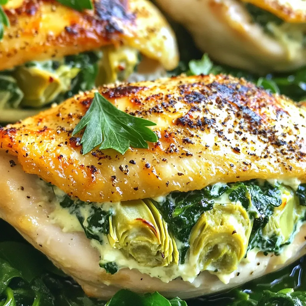 - 4 boneless, skinless chicken breasts - 1 cup fresh spinach, chopped - 1 can (14 oz) artichoke hearts, drained and chopped - 1 cup cream cheese, softened - 1/2 cup grated Parmesan cheese - 1/2 cup shredded mozzarella cheese - 2 cloves garlic, minced - Salt and pepper to taste - 1 teaspoon Italian seasoning - 2 tablespoons olive oil You can swap fresh spinach for frozen spinach. Just make sure to thaw and drain it well. Instead of artichoke hearts, you can use canned mushrooms for a different taste. For cream cheese, Greek yogurt works too. If you want a lighter dish, use low-fat cheese options. You can mix in some ricotta cheese for a creamier filling. You will need a sharp knife to cut the chicken. A medium bowl helps mix the stuffing. An oven-safe skillet works best for cooking and baking the chicken. Don't forget measuring cups and spoons for accurate amounts. A meat thermometer ensures your chicken is safe to eat. Lastly, use a spatula to flip the chicken while cooking. Start by gathering your ingredients. You will need: - 4 boneless, skinless chicken breasts - 1 cup fresh spinach, chopped - 1 can (14 oz) artichoke hearts, drained and chopped - 1 cup cream cheese, softened - 1/2 cup grated Parmesan cheese - 1/2 cup shredded mozzarella cheese - 2 cloves garlic, minced - Salt and pepper to taste - 1 teaspoon Italian seasoning - 2 tablespoons olive oil Next, preheat your oven to 375°F (190°C). In a medium bowl, mix the chopped spinach, artichoke hearts, cream cheese, Parmesan, mozzarella, minced garlic, Italian seasoning, salt, and pepper. Stir until everything combines well. The mixture should look creamy and packed with flavor. Now, take each chicken breast. Use a sharp knife to cut a pocket inside the thickest part. Be careful not to cut all the way through. This pocket will hold your tasty filling. Stuff each chicken breast with the spinach-artichoke mixture. Press gently to fill them well. You want every bite to be delicious! Heat the olive oil in a large oven-safe skillet over medium-high heat. Once hot, place the stuffed chicken breasts in the skillet. Cook each side for about 4-5 minutes until they turn golden brown. This step gives your chicken a nice, crispy crust. After browning the chicken, transfer the skillet to your preheated oven. Bake for 20-25 minutes, or until the chicken reaches an internal temperature of 165°F (75°C). You can use a meat thermometer to check the temperature. Once the chicken is cooked, take it out of the oven. Let the chicken rest for 5 minutes before slicing. This resting time helps keep the juices inside, making the chicken tender and juicy. For serving, place the stuffed chicken on a bed of sautéed spinach for a nice touch. Sprinkle some Parmesan cheese and chopped parsley on top for a pop of color and flavor. Enjoy your delicious Spinach Artichoke Stuffed Chicken Breasts! To make sure your chicken breasts are stuffed just right, follow these tips: - Choose the right chicken breasts. Use boneless, skinless chicken breasts for easy stuffing. - Create a deep pocket. Cut through the thickest part, but don’t cut all the way through. - Don’t overstuff. Fill the pocket with the spinach-artichoke mix, but leave some space to avoid spills. - Secure with toothpicks. If needed, use toothpicks to keep the stuffing inside during cooking. Cooking times can vary based on thickness. Here are some tips for adjusting: - Check the size. Thicker breasts need more time. If they are over 1 inch thick, add 5 minutes. - Use a meat thermometer. Ensure the chicken reaches 165°F (75°C) for safety. - Brown first, then bake. Browning in the skillet helps lock in moisture before baking. Enhance the flavors of your dish with these suggestions: - Add spice. Include red pepper flakes for a kick. - Use fresh herbs. Try fresh basil or parsley for a bright taste. - Experiment with cheese. Mix in feta or goat cheese for a twist. - Marinate the chicken. A simple marinade of lemon juice and olive oil can add extra flavor. These tips will help you create a delicious and satisfying dish. Enjoy the process and the tasty results! {{image_2}} If you want a meat-free meal, try stuffed mushrooms instead of chicken. Use large portobello mushrooms. Remove the stems and gills. Fill them with the same spinach-artichoke mix. Bake at 375°F (190°C) for about 25 minutes. This gives you a tasty, vegetarian dish that still feels hearty. You can change the cheese to suit your taste. Instead of cream cheese, try ricotta for a lighter flavor. Use feta cheese for a tangy kick. Swap mozzarella with gouda for a smoky touch. Each cheese adds a unique twist to the filling, keeping your meal exciting. Feel free to add more veggies to the mix. You could include sun-dried tomatoes for a burst of flavor. Bell peppers add color and crunch. Zucchini can make the filling extra moist. Spinach and artichokes are great, but don’t be afraid to experiment with your favorites. After cooking, let your spinach artichoke stuffed chicken breasts cool down. Place them in an airtight container. Store in your fridge for up to three days. This keeps the chicken moist and safe to eat later. If you want to save some for later, freeze the chicken. Wrap each breast tightly in plastic wrap, then place them in a freezer bag. Label the bag with the date. You can freeze them for up to three months. To keep the flavor fresh, squeeze out as much air as you can before sealing. When you're ready to enjoy leftovers, reheat the chicken gently. Preheat your oven to 350°F (175°C). Place the chicken in an oven-safe dish. Cover it with foil to keep moisture in. Heat for about 20 minutes or until warmed through. You can also use a microwave if you're in a hurry. Just heat it in short bursts, checking often to avoid drying it out. Yes, you can use frozen chicken breasts. Just remember to thaw them first. Thaw them in the fridge overnight for best results. If you're short on time, you can place them in cold water for about an hour. Make sure to pat them dry before you start stuffing. This keeps the filling from getting too watery. The best way to check chicken doneness is by using a meat thermometer. Insert it into the thickest part of the chicken. The internal temperature should reach 165°F (75°C). This ensures the chicken is safe to eat. If you don't have a thermometer, cut into the chicken. The juices should run clear, and there should be no pink meat inside. You can serve many sides with this dish. Here are some tasty options: - Roasted vegetables like carrots and zucchini - A fresh garden salad with a light vinaigrette - Garlic mashed potatoes for a creamy touch - Quinoa or rice for a hearty base These sides will complement the rich flavors of the stuffed chicken. Enjoy your meal! You’ve learned about the key ingredients and tools for stuffing chicken breasts. We covered how to prepare, cook, and serve your dish well. Tips and tricks helped you make it perfect and flavorful. We also explored delicious variations and shared storage tips. Cooking should be fun and easy. With these steps, you can create a tasty meal. Enjoy your cooking adventure!