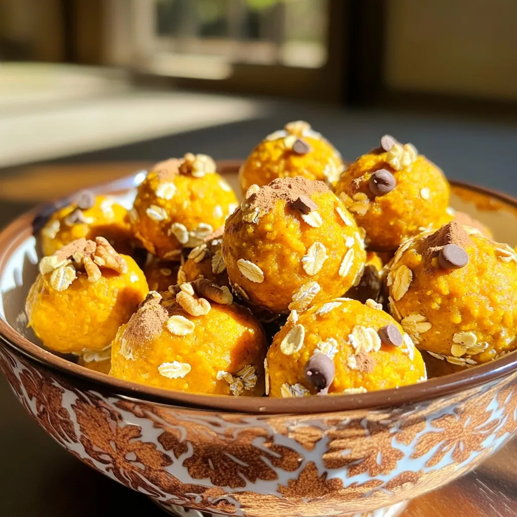 For these tasty bites, you need just a few main items: - 1 cup rolled oats - 1/2 cup pumpkin puree - 1/4 cup nut butter (almond or peanut) - 1/4 cup honey or maple syrup - 1 teaspoon vanilla extract - 1 tablespoon pumpkin pie spice - Pinch of salt These ingredients come together to create a soft and chewy texture. The oats provide fiber, and the pumpkin puree adds moisture and flavor. Nut butter gives richness and protein, while honey or maple syrup brings sweetness. You can mix in some fun extras for more taste: - 1/4 cup chopped walnuts or pecans (optional) - 1/4 cup chocolate chips or raisins (optional) Adding nuts gives crunch. Chocolate chips or raisins add sweetness. Feel free to choose what you like best! These bites are not just tasty; they are also nutritious. Each bite provides healthy fats, fiber, and protein. They are great for a quick snack or a pick-me-up. The pumpkin is rich in vitamins A and C. The oats help keep you full, making them a smart choice for busy days. Enjoy these bites guilt-free! To start, grab a large bowl. Add 1 cup of rolled oats. Next, add 1/2 cup of pumpkin puree for creaminess. Now, mix in 1/4 cup of nut butter. You can choose almond or peanut butter based on your taste. Then, pour in 1/4 cup of honey or maple syrup. This will give the bites a touch of sweetness. Add 1 teaspoon of vanilla extract for extra flavor. Finally, sprinkle in 1 tablespoon of pumpkin pie spice and a pinch of salt. Stir everything until it blends well. Once the mixture is ready, it’s time to shape it. Use your hands or a cookie scoop. Form small balls, about 1 inch in size. This size is perfect for snacking. If you like, fold in 1/4 cup of chopped walnuts or pecans. You can also add 1/4 cup of chocolate chips or raisins for a sweet twist. Place the formed bites on a parchment-lined baking sheet. This keeps them from sticking. Now, let’s firm them up! Put the baking sheet in the fridge. Let the energy bites chill for at least 30 minutes. This step is key to making them hold their shape. After chilling, they will be ready to enjoy! If you have leftovers, store them in an airtight container. Keep them in the fridge for up to one week. Enjoy these bites as a tasty snack or a quick energy boost! For the best energy bites, aim for a sticky yet firm mix. The oats should hold together but not be too wet. If your mixture feels dry, add a touch more pumpkin puree or nut butter. If it’s too wet, add more oats. This balance helps each bite stay together while being soft enough to enjoy. You can easily change these bites to fit your taste. Swap pumpkin puree with sweet potato or butternut squash for a twist. Try different nut butters like cashew or sunflower for new flavors. You can also add seeds like chia or flax for extra crunch and nutrients. Mixing in dried fruits like cranberries or apricots can boost sweetness too. To keep cleanup simple, use parchment paper for your mixing bowl. This way, you can just lift it out and clean up easily. Use a cookie scoop to form the bites; this keeps your hands clean. After forming, wash your bowl and scoop right away to avoid sticky messes. Keep your workspace organized to make the process smooth and fun. {{image_2}} You can change the flavor of your energy bites to match the seasons. In fall, use extra pumpkin pie spice for a strong taste. In winter, try adding peppermint extract for a festive twist. In spring, mix in lemon zest for a fresh flavor. In summer, you can add dried fruits like cranberries or apricots for a fruity punch. If you have nut allergies, sunflower seed butter works well instead of nut butter. For a vegan option, use maple syrup instead of honey. Gluten-free folks can choose certified gluten-free oats. If you're avoiding sugar, use a sugar substitute like stevia or erythritol. Each swap keeps the bites tasty and safe for everyone. These bites are great on their own, but pairing them enhances the experience. Serve them with coffee or tea for a cozy snack. You can also add them to yogurt or oatmeal for extra energy. For a fun twist, use them as a topping on smoothies or smoothie bowls. They make a great grab-and-go snack for busy days. To keep your No-Bake Pumpkin Pie Energy Bites fresh, store them in an airtight container. I recommend using a glass or plastic container with a tight lid. This way, they stay moist and tasty. Avoid leaving them out at room temperature for too long. These energy bites last about one week in the fridge. Make sure to check for any signs of spoilage before eating. If they start to smell off or change in color, it's best to toss them. For a little extra flavor, add a sprinkle of pumpkin pie spice on top before you store them. If you want to keep them longer, freezing is a great option. Place the energy bites in a single layer on a baking sheet. Freeze them for about two hours. Once firm, transfer them to a freezer bag or container. They can stay frozen for up to three months. When you want a bite, just take them out and let them thaw in the fridge. Enjoy the taste of fall anytime! Yes, you can use different nut butters. Almond and peanut butter work well. You can also try cashew butter or sunflower seed butter. Each one brings its own flavor. Just make sure it’s creamy to mix well. To adjust sweetness, add more honey or maple syrup for a sweeter bite. If you want less sweetness, reduce the syrup. You can also add unsweetened cocoa powder or extra spices. This will help balance the flavor. Serve these bites in a fun bowl. They pair nicely with coffee or tea. You can sprinkle some pumpkin pie spice on top for a nice look. These bites also make great snacks for parties or lunch boxes. Energy bites are simple to make and loaded with nutrition. We covered key ingredients like oats and nut butter, plus tasty options for customization. I shared steps for blending, forming, and refrigerating your bites. You learned tips for texture and flavors, and how to clean up easily. I also explained storage methods to keep your bites fresh. In the end, you have a versatile snack that's easy to prepare. Enjoy experimenting with flavors and ingredients to make your perfect energy bite!