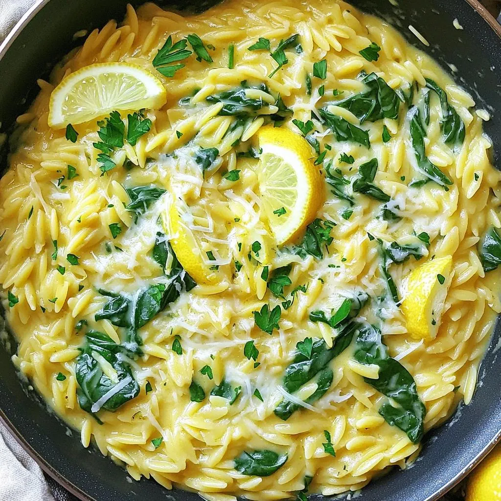 To make One-Pan Creamy Lemon Parmesan Orzo, gather these ingredients: - 1 cup orzo pasta - 2 tablespoons olive oil - 1 small onion, diced - 3 cloves garlic, minced - 2 cups vegetable broth - 1 cup heavy cream - 1 cup grated Parmesan cheese - Zest of 1 lemon - Juice of 1 lemon - Salt and pepper to taste - 1 cup fresh spinach, chopped For extra flavor and a nice touch, consider these garnishes: - 1/4 cup fresh parsley, chopped - Lemon slices If you’re missing some items, try these swaps: - Use chicken broth instead of vegetable broth for a richer taste. - Swap heavy cream for half-and-half for a lighter option. - You can use other cheeses like feta or goat cheese for a different flavor. - If you don’t have fresh spinach, frozen spinach works too, just thaw it first. This dish shines with simple ingredients. Each one plays a big role in creating a creamy, zesty flavor. Start by gathering all your ingredients. You will need: - 1 cup orzo pasta - 2 tablespoons olive oil - 1 small onion, diced - 3 cloves garlic, minced - 2 cups vegetable broth - 1 cup heavy cream - 1 cup grated Parmesan cheese - Zest of 1 lemon - Juice of 1 lemon - Salt and pepper to taste - 1 cup fresh spinach, chopped - 1/4 cup fresh parsley, chopped (for garnish) - Lemon slices (for garnish) Next, dice the onion and mince the garlic. This will help the flavors blend well. Heat the olive oil in a large skillet over medium heat. Add the diced onion. Cook it for about 3 to 4 minutes until it becomes soft and clear. Then, stir in the minced garlic and cook for 1 more minute. You want the garlic to smell nice, but not burn. Now, add the orzo pasta to the skillet. Stir it well to coat it in the oil. Cook for 2 minutes to give the orzo a little toast. Pour in the vegetable broth. Bring this mixture to a gentle simmer. Cook for about 8 to 10 minutes. Stir occasionally. You want the orzo to be al dente, and most of the liquid should be absorbed. Once that's done, lower the heat. Add the heavy cream and grated Parmesan cheese. Mix it well until the cheese melts and the sauce is creamy. This is where the magic happens! Next, mix in the lemon zest and juice. Season with salt and pepper to taste. This adds a lovely brightness to the dish. Fold in the chopped spinach. Let it wilt for about 1 to 2 minutes. This adds color and nutrition to your orzo. Remove the skillet from heat and let the dish sit for a minute. This helps it thicken up a bit. Now, it’s time to serve! Spoon the creamy lemon Parmesan orzo into bowls. Garnish with fresh parsley and lemon slices on the side. Enjoy this delightful dish warm! You want a rich and creamy sauce. Start with heavy cream for the best texture. After adding the cream and cheese, mix well. This helps to melt the cheese evenly. If the sauce seems too thick, add a bit more vegetable broth. For brightness, use fresh lemon zest and juice. They enhance the creaminess and add flavor. Cooking orzo is simple but needs care. First, toast the orzo in olive oil. This enhances the flavor. Stir it for about two minutes before adding broth. Use a gentle simmer, not a rolling boil. Stir often to prevent it from sticking. Check for doneness after eight minutes. The orzo should be firm but not hard. Fresh ingredients make a big difference. Use fresh spinach for a bright taste and color. Chop it finely to help it wilt nicely. Use freshly grated Parmesan cheese, not pre-packaged. It melts better and adds more flavor. For garnish, fresh parsley and lemon slices add a nice touch. They make the dish look great and boost freshness. {{image_2}} You can easily add protein to your creamy lemon Parmesan orzo. Chicken is a great choice. Just cook diced chicken in the skillet before adding the onion. Shrimp also works well. Sauté shrimp until pink, then follow the rest of the recipe. Both options make the dish heartier. For a vegetarian twist, omit the heavy cream and use coconut milk. This keeps it creamy and delicious. If you want a vegan dish, swap out the Parmesan for nutritional yeast. It adds a cheesy flavor without dairy. Just make sure to check labels for broth and cream that fit your diet. You can boost the flavor with herbs and spices. Fresh basil or thyme adds a lovely aroma. A pinch of red pepper flakes gives a nice kick. You can also try adding sun-dried tomatoes for a tangy touch. These small changes can really make your dish pop! To store your leftover creamy lemon Parmesan orzo, let it cool first. Then, transfer it to an airtight container. Make sure to seal it tightly. You can keep it in the fridge for up to three days. This helps lock in the flavors and keeps it fresh. When you're ready to enjoy your leftovers, heat them gently. You can use a saucepan over medium heat. Add a splash of vegetable broth or cream to help it stay creamy. Stir often to prevent sticking. You can also use the microwave. Heat in short intervals, stirring in between. This keeps the dish warm and tasty. You can freeze creamy lemon Parmesan orzo if you want to save some for later. Use a freezer-safe container or bag. Make sure to remove as much air as possible. Label it with the date. It can last up to three months in the freezer. To thaw, place it in the fridge overnight. Then reheat as mentioned above. Enjoy the lovely flavors even after freezing! You can pair creamy lemon Parmesan orzo with many tasty sides. A fresh green salad works well. Try a simple arugula salad with lemon vinaigrette. Grilled chicken or shrimp adds protein and flavor. Roasted vegetables also make a great side. Garlic bread can help soak up the creamy sauce too. Yes, you can use other pasta types! If you want a different shape, try farfalle or penne. Just adjust the cooking time according to the pasta you choose. Remember, orzo cooks quickly, so check for doneness regularly. Smaller pasta shapes will work best for a creamy texture. To make creamy lemon Parmesan orzo gluten-free, use gluten-free orzo. Many brands offer this option. Check the labels to ensure they are truly gluten-free. You can also use rice or quinoa as alternatives. Just remember to adjust the cooking time for these grains as needed. This post covered everything you need for creamy lemon Parmesan orzo. You now have the main ingredients, preparation steps, and cooking tips at your fingertips. Remember, you can switch up proteins or try vegan options. Store leftovers properly for a quick meal later. With these insights, your dish will impress every time. Enjoy making this simple yet delicious recipe!