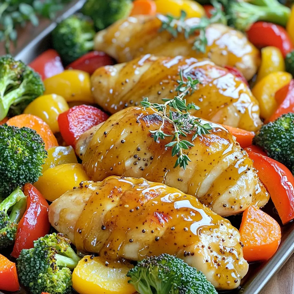 - 4 boneless, skinless chicken breasts - 1/4 cup honey - 1/4 cup Dijon mustard - 2 cups broccoli florets - 2 cups baby carrots - 1 red bell pepper, sliced - 1 yellow bell pepper, sliced - 2 tablespoons olive oil - 1 tablespoon apple cider vinegar - 2 cloves garlic, minced For this dish, the main stars are the chicken and the honey mustard mix. The chicken breasts are juicy and tender, making them perfect for roasting. Honey adds a sweet touch, while Dijon mustard gives it a nice kick. The veggies bring color and crunch. Broccoli florets add a fresh taste. Baby carrots provide a sweet, earthy flavor. The red and yellow bell peppers add a pop of color and sweetness, making the dish visually appealing. To bring it all together, the marinade is key. Olive oil keeps everything moist. Apple cider vinegar adds a tangy note. Minced garlic enhances the flavor. This simple mix brings out the best in the chicken and veggies. Gather these ingredients, and you are ready to create a delightful meal! First, you need to preheat your oven to 425°F (220°C). This high heat helps the chicken cook quickly and keeps it juicy. While the oven heats, line a large baking sheet with parchment paper or aluminum foil. This makes cleanup easy and keeps your food from sticking. Now it’s time to make the marinade. In a medium bowl, whisk together these ingredients: - 1/4 cup honey - 1/4 cup Dijon mustard - 2 tablespoons olive oil - 1 tablespoon apple cider vinegar - 2 cloves garlic, minced - 1 teaspoon dried thyme - 1 teaspoon paprika - Salt and pepper to taste Mix until everything blends well. Next, take your four boneless, skinless chicken breasts and place them on one side of the baking sheet. Pour half of the honey mustard marinade over the chicken. Make sure to coat each piece well for the best flavor. In a separate bowl, combine two cups of broccoli florets, two cups of baby carrots, and one sliced red bell pepper with one sliced yellow bell pepper. Drizzle the remaining marinade over the veggies and toss to coat them evenly. Arrange the coated vegetables on the other side of the baking sheet, leaving space between them. This helps them roast evenly and get that nice caramelized look. Now, you’re ready to bake! Place the sheet pan in the oven and let it cook for 25-30 minutes. The chicken should reach an internal temperature of 165°F (75°C) while the veggies become tender. Enjoy the delicious smell filling your kitchen! To cook chicken safely, aim for an internal temperature of 165°F (75°C). Use a meat thermometer to check. For veggies, roast them until they are tender and slightly caramelized. This usually takes about 25-30 minutes at 425°F (220°C). Keep an eye on the veggies, as different types may cook at different rates. To ensure your chicken is well-coated, pour half the marinade over the chicken in the pan. Use a brush or your hands to spread it evenly. Let the chicken soak in all those flavors for at least 10 minutes before cooking. After baking, let the chicken rest for 5 minutes. This helps keep it juicy and tender. For serving, lay the chicken and veggies on a large platter. Arrange them in a colorful pattern. Drizzle a little extra honey over the top for added sweetness. Garnish the dish with fresh thyme sprigs. This adds a nice touch and makes your meal look beautiful. {{image_2}} You can swap in many different vegetables for this dish. Try using zucchini, asparagus, or cauliflower. Each brings a unique taste and texture. If you want a colorful mix, consider using snap peas or cherry tomatoes. Seasonal variations also work well. In the fall, use Brussels sprouts or sweet potatoes. In the summer, fresh corn and green beans shine. Always choose what’s fresh and in season. This keeps your meal tasty and bright. While chicken breasts are the star here, thighs or drumsticks can add more flavor. Dark meat stays moist and tender during cooking. It’s a great alternative if you prefer richer taste. For a vegetarian option, consider using chickpeas or tofu. Both soak up the honey mustard marinade well. Just bake them until crispy for extra texture. It’s a fun way to enjoy this dish without meat. Spices can take this dish to another level. Try adding cumin or cayenne for a little heat. Fresh herbs like rosemary or parsley can add freshness. You can mix and match to find your favorite combo. Alternative marinades also work wonders. Use balsamic vinegar instead of apple cider for a deeper flavor. A soy sauce base gives a savory twist. Experiment with what you have on hand for new tastes. You can keep your cooked Sheet-Pan Honey Mustard Chicken & Veggies in the fridge for up to four days. Store it in airtight containers. This keeps the chicken and veggies fresh and tasty. To freeze leftovers, let the dish cool completely. Then, place it in freezer-safe containers. Be sure to leave some space at the top, as the food will expand. You can freeze it for up to three months. To thaw, move it to the fridge overnight. Reheat it in the oven or microwave when ready to eat. The best way to reheat chicken and veggies is in the oven. Preheat it to 350°F (175°C). Place the food on a baking sheet and cover it with foil. This keeps it moist. Heat for about 15-20 minutes, or until hot. If using a microwave, cover the dish to avoid drying it out. Enjoy your meal as if it was just made! You can serve many tasty sides with this dish. Here are some ideas: - Rice: White or brown rice pairs well. It soaks up the sauce nicely. - Quinoa: This grain adds protein and a different texture. - Mashed Potatoes: Creamy mashed potatoes balance the dish. - Salad: A fresh green salad adds crunch and brightness. - Crusty Bread: Serve with warm, crusty bread to soak up the sauce. These sides make your meal complete and delicious. Yes, you can prepare this dish ahead of time. Here are some tips: - Marinate the Chicken: You can marinate the chicken overnight in the fridge. This helps the flavors soak in. - Chop Veggies Early: Cut your veggies a day in advance. Store them in an airtight container in the fridge. - Pre-assemble: You can place the chicken and veggies on the sheet pan. Cover it with plastic wrap and keep it in the fridge. When ready to cook, just pop it in the oven. This saves time on busy days. To keep your chicken juicy, follow these tips: - Don’t Overcook: Bake it until it reaches 165°F (75°C). Use a meat thermometer for accuracy. - Marinate Well: Allow the chicken to marinate for at least 30 minutes. This adds moisture. - Rest After Baking: Let the chicken rest for 5 minutes after baking. This allows the juices to redistribute. Using these methods will give you tender, juicy chicken every time. You learned how to make Sheet-Pan Honey Mustard Chicken with easy steps. We covered main ingredients like chicken, honey, and vegetables. I shared tips for cooking, storage, and serving. This dish is versatile and works for any meal. You can mix in different veggies or try new proteins. Now, you have the tools to enjoy a flavorful and healthy meal. Happy cooking!