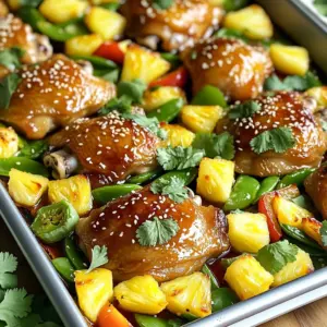 - 1 lb boneless, skinless chicken thighs - 1 cup fresh pineapple, cubed - 1 bell pepper (red or yellow), sliced - 1 small red onion, cut into wedges - 1 cup snap peas - 1/4 cup teriyaki sauce (store-bought or homemade) - 2 tablespoons olive oil - 2 cloves garlic, minced - 1 teaspoon ginger, grated - Salt and pepper to taste - Sesame seeds - Fresh cilantro Gathering these ingredients is the first step to a tasty meal. The chicken thighs are juicy and tender. Pineapple adds a sweet twist that balances the savory teriyaki sauce. A bell pepper gives crunch and color, while red onion adds a mild zing. Snap peas bring a fresh touch and a pop of green. For the teriyaki sauce, you can use store-bought or make your own. Both options work great! Garlic and ginger give the sauce depth. Remember to season with salt and pepper. Lastly, don’t skip the garnishes! Sesame seeds add a nice crunch, and fresh cilantro gives a bright finish. These small touches really elevate your dish. - Preheat oven to 425°F (220°C). - Line a baking sheet with parchment paper. First, set your oven to preheat. This step is key for even cooking. While the oven warms up, grab your baking sheet. Lining it with parchment paper makes cleanup easy and helps your meal cook evenly. - Combine teriyaki sauce, olive oil, garlic, and ginger. In a bowl, mix your teriyaki sauce with olive oil. Add minced garlic and grated ginger. Whisk it all together until it looks nice and smooth. This sauce gives your chicken a tasty kick. - Place chicken, season, and pour teriyaki mixture. - Add vegetables and drizzle with remaining sauce. Next, place the chicken thighs on the lined baking sheet. Season them lightly with salt and pepper. Pour half of your teriyaki sauce mixture over the chicken. Then, add the cubed pineapple, bell pepper slices, onion wedges, and snap peas around the chicken. Drizzle the rest of the sauce over everything. This will make all the flavors blend together nicely. - Bake for 20-25 minutes. - Check internal temperature. Now, slide the baking sheet into your preheated oven. Bake for about 20 to 25 minutes. Use a meat thermometer to check if your chicken has reached 165°F (75°C). This ensures your chicken is cooked just right and safe to eat. - Rest and garnish before serving. Once the chicken is done, take it out of the oven. Let it rest for a few minutes. This helps the juices settle. Before serving, sprinkle sesame seeds and fresh cilantro on top. This adds a nice look and fresh taste. Enjoy your meal! To get great flavor from the chicken, marinate it for at least 30 minutes. This helps the teriyaki sauce soak in. You can also marinate it overnight for even more taste. Use a meat thermometer to check the chicken’s doneness. It should reach 165°F (75°C). This ensures it is safe to eat and juicy. When choosing vegetables for sheet pan meals, go for bell peppers, snap peas, and onions. They add great color and taste. Cut them into similar sizes for even cooking. If you like your veggies crisp, reduce the cooking time. Check them around the 15-minute mark. If you want softer veggies, let them bake a bit longer. Making your own teriyaki sauce is easy and fun! You need soy sauce, honey, garlic, and ginger. Mix these ingredients in a bowl for a tasty sauce. If you have leftover sauce, store it in a jar in the fridge. It lasts for about a week. You can use it for other dishes or as a dip! {{image_2}} You can switch up the protein in your teriyaki dish. If you want a plant-based option, use tofu. Tofu absorbs flavors well and adds a nice texture. Just cut it into cubes and add it to the pan. Shrimp is another great choice. It cooks fast and pairs well with pineapple. If you prefer chicken breasts, they work too. They are leaner than thighs but will still taste great with teriyaki sauce. Feel free to get creative with your veggies. Broccoli, carrots, and zucchini all blend well with teriyaki flavors. You can also try adding more fruit, like mango or bell pepper. These fruits bring extra sweetness and balance the savory sauce. Mixing different colors of veggies makes your dish more eye-catching and fun! Want to add some heat? Adjust your teriyaki sauce! You can add chili flakes to the sauce before baking. For a bolder kick, mix in some sriracha. This gives a spicy kick that pairs well with the sweet pineapple. Just remember to start with a small amount. You can always add more if you like it spicy! After you enjoy your meal, don’t toss the leftovers! To store cooked chicken, first let it cool. This helps keep moisture in. Use airtight containers to keep your chicken fresh. Glass containers work well. They do not stain or hold smells. You can keep the chicken in the fridge for up to four days. Label your containers with the date, so you know when to eat them. When it’s time to enjoy leftovers, choose the right method. The oven is best for reheating. Preheat it to 350°F (175°C). Place the chicken on a baking sheet. Cover it with foil to keep moisture. Bake for about 15-20 minutes. This helps maintain texture. If you use a microwave, heat in short bursts. Stir between heats to avoid hot spots. This way, you keep the chicken juicy. To freeze leftover teriyaki chicken, first ensure it’s cool. Place it in a freezer-safe container or a heavy-duty bag. Remove as much air as possible. This prevents freezer burn. You can freeze it for up to three months. When you're ready to eat, thaw it in the fridge overnight. For reheating, use the oven or stovetop. Avoid the microwave, as it can dry out the chicken. You should bake this dish for 20-25 minutes at 425°F (220°C). This time lets the chicken cook fully and keeps the veggies tender. Always check the chicken's internal temperature. It should reach 165°F (75°C) for safe eating. Yes, marinating the chicken overnight is a great idea! It allows the flavors to soak in deep. This makes the chicken more juicy and tasty. Use the teriyaki mixture to coat the chicken before placing it in the fridge. You can serve this dish with a variety of sides. Here are some ideas: - Steamed rice or jasmine rice - Quinoa for a healthy twist - Mixed green salad for freshness - Noodles tossed in sesame oil Yes, this dish can be healthy! It has lean chicken and lots of veggies. The fresh pineapple adds vitamins and sweetness. You control the amount of teriyaki sauce, which can help cut down on sugar. Overall, it makes a balanced meal. This blog post covered a simple and tasty sheet pan teriyaki chicken recipe. You learned the key ingredients and step-by-step instructions to make this dish. I shared tips for marinating, cooking veggies, and even making your own teriyaki sauce. You can swap proteins or veggies to fit your taste. Plus, I included storage and reheating tips for leftovers. Enjoy trying this dish, and don't be afraid to get creative! Your kitchen adventures await!