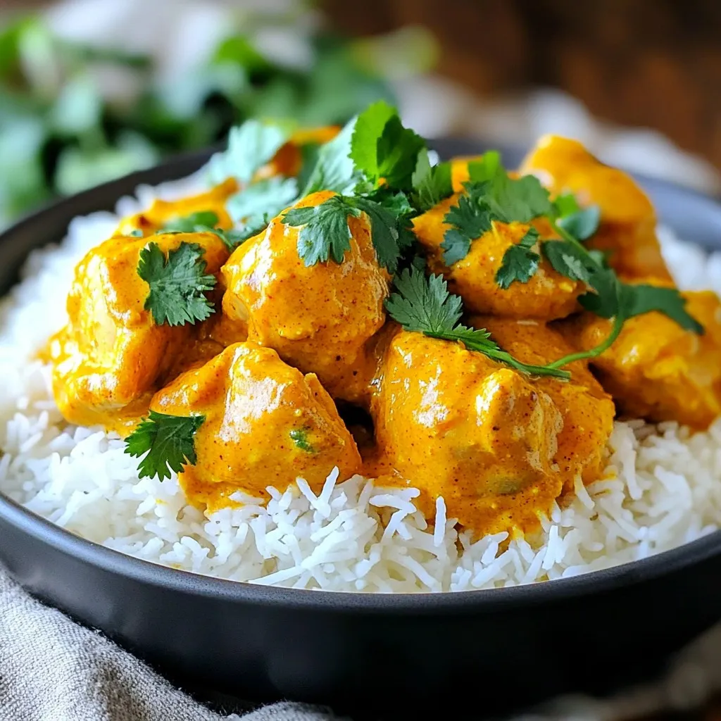 - 1.5 lbs boneless, skinless chicken thighs - 1 medium onion, finely chopped - 3 cloves garlic, minced - 1 tablespoon ginger, minced - 2 teaspoons garam masala - 1 teaspoon ground cumin - 1 teaspoon ground coriander - 1 teaspoon turmeric powder - 1/2 teaspoon chili powder - 1 cup tomato puree - 1 cup coconut milk - 4 tablespoons unsalted butter - Salt to taste - Fresh cilantro for garnish - Cooked basmati rice or naan for serving When I make Instant Pot Butter Chicken, I love how the flavors mix. First, I choose juicy chicken thighs. They stay moist and tender. I chop a medium onion to add a sweet base. Next, I mince three cloves of garlic and a tablespoon of ginger. These add a nice kick. For spices, I use garam masala, cumin, coriander, turmeric, and chili powder. Each spice brings its own charm. The garam masala adds warmth, while the turmeric brings color. I use a cup of tomato puree and a cup of coconut milk. This mix makes the sauce creamy and rich. Finally, I add four tablespoons of unsalted butter for richness. I always keep salt nearby to taste. For the final touch, fresh cilantro brightens each bite. Served over basmati rice or with warm naan, this dish becomes a cozy meal. - Set Instant Pot to 'Sauté' mode. - Melt 2 tablespoons of butter in the pot. - Add the chopped onion and cook for about 3-4 minutes. - Cook until the onion is clear and soft. - Stir in 3 cloves of minced garlic and 1 tablespoon of minced ginger. - Cook for an extra minute to bring out their scents. - Add 1.5 lbs of boneless chicken thighs to the pot. - Season with salt and mix well. - Sprinkle in 2 teaspoons of garam masala, 1 teaspoon of cumin, 1 teaspoon of coriander, 1 teaspoon of turmeric, and 1/2 teaspoon of chili powder. - Mix until the chicken is well coated with the spices. - Pour in 1 cup of tomato puree and 1 cup of coconut milk. - Stir the mixture until everything blends together nicely. - Secure the lid on the Instant Pot. - Set it to 'Pressure Cook' on high for 8 minutes. - When cooking time ends, allow the pressure to release naturally for 10 minutes. - Carefully release any leftover pressure. - Remove the lid and stir in the remaining 2 tablespoons of butter. - Adjust the seasoning with more salt if needed. To make the best butter chicken, balance the spices. Use just the right amount of garam masala, cumin, and chili powder. Too much heat can overwhelm the dish. Start with the amounts in the recipe. You can always add more if needed. Keep the chicken tender. Boneless, skinless thighs work well because they stay juicy. Cut them into bite-sized pieces for even cooking. Avoid using chicken breast as it can dry out quickly. Try adding fresh vegetables like spinach or peas for extra color and nutrition. You can also mix in a bit of lemon juice for a bright twist. If you like nuts, blend in some cashews for a creamy texture. For garnishes, fresh cilantro is a classic choice. You may also sprinkle some toasted almonds or add a dollop of yogurt. These additions will make your dish pop visually and taste-wise. One common mistake is overcooking the chicken. The Instant Pot does its job quickly. Eight minutes is just right! If you cook it longer, the chicken can become tough. Timing the pressure release is crucial. Allow a natural release for ten minutes. This helps the flavors meld together. If you rush and open the pot too soon, you might lose some of that rich taste. These tips will help you create a delicious Instant Pot butter chicken every time! Enjoy your cooking journey! {{image_2}} You can easily make this dish gluten-free. Just check your spices and tomato puree for gluten. Most are safe to use. For a dairy-free option, swap the butter for coconut oil. It keeps the dish rich and creamy. Want more heat? Add extra chili powder to fit your taste. If you prefer milder flavors, cut back on the chili. You can also add veggies. Spinach or peas mix well and boost the dish's nutrition. Incorporating local spices can give your butter chicken a unique twist. Try using smoked paprika for a new flavor. You can also swap coconut milk with heavy cream for a richer texture. This makes the sauce even creamier. After cooking, let your butter chicken cool. Use shallow containers to store it. This helps it cool fast. Seal the containers tightly to keep the flavors fresh. Glass or BPA-free plastic containers work best. To freeze, let the dish cool completely. Transfer it to freezer-safe bags or containers. Remove as much air as possible to prevent freezer burn. When ready to eat, thaw it in the fridge overnight. Reheat in the microwave or on the stove. Stir well to ensure it heats evenly. In the fridge, butter chicken lasts for about 3 to 4 days. If frozen, it can last up to 3 months. Check for signs of spoilage. If it smells off or shows mold, throw it away. Always trust your senses! Yes, you can use chicken breast. Here are the pros and cons: - Pros: Chicken breast is leaner. It cooks faster. It absorbs flavors well. - Cons: It can dry out easily. It may lack the rich taste of thighs. You need to watch the cooking time closely. To serve more people, follow these steps: - Scale Ingredients: Double or triple the chicken. Adjust spices, tomato puree, and coconut milk accordingly. - Cooking Times: Keep the cooking time the same for pressure cooking. Just ensure the pot is not overfilled. Butter Chicken pairs well with several sides: - Basmati Rice: It soaks up the sauce nicely. - Naan: Perfect for scooping up the chicken. - Vegetable Sides: Think of sautéed spinach or roasted cauliflower. These options enhance the meal and make it more filling. Enjoy your cooking! In this blog post, we explored the ingredients for a tasty butter chicken. We covered spices, additional items, and how to prepare the dish step by step. I shared helpful tips to perfect your recipe and avoid common mistakes. You can also adjust for dietary needs and store leftovers properly. Cooking can be fun and rewarding. Enjoy the flavors while making this dish your own. With the right approach, you will create a delicious meal that everyone loves. Happy cooking!