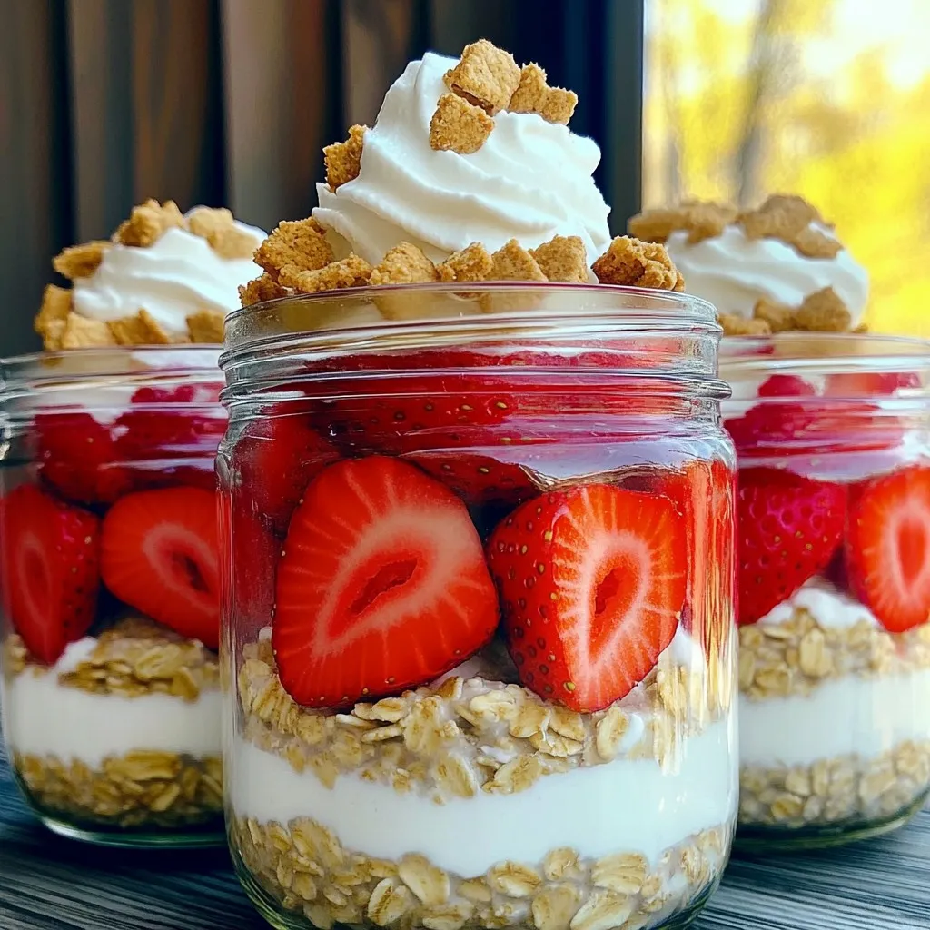 - 1 cup rolled oats - 1 cup unsweetened almond milk (or your milk of choice) - 1 cup Greek yogurt (vanilla-flavored works best) - 1 tablespoon maple syrup (optional, adjust to taste) - 1 teaspoon vanilla extract - 1 cup fresh strawberries, hulled and quartered - 2 tablespoons chia seeds - A pinch of salt - Whipped coconut cream (for topping, optional) - Crushed graham crackers (for garnish, optional) You can make this dish your own! Here are some fun ideas: - Swap almond milk for oat or soy milk. - Try coconut yogurt instead of Greek yogurt for a dairy-free option. - Use honey instead of maple syrup if you prefer. - Add nuts or seeds for extra crunch. Using rolled oats is best for this recipe. Quick oats can get mushy, while steel-cut oats will take longer to soak. Greek yogurt gives creaminess and protein but can be swapped for any yogurt you like. If you want a vegan option, consider coconut yogurt. For sweetness, adjust the maple syrup to your taste. You can use fresh strawberries or frozen ones. Just thaw the frozen ones before adding them. If you need a nut-free option, choose oat milk and skip the whipped cream topping. To make strawberry shortcake overnight oats, start by gathering your ingredients. You’ll need rolled oats, chia seeds, and salt in one bowl. In another bowl, mix almond milk, Greek yogurt, maple syrup, and vanilla extract. Whisk until smooth. Pour this mix over the oats and chia seeds. Stir well, so everything combines nicely. Next, fold in the quartered strawberries, saving some for later. Divide the mixture into jars, pressing down gently. Seal the jars and place them in the fridge overnight or for at least six hours. This allows the oats to get soft and creamy. When measuring, use standard cups for dry and liquid ingredients. Use a dry measuring cup for oats and chia seeds. For liquids like almond milk, use a liquid measuring cup. This helps you get the right amounts. If you want to be precise, use a kitchen scale. It makes measuring much easier and more accurate. Make sure to level off the top of the measuring cup when using dry ingredients. This ensures you don’t add too much. After chilling, take the jars out of the fridge. Stir the oats to mix them again. If they seem thick, add a splash of almond milk for a creamier texture. Top each jar with a dollop of whipped coconut cream. Add the reserved strawberries on top. For extra crunch, sprinkle crushed graham crackers. You can also garnish with fresh mint for a pop of color. This makes your dish look great and adds a fresh taste. Enjoy your delicious strawberry shortcake overnight oats! To get the best texture, use rolled oats. They soak up liquid well. Chia seeds also help create a creamy feel. Mix the dry ingredients first. This ensures even soaking. After adding the wet mix, stir well. This helps all the oats absorb flavors. Leave the jars in the fridge overnight. This gives the oats time to soften. To boost flavors, choose ripe strawberries. Sweet, fresh fruit makes a big difference. Use vanilla-flavored Greek yogurt for extra taste. A splash of maple syrup adds sweetness. You can also try adding a pinch of cinnamon. This gives the oats a warm note. Lastly, a dollop of whipped coconut cream brings richness. One mistake is not mixing enough. If you skip this, some oats might remain dry. Also, don’t forget to press the mixture down in the jars. This helps avoid air pockets. Another common error is using old oats. Always check the freshness for the best results. Lastly, avoid adding toppings too early. Keep them for serving time to stay crunchy. {{image_2}} Want a tropical twist? Swap strawberries for diced mango, pineapple, or kiwi. Use coconut milk instead of almond milk. This change gives it a fun, island vibe. Add shredded coconut for texture. Enjoy this bright and fruity mix! Love chocolate? Mix in cocoa powder or chocolate protein powder with the oats. Top with dark chocolate chips and extra strawberries. This version makes each bite rich and sweet. It's a dessert-like treat for breakfast! If you need to avoid grains, use almond flour or coconut flour instead of rolled oats. Mix with your favorite nut milk and yogurt. This keeps the flavors but changes the texture. You can still enjoy a tasty, creamy breakfast! I like to use glass jars for storing overnight oats. They keep the oats fresh and let you see the layers. You can also use airtight plastic containers. Just make sure they seal well. Strawberry shortcake overnight oats can last in the fridge for up to five days. After that, the oats may lose their texture and flavor. Always check for signs of spoilage before eating. To keep your oats fresh, store them in the back of the fridge. This part is usually cooler. Avoid adding toppings like whipped cream or graham crackers until you are ready to eat. This keeps everything crispy and tasty. If you find your oats are too thick, mix in a little almond milk to loosen them up. Yes, you can! Use any fruit you like. Blueberries, peaches, and bananas work great. Just chop them up and mix them in. Fresh or frozen fruits are both good options. Each fruit brings its own flavor and color to your oats. To make it vegan, swap Greek yogurt for a plant-based yogurt. Use almond milk or coconut milk instead of regular milk. You can also skip the maple syrup if you want. Just check that your yogurt is dairy-free. You can use any plain yogurt. For a vegan option, choose coconut or almond yogurt. Silken tofu blended smooth also works well. It gives you the same creaminess and protein without dairy. They can last up to five days in the fridge. Store them in airtight jars to keep them fresh. Just make sure to stir them well before eating. If they seem too thick, add a splash of milk. Yes, you can skip chia seeds if you want. They help thicken the oats, but they are not necessary. You can add more oats or yogurt to achieve a creamy texture instead. This blog post covered all the essential parts of making delicious overnight oats. We discussed the key ingredients, step-by-step instructions, and helpful tips. You learned about fun variations and safe storage methods to keep your oats fresh. My final thought is: feel free to mix and match flavors. This recipe is flexible and great for any taste. Enjoy your overnight oats, and don’t be afraid to try new things!