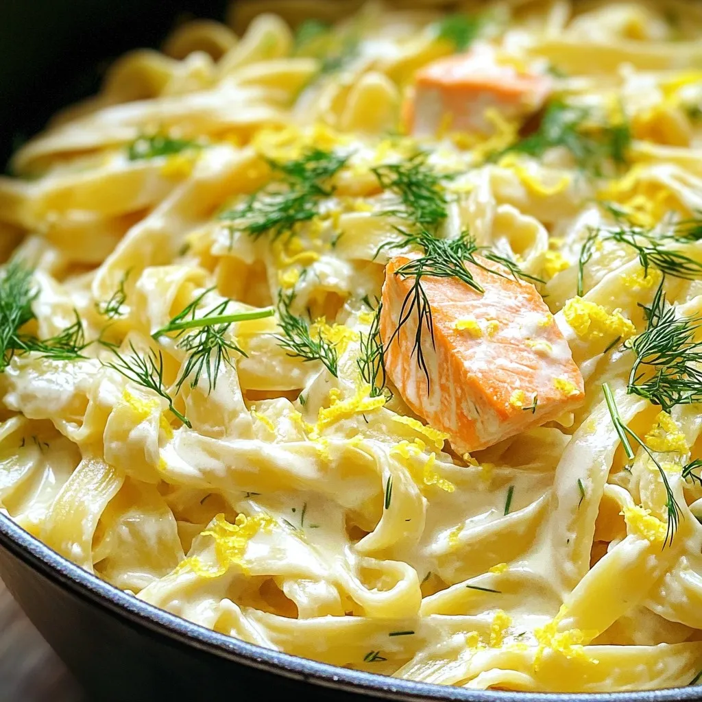 - 8 oz pasta (fettuccine or linguine) - 2 salmon fillets (6 oz each) - 1 tablespoon olive oil - 3 cloves garlic (minced) - 4 cups vegetable or chicken broth - 1 cup heavy cream - Juice and zest of 1 lemon - 1 teaspoon dried dill (or 2 teaspoons fresh dill) - Salt and pepper to taste - Fresh parsley (for garnish) Gathering the right ingredients is key to making this dish shine. For the pasta, I love using fettuccine or linguine because they hold the sauce well. The salmon fillets should be fresh and about 6 ounces each. Olive oil adds a rich flavor and helps cook the salmon. Minced garlic gives an aromatic touch that enhances the dish. Next, the broth and cream components bring this meal together. I prefer using vegetable or chicken broth, but choose what suits your taste. Heavy cream is essential for that creamy texture, while the juice and zest of one lemon add brightness. Finally, seasoning and garnishing elevate the dish. Dried dill gives a classic taste, but fresh dill is even better if you have it. Don’t forget salt and pepper for balance. A sprinkle of fresh parsley at the end not only adds color but also a hint of freshness. Enjoy your cooking adventure! To start, season your salmon fillets. Use salt and pepper on both sides. Heat a tablespoon of olive oil in a large pot over medium heat. Place the salmon in the pot. Sear it for about 3-4 minutes on each side. You want it golden brown and fully cooked. A good tip is to avoid moving the salmon too much while it cooks. This helps it brown nicely. Once cooked, remove the salmon and place it on a plate to cool. In the same pot, add three cloves of minced garlic. Sauté for about 1-2 minutes until it smells great. Next, pour in four cups of vegetable or chicken broth. Bring the broth to a boil. Now, add your pasta. I like using fettuccine or linguine. Cook the pasta according to the package instructions. Stir occasionally to keep it from sticking. Aim for al dente pasta, which means it should still have a slight bite. Once your pasta is cooked, reduce the heat to low. Add one cup of heavy cream, juice, and zest from one lemon, along with a teaspoon of dill. Stir well to combine. Let it simmer for 2-3 minutes. This helps thicken the sauce. Now, flake the cooked salmon into your creamy pasta mixture. Gently fold the salmon in so every bite has some flaky goodness. Taste and adjust seasoning with more salt and pepper if needed. Remove from heat and let it sit for a minute. This helps it thicken just a little more. Serve hot, garnished with fresh parsley. Enjoy your creamy lemon dill salmon pasta! To get that perfect creamy texture, you can adjust the cream to broth ratio. Use less broth for a thicker sauce. If you want it creamier, add more heavy cream. Cook on low heat to prevent burning. Stir gently as it simmers to keep the sauce smooth. Want to boost the flavors? Add extra herbs or spices to the mix. Fresh dill gives a nice touch, but you can also try basil or thyme. For a zesty kick, add some crushed red pepper or a splash of hot sauce. A hint of lemon zest can make it even brighter. Use a large pot or deep skillet for this dish. A non-stick pot helps with easy cooking and cleaning. Keep a sturdy spatula or wooden spoon handy for stirring. To make cleanup easier, soak the pot in warm soapy water right after serving. This way, stuck food comes off easily. {{image_2}} You can switch out salmon for other fish like trout or cod. These fish cook similarly and soak up flavors well. If you want a meat alternative, try chicken. Season and cook it just like the salmon. For a vegetarian twist, use chickpeas or tofu. Both add protein and pair well with the creamy sauce. If you need gluten-free options, use brown rice pasta or chickpea pasta. Both work great in this recipe. You can also use whole wheat pasta for a healthier twist. Other shapes like penne or rotini can also add fun to the dish. They hold sauce well and give a nice bite. If you want a dairy-free sauce, use coconut cream instead of heavy cream. It brings a sweet flavor that pairs well with lemon. You can also use almond milk with a bit of cornstarch for thickness. For a flavor twist, try lime juice instead of lemon. It adds a fresh zing to your dish, making it even more exciting. To keep your One Pot Creamy Lemon Dill Salmon Pasta fresh, cool it first. Place it in a shallow dish to speed up cooling. Use airtight containers to store leftovers. This helps prevent drying out or absorbing other smells from the fridge. Store the pasta in the fridge for up to three days. When you’re ready to enjoy leftovers, reheat gently. Use a skillet over low heat for the best results. Add a splash of broth or cream to keep it creamy. Stir often to warm it evenly and prevent sticking. You can also use the microwave, but be cautious. Heat in short bursts to avoid overcooking the pasta. Yes, you can freeze this dish! First, let it cool completely. Portion it into freezer-safe containers. Seal them tightly to prevent freezer burn. You can freeze it for up to three months. To thaw, move it to the fridge overnight. Reheat gently on the stove or in the microwave, adding a bit of cream or broth for creaminess. To cook salmon perfectly, look for a few key signs. The salmon should be opaque and flake easily with a fork. The inside should reach at least 145°F. You can use a meat thermometer to check. Insert it into the thickest part of the fish. If you don’t have a thermometer, press the fish gently with a fork. If it flakes, it's done. Yes, you can use frozen salmon. If using frozen salmon, thaw it completely before cooking. You can do this overnight in the fridge or quickly in cold water. If you use frozen salmon, add a few minutes to the cooking time. Make sure it cooks all the way through. Check the same signs of doneness as you would for fresh salmon. If you want to try different herbs, there are many great options. You can use parsley, tarragon, or basil. Each will offer a unique taste to your dish. If you choose a fresh herb, use about twice as much as dried. Cooking times will stay the same, but you may want to add the herbs towards the end for best flavor. This dish combines fresh salmon, creamy broth, and pasta for a tasty meal. You’ve learned how to prepare salmon, make the pasta, and combine flavors. Remember, you can customize it with different proteins or pasta shapes. Store your leftovers wisely and reheat for the best taste. Feel free to experiment with herbs and spices to make it truly yours. Enjoy cooking this delightful recipe!