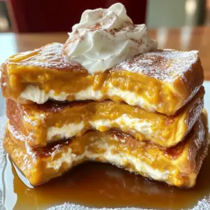Here is what you need to make Pumpkin Spice Cream Cheese French Toast: - 4 slices of thick bread (brioche or challah) - 1/2 cup cream cheese, softened - 1/2 cup pumpkin puree - 1/4 cup powdered sugar - 1 teaspoon pumpkin spice (cinnamon, nutmeg, ginger mix) - 1 teaspoon vanilla extract - 2 large eggs - 1/2 cup milk - 1 tablespoon butter (for cooking) - Maple syrup (for serving) - Whipped cream (optional, for garnishing) These ingredients come together to create a warm, cozy dish that feels like a hug on a plate. The thick bread gives a soft base, while the pumpkin cream cheese filling adds a sweet and spicy kick. You can use any thick bread you like, but brioche or challah works best for that pillowy texture. The spices really bring out the fall flavors. You’ll find that the cream cheese, pumpkin, and sugar blend into a rich filling. The powdered sugar sweetens it just right. Once you have everything ready, you can dive into the fun part of making this delightful breakfast. - Start by mixing 1/2 cup of softened cream cheese with 1/2 cup of pumpkin puree. - Add 1/4 cup of powdered sugar, 1 teaspoon of pumpkin spice, and 1 teaspoon of vanilla extract. - Whisk the mixture until it is smooth and well-combined. This filling will be the star of your French toast! - Take a slice of thick bread, like brioche or challah. - Spread a generous amount of the pumpkin cream cheese filling on it. - Place another slice of bread on top to make a sandwich. - Repeat this process with the remaining slices. You should have two delightful sandwiches ready to go! - Heat a large skillet over medium heat and add 1 tablespoon of butter. Let it melt and coat the pan. - In another bowl, whisk together 2 large eggs and 1/2 cup of milk until well mixed. - Gently dip each sandwich into the egg mixture. Make sure to coat both sides, but don't soak them too long. - Place the dipped sandwiches into the skillet. Cook for 3-4 minutes on each side until golden brown. - Once cooked, remove the French toast from the skillet and let it cool slightly. Enjoy the warm, pumpkin-spiced goodness! - Use thick bread, like brioche or challah. This gives a great texture. - Do not soak the bread for too long. This keeps it from getting mushy. - Cook on medium heat. This helps avoid burning the bread. - Look for a golden brown color. This shows the French toast is done. - Pair the French toast with fresh fruit or nuts. This adds nice flavor. - Customize your toppings. Try different syrups or whipped cream for variety. {{image_2}} You can make your Pumpkin Spice Cream Cheese French Toast even more fun. Try adding chocolate chips or nuts to the pumpkin cream cheese mix. This will give it a sweet crunch. For extra warmth, add spices like cloves or allspice. These spices boost the fall flavor and make each bite cozy. Don't feel stuck with just one type of bread. You can use gluten-free bread if you want a gluten-free option. It works great and tastes good too. You might also want to try whole grain or sourdough bread. These options add their unique flavors and textures. Want to make this dish a bit lighter? Use low-fat cream cheese instead of regular cream cheese. This swap cuts down on fat without losing taste. You can also replace maple syrup with honey or agave. Both sweeteners add a nice flavor and are lighter options. After enjoying your Pumpkin Spice Cream Cheese French Toast, store any leftovers. Place it in an airtight container. This keeps it fresh. It tastes best when eaten within 2-3 days. Want to save some for later? You can freeze the cooked French toast! First, let it cool completely. Then, wrap it well or place it in a freezer-safe bag. This way, you can enjoy it anytime. Reheat it in the toaster or microwave for quick meals. When it's time to enjoy your frozen French toast, use the oven for reheating. This keeps the edges crispy and delicious. If you use a microwave, be careful not to heat it too long. You want to keep the soft texture inside. Enjoy your tasty treat! Yes, the pumpkin cream cheese mixture can be made ahead of time. Just store it in the fridge. It stays fresh for a few days. This makes your cooking easier on busy mornings. You can whip up the French toast in no time. Mashed sweet potatoes or butternut squash can be used as substitutes. Both options give a creamy texture. They also add a nice flavor to your dish. You can even mix in spices to boost the taste. Yes, it's a kid-friendly dish that they can help make! Kids love to spread the filling. They can also help dip the sandwiches in the egg mixture. Cooking together makes it fun and teaches them kitchen skills. In this blog post, we explored how to make delicious pumpkin cream cheese French toast. We covered the ingredients, preparation, cooking method, and tips for perfecting your dish. We also discussed creative variations and how to store leftovers. This recipe is not just tasty; it’s a fun way to involve kids in the kitchen. With simple steps and easy ingredients, you can impress your family and friends. Enjoy every bite, and happy cooking!