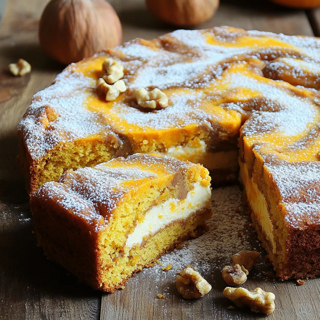 - 1 cup pumpkin puree - 1/2 cup cream cheese, softened - 1/2 cup sugar - 1/2 cup brown sugar - 3/4 cup vegetable oil - 3 large eggs - 1 teaspoon vanilla extract These main ingredients create a soft and moist cake. Pumpkin puree gives it a lovely flavor and color. Cream cheese adds a rich and creamy layer. The sugars balance sweetness, while vegetable oil keeps it moist. Eggs bind everything together, and vanilla extract enhances the taste. - 2 cups all-purpose flour - 1 teaspoon baking powder - 1 teaspoon baking soda - 1 teaspoon ground cinnamon - 1/2 teaspoon ground nutmeg - 1/4 teaspoon ground ginger - 1/4 teaspoon salt The dry ingredients help the cake rise and provide structure. All-purpose flour forms the base. Baking powder and baking soda help it rise. Ground spices add warmth, while salt heightens the flavors. Each spice brings its unique aroma and taste. - 1/2 cup chopped walnuts - Powdered sugar for dusting Walnuts add a nice crunch. They also bring a nutty taste that pairs well with pumpkin. Dusting with powdered sugar gives a sweet finish. These add-ins can make your coffee cake even more special! First, you need to preheat your oven to 350°F (175°C). This step is key for even baking. Next, take a 9x13 inch baking pan and grease it well with butter or oil. Then, sprinkle flour over it and shake off the excess. This helps the cake come out easily after baking. In a mixing bowl, add 1/2 cup of softened cream cheese, 1/2 cup of sugar, and 1/2 cup of brown sugar. Beat these together until the mixture is smooth and creamy. This will add a rich texture to your cake. Now, it’s time to add the wet ingredients. Mix in 3/4 cup of vegetable oil, 1 cup of pumpkin puree, 3 large eggs, and 1 teaspoon of vanilla extract to the cream cheese mixture. Stir until everything is combined well. In a separate bowl, whisk 2 cups of all-purpose flour, 1 teaspoon of baking powder, 1 teaspoon of baking soda, 1 teaspoon of cinnamon, 1/2 teaspoon of nutmeg, 1/4 teaspoon of ginger, and 1/4 teaspoon of salt. Gradually add this dry mix to the wet ingredients. Stir until just combined. If you want to use walnuts, fold in 1/2 cup of chopped walnuts at this point. Pour half of the batter into your prepared baking pan. Spread it evenly across the bottom. Next, drop spoonfuls of the cream cheese mixture over the batter. Then, pour the remaining batter on top. Use a knife to gently swirl the batter for a marbled effect. This adds a nice look to your cake. Place the pan in the preheated oven. Bake for 30 to 35 minutes. To check if it’s done, insert a toothpick in the center. If it comes out clean, your cake is ready. Let the cake cool in the pan for about 15 minutes. After that, carefully transfer it to a wire rack to cool completely. If you like, dust the top with powdered sugar before serving. This adds a sweet touch and makes it look fancy. Enjoy your delicious pumpkin cream cheese coffee cake! To make the best pumpkin cream cheese coffee cake, focus on your mixing. Start by combining the cream cheese, sugar, and brown sugar. Beat them until the mix is smooth. This helps the cream cheese blend well into the cake. Next, when you add the flour mix, do it slowly. Stir gently until you see no dry flour. This keeps the batter light and fluffy. If you see lumps in the cream cheese mix, keep mixing until it is smooth. You want that creamy goodness spread throughout. After baking, let the cake cool. Store any leftovers in an airtight container. This keeps it fresh for up to four days. You can also freeze the cake. Just wrap it tightly in plastic wrap. Then, place it in a freezer bag. It can last for about three months in the freezer. This cake pairs well with coffee or tea. The warm spices in the cake complement both drinks. For a nice touch, serve it with a sprinkle of powdered sugar on top. You can also slice it into squares for easy serving. Placing it on a pretty plate adds to the presentation. {{image_2}} You can easily make this cake gluten-free. Use a gluten-free flour blend instead of all-purpose flour. Look for blends that contain xanthan gum. This helps mimic the texture of regular flour. You can find many gluten-free options in stores. Just measure the same amount as you would with regular flour. If you want a vegan coffee cake, replace the eggs and cream cheese. For eggs, use flax eggs or applesauce. Mix one tablespoon of flaxseed meal with three tablespoons of water. Let it sit for a few minutes to thicken. For cream cheese, use a dairy-free cream cheese alternative. These swaps keep the flavor and texture intact. You can add fun twists to this cake. Try mixing in chocolate chips for a rich taste. Dried fruits like raisins or cranberries also work well. They add a nice chew and sweetness. Just fold them into the batter before baking. This makes each bite even more exciting and tasty. To keep your Pumpkin Cream Cheese Coffee Cake fresh, use airtight containers. They prevent air from drying out the cake. Uncovered cakes can get stale and lose flavor. If you plan to enjoy it soon, a covered dish on the counter works fine. But for longer storage, choose airtight. In the fridge, this cake lasts about 5 days. It stays moist and tasty. If you want to keep it longer, freeze it. In the freezer, it can last up to 3 months. Just make sure to wrap it well. Use plastic wrap, then foil, to avoid freezer burn. To reheat your cake, use the oven for the best texture. Preheat the oven to 350°F (175°C). Place the slice on a baking sheet. Heat for about 10 minutes. This warms it through and keeps it soft. You can also use the microwave, but it may get a bit soggy. If using the microwave, heat in short bursts of 15-20 seconds. Check often to avoid overcooking. Yes, you can use fresh pumpkin. Start by choosing a sugar pumpkin, as it has a sweeter taste. Cut it in half, scoop out the seeds, and roast the halves at 350°F for about 45 minutes. Once soft, scoop out the flesh and mash it until smooth. This fresh puree will add a nice flavor to your cake. Yes, you can freeze this cake. After it cools completely, wrap it well in plastic wrap and then in foil. Store it in the freezer for up to three months. To thaw, place it in the fridge overnight. You can also warm slices in the microwave for a quick treat. If you don't have cream cheese, you can try using Greek yogurt. It gives a creamy texture and adds a bit of tang. You can also use ricotta cheese for a different flavor. Just make sure to blend it well, so it mixes smoothly with the other ingredients. To check if the cake is done, insert a toothpick into the center. If it comes out clean or with a few crumbs, the cake is ready. You can also gently press the top; if it springs back, it’s done. Watch for a golden brown color on top as a good sign of doneness. In this blog post, we explored how to make a delicious Pumpkin Cream Cheese Coffee Cake. We covered all the essential ingredients, step-by-step instructions, and useful tips for perfecting the recipe. Remember, mixing the cream cheese well is key to a smooth batter. You can also adapt the recipe to be gluten-free or vegan. With careful storage, your cake can stay fresh longer. Enjoy this cake with friends over coffee or tea. Experiment with add-ins to make it your own. Happy baking!