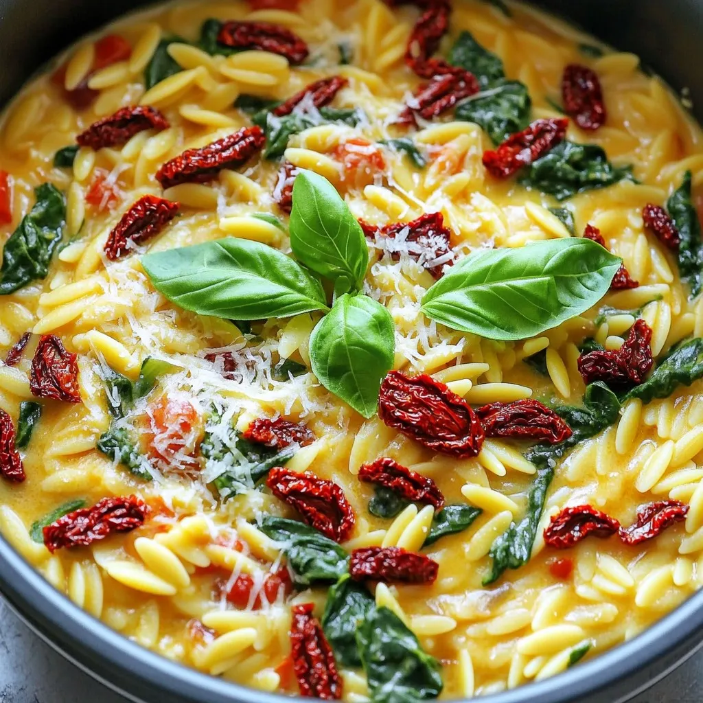 - 1 cup orzo pasta - 1 cup sun-dried tomatoes, chopped (in oil) - 1 cup heavy cream Orzo pasta is a small, rice-shaped pasta. It cooks quickly and absorbs flavors well. Sun-dried tomatoes add a rich, tangy taste. They give the dish a bold flavor. Heavy cream makes the orzo creamy and smooth. It helps bind all the flavors together. - 2 tablespoons olive oil - 3 cloves garlic, minced - 1/2 cup grated Parmesan cheese Olive oil adds richness to the dish. It enhances the flavors of the garlic and tomatoes. Garlic gives a nice aroma and a savory taste. Parmesan cheese adds a salty and nutty flavor. It also helps thicken the sauce. - 1 cup baby spinach, roughly chopped - Fresh basil leaves for garnish - Salt and pepper to taste Baby spinach adds a fresh touch. It wilts nicely into the warm orzo. Fresh basil brings a bright flavor and color. Salt and pepper are essential for balancing the dish. Adjust them to your taste for the best outcome. This combination of ingredients creates a tasty and colorful dish. It’s a perfect one-pot meal for busy days! 1. Start by heating 2 tablespoons of olive oil in a large pot over medium heat. 2. Add 3 cloves of minced garlic and sauté for about 1 minute. You want the garlic fragrant but not browned. 3. Next, stir in 1 cup of chopped sun-dried tomatoes. Cook for 2 more minutes. This step allows the flavors to mix well. 1. Now, add 1 cup of orzo pasta to the pot. Stir it to coat with the oil and garlic mix. 2. Pour in 2 cups of vegetable broth. Bring this mixture to a boil. 3. Once boiling, reduce the heat to low. Cover the pot and let it simmer for about 10-12 minutes. Stir occasionally. The orzo should be tender when done. 1. After the orzo is cooked, remove the pot from heat. Stir in 1 cup of heavy cream and 1/2 cup of grated Parmesan cheese. Mix until creamy and smooth. 2. Add 1 cup of roughly chopped baby spinach, along with salt and pepper to taste. Stir well until the spinach wilts and everything blends together. 3. Taste your dish and adjust the seasoning if needed. Enjoy your creamy one-pot sun-dried tomato orzo! To make your orzo truly creamy, heavy cream is key. It gives that rich texture we all love. Add it in after cooking the orzo. This way, it blends well and coats every bite. Parmesan cheese plays a big role too. It adds depth and flavor. Stir in the cheese after the cream to ensure it melts nicely. This makes your dish even more luxurious. Adjusting seasonings can make a big difference. Try adding a pinch of red pepper flakes for heat. Fresh herbs, like basil, boost flavor too. Using fresh ingredients always improves the taste. Fresh spinach wilts perfectly into the warm orzo. One-pot cooking is great for easy cleanup. Start by sautéing garlic and tomatoes in olive oil. Then, add your orzo and broth. Keep stirring occasionally to prevent sticking. For perfect orzo texture, cook until tender but not mushy. Taste it around the 10-minute mark. This way, you can catch it at the right point. Enjoy your creamy sun-dried tomato orzo! {{image_2}} You can switch up the orzo pasta if you want. Try using small shells or ditalini. These pasta shapes work well and soak up the sauce. You can also add different vegetables. Bell peppers, zucchini, or mushrooms can bring new flavors. Just chop them up and add them when you sauté the garlic. Want more flavor? Add protein like chicken or shrimp. Cook the protein first, then set it aside. Add it back when you mix in the cream. You can also spice it up! A pinch of red pepper flakes or Italian herbs can give your dish a nice kick. If you want a vegan dish, swap heavy cream for coconut cream or cashew cream. This keeps it creamy without dairy. For gluten-free options, use gluten-free pasta. Just check the cooking time, as it can vary. This way, everyone can enjoy this creamy delight! To store leftovers, let the orzo cool completely. Place it in an airtight container. It will stay fresh in the fridge for up to three days. When you want to reheat, add a splash of broth or cream. This helps keep it creamy. Heat it slowly on the stove or in the microwave. Stir often to avoid sticking. To freeze the dish, let it cool first. Transfer your orzo to freezer-safe bags or containers. Remove as much air as possible. This helps prevent freezer burn. The dish can last up to three months in the freezer. When you’re ready to eat, thaw it overnight in the fridge. You can also use the microwave for quick thawing. Reheat on low heat. Add a little cream or broth to restore the creaminess. Stir well until heated through. Enjoy your meal! Can I make this dish ahead of time? Yes, you can make this dish ahead. Cook the orzo and let it cool. Store it in an airtight container in the fridge. Reheat it on the stove with a splash of broth or cream. How do I fix a runny orzo? If your orzo is too runny, add a bit more orzo. Cook it for an extra few minutes. Stir gently to help it absorb the liquid. If needed, add more cheese to thicken it. Can I use fresh tomatoes instead of sun-dried? You can use fresh tomatoes, but they will change the dish's texture. Sun-dried tomatoes add a sweet, intense flavor. If using fresh, chop them small and cook them longer. What can I substitute for heavy cream? For a lighter option, use half-and-half or whole milk. You can also try coconut cream for a dairy-free choice. Just keep in mind it may alter the flavor. How long does the orzo need to cook? The orzo should cook for about 10 to 12 minutes. Stir occasionally to avoid sticking. It should be tender but still firm to the bite. Can I use a different broth? Yes! You can use chicken broth or any homemade broth. Just be aware that it may change the flavor slightly. Choose a broth that matches your taste. This article covered a creamy orzo dish, perfect for any meal. You learned about key ingredients, like orzo, sun-dried tomatoes, and heavy cream. We explored flavor enhancers like garlic and Parmesan, plus fresh ingredients that brighten up the dish. Cooking this orzo is simple and rewarding. Use my tips to perfect the creaminess and texture. With variations, you can customize it to fit your taste. Store leftovers properly to enjoy this meal later. Cook with confidence, and share your delicious results!