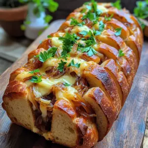 - 1 loaf of crusty bread (like French or Italian) - 2 large yellow onions, thinly sliced - 3 tablespoons unsalted butter - 2 tablespoons olive oil - 1 teaspoon sugar - 1 teaspoon thyme leaves (fresh or dried) - Salt and pepper to taste - 1 cup Gruyère cheese, shredded - ½ cup fresh parsley, chopped (for garnish) - ½ teaspoon garlic powder - Optional: ¼ teaspoon crushed red pepper flakes (for a spicy kick) You can enhance the taste with: - A splash of balsamic vinegar for a tangy note - Fresh rosemary for a fragrant twist - Chopped sun-dried tomatoes for a burst of color If you need alternatives, try these: - Use cheddar cheese instead of Gruyère for a sharper flavor. - Replace yellow onions with sweet onions for a milder taste. - Swap olive oil with avocado oil for a different richness. - For a gluten-free option, use gluten-free bread. These ingredients set the stage for a rich, savory flavor. The caramelized onions bring sweetness, while Gruyère adds creaminess. Always be ready to adapt based on what you have at home. Start by preheating your oven to 375°F (190°C). This step is key for a perfect bake. While the oven heats, grab a baking sheet. You will need it later to hold the bread. In a large skillet, melt 3 tablespoons of unsalted butter with 2 tablespoons of olive oil over medium heat. Once melted, add 2 large, thinly sliced yellow onions. Sprinkle in 1 teaspoon of sugar, along with salt and pepper to taste. Cook the onions for about 15-20 minutes, stirring occasionally. You want them golden brown and sweet. Near the end, mix in 1 teaspoon of thyme leaves and ½ teaspoon of garlic powder. If you like heat, add ¼ teaspoon of crushed red pepper flakes. Let it cook for another 2 minutes. While your onions caramelize, take your loaf of crusty bread. Make deep cuts in a crisscross pattern. Be careful not to cut all the way through. You want to create sections that can easily pull apart. Once the onions are done, take them off the heat. Gently pry apart the bread sections and stuff them with the caramelized onions and 1 cup of shredded Gruyère cheese. Make sure to distribute everything evenly. Wrap the stuffed loaf in aluminum foil. Place it on the baking sheet and bake for about 15-20 minutes. The cheese should melt, and the bread should warm throughout. For a crispy top, remove the foil for the last 5 minutes of baking. Once done, let it cool for a few minutes before serving. To make the best caramelized onions, you need patience. Start with medium heat. Add butter and olive oil to your skillet. This mix helps the onions cook evenly. Stir the onions often. They should cook for about 15-20 minutes. You want them golden brown and sweet. Adding sugar helps with this. A hint of thyme and garlic powder adds depth. If you like spice, add crushed red pepper flakes. This gives a nice kick. For this recipe, use a crusty loaf. French or Italian bread works great. Choose a loaf that has a firm crust. This allows you to cut into it without it falling apart. The inside should be soft and airy, perfect for soaking up flavors. The bread should also be large enough to hold all the tasty filling. Serve your pull-apart bread warm. A wooden board makes a nice presentation. Guests will love tearing off pieces. You can add small bowls of extra caramelized onions on the side. A simple garlic dip also pairs well. Fresh herbs like parsley add color and freshness. This dish is great for parties or family gatherings. It’s a fun finger food that everyone will enjoy! {{image_2}} While Gruyère cheese shines in this recipe, you can try other cheeses too. Mozzarella gives a nice stretch. Cheddar adds sharpness. Fontina melts beautifully and brings depth. Each cheese brings its own flavor. Mix and match to find your favorite blend. You can boost your pull-apart bread with veggies or proteins. Spinach or mushrooms add earthiness. Roasted red peppers bring sweetness. If you want protein, add cooked bacon or ham. These ingredients enhance flavor and nutrition. Feel free to be creative with your additions. For a spicy kick, use crushed red pepper flakes. Add fresh herbs like basil or rosemary for extra aroma. You can also mix in a dash of smoked paprika for warmth. These small changes can transform your bread into a unique dish. Explore different spices to find your perfect blend. To keep your leftover pull-apart bread fresh, wrap it tightly in plastic wrap. You can also use aluminum foil for added protection. Place it in an airtight container to keep moisture in and air out. This helps the bread stay soft. Store it at room temperature for up to two days. If you want to keep it longer, the fridge is not the best choice, as it can dry out the bread. When you are ready to enjoy the bread again, preheat your oven to 350°F (175°C). Unwrap the bread from its covering. Place it on a baking sheet. Heat for about 10 to 15 minutes. This will warm the bread and melt the cheese. If you want a crispy top, you can unwrap it for the last 5 minutes. You can also use a microwave, but this may make the bread soggy. If you want to save the bread for later, freezing works well. Wrap the entire loaf tightly in plastic wrap. Then, place it in a freezer bag or airtight container. This helps prevent freezer burn. You can freeze the bread for up to three months. When you are ready to eat it, let it thaw in the fridge overnight. Then, reheat it in the oven as mentioned before. This way, you can enjoy your caramelized onion and Gruyère pull-apart bread anytime! The best bread for pull-apart bread is a crusty loaf. I recommend using French or Italian bread. These types have a firm crust that holds up well. Their soft inside makes it easy to pull apart. Yes, you can make this recipe ahead. Prepare the caramelized onions and stuff the bread. Wrap it tightly in foil and store it in the fridge. When ready, bake it straight from the fridge. Just add a few extra minutes to the bake time. To prevent soggy bread, ensure your onions are well caramelized. Avoid excess moisture from the onions. Bake the bread wrapped in foil first, then remove it for a crispy top. This keeps the bread dry and delicious. You can serve this bread with many options. Try a fresh salad for a light meal. A simple garlic dip adds a great flavor. You can also pair it with soup for a hearty dish. Enjoy it with a glass of wine for a special touch. In this blog post, I covered how to make delicious pull-apart bread with caramelized onions. You learned about the key ingredients, prep steps, and baking tips. I also shared variations and storage methods to keep your bread fresh. Remember, caramelized onions add great flavor, and you can switch up the cheese or add veggies. Whether for a snack or a meal, enjoy every bite!