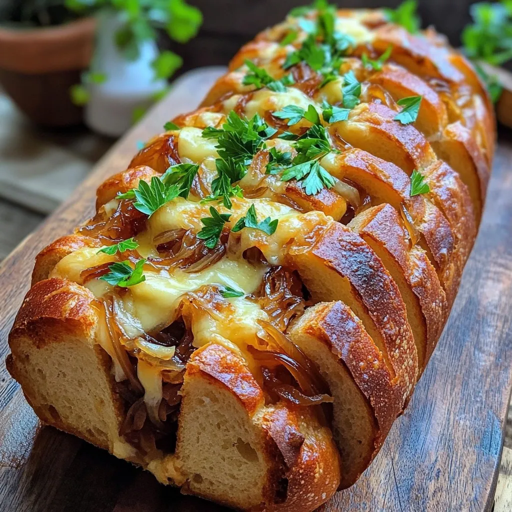 - 1 loaf of crusty bread (like French or Italian) - 2 large yellow onions, thinly sliced - 3 tablespoons unsalted butter - 2 tablespoons olive oil - 1 teaspoon sugar - 1 teaspoon thyme leaves (fresh or dried) - Salt and pepper to taste - 1 cup Gruyère cheese, shredded - ½ cup fresh parsley, chopped (for garnish) - ½ teaspoon garlic powder - Optional: ¼ teaspoon crushed red pepper flakes (for a spicy kick) You can enhance the taste with: - A splash of balsamic vinegar for a tangy note - Fresh rosemary for a fragrant twist - Chopped sun-dried tomatoes for a burst of color If you need alternatives, try these: - Use cheddar cheese instead of Gruyère for a sharper flavor. - Replace yellow onions with sweet onions for a milder taste. - Swap olive oil with avocado oil for a different richness. - For a gluten-free option, use gluten-free bread. These ingredients set the stage for a rich, savory flavor. The caramelized onions bring sweetness, while Gruyère adds creaminess. Always be ready to adapt based on what you have at home. Start by preheating your oven to 375°F (190°C). This step is key for a perfect bake. While the oven heats, grab a baking sheet. You will need it later to hold the bread. In a large skillet, melt 3 tablespoons of unsalted butter with 2 tablespoons of olive oil over medium heat. Once melted, add 2 large, thinly sliced yellow onions. Sprinkle in 1 teaspoon of sugar, along with salt and pepper to taste. Cook the onions for about 15-20 minutes, stirring occasionally. You want them golden brown and sweet. Near the end, mix in 1 teaspoon of thyme leaves and ½ teaspoon of garlic powder. If you like heat, add ¼ teaspoon of crushed red pepper flakes. Let it cook for another 2 minutes. While your onions caramelize, take your loaf of crusty bread. Make deep cuts in a crisscross pattern. Be careful not to cut all the way through. You want to create sections that can easily pull apart. Once the onions are done, take them off the heat. Gently pry apart the bread sections and stuff them with the caramelized onions and 1 cup of shredded Gruyère cheese. Make sure to distribute everything evenly. Wrap the stuffed loaf in aluminum foil. Place it on the baking sheet and bake for about 15-20 minutes. The cheese should melt, and the bread should warm throughout. For a crispy top, remove the foil for the last 5 minutes of baking. Once done, let it cool for a few minutes before serving. To make the best caramelized onions, you need patience. Start with medium heat. Add butter and olive oil to your skillet. This mix helps the onions cook evenly. Stir the onions often. They should cook for about 15-20 minutes. You want them golden brown and sweet. Adding sugar helps with this. A hint of thyme and garlic powder adds depth. If you like spice, add crushed red pepper flakes. This gives a nice kick. For this recipe, use a crusty loaf. French or Italian bread works great. Choose a loaf that has a firm crust. This allows you to cut into it without it falling apart. The inside should be soft and airy, perfect for soaking up flavors. The bread should also be large enough to hold all the tasty filling. Serve your pull-apart bread warm. A wooden board makes a nice presentation. Guests will love tearing off pieces. You can add small bowls of extra caramelized onions on the side. A simple garlic dip also pairs well. Fresh herbs like parsley add color and freshness. This dish is great for parties or family gatherings. It’s a fun finger food that everyone will enjoy! {{image_2}} While Gruyère cheese shines in this recipe, you can try other cheeses too. Mozzarella gives a nice stretch. Cheddar adds sharpness. Fontina melts beautifully and brings depth. Each cheese brings its own flavor. Mix and match to find your favorite blend. You can boost your pull-apart bread with veggies or proteins. Spinach or mushrooms add earthiness. Roasted red peppers bring sweetness. If you want protein, add cooked bacon or ham. These ingredients enhance flavor and nutrition. Feel free to be creative with your additions. For a spicy kick, use crushed red pepper flakes. Add fresh herbs like basil or rosemary for extra aroma. You can also mix in a dash of smoked paprika for warmth. These small changes can transform your bread into a unique dish. Explore different spices to find your perfect blend. To keep your leftover pull-apart bread fresh, wrap it tightly in plastic wrap. You can also use aluminum foil for added protection. Place it in an airtight container to keep moisture in and air out. This helps the bread stay soft. Store it at room temperature for up to two days. If you want to keep it longer, the fridge is not the best choice, as it can dry out the bread. When you are ready to enjoy the bread again, preheat your oven to 350°F (175°C). Unwrap the bread from its covering. Place it on a baking sheet. Heat for about 10 to 15 minutes. This will warm the bread and melt the cheese. If you want a crispy top, you can unwrap it for the last 5 minutes. You can also use a microwave, but this may make the bread soggy. If you want to save the bread for later, freezing works well. Wrap the entire loaf tightly in plastic wrap. Then, place it in a freezer bag or airtight container. This helps prevent freezer burn. You can freeze the bread for up to three months. When you are ready to eat it, let it thaw in the fridge overnight. Then, reheat it in the oven as mentioned before. This way, you can enjoy your caramelized onion and Gruyère pull-apart bread anytime! The best bread for pull-apart bread is a crusty loaf. I recommend using French or Italian bread. These types have a firm crust that holds up well. Their soft inside makes it easy to pull apart. Yes, you can make this recipe ahead. Prepare the caramelized onions and stuff the bread. Wrap it tightly in foil and store it in the fridge. When ready, bake it straight from the fridge. Just add a few extra minutes to the bake time. To prevent soggy bread, ensure your onions are well caramelized. Avoid excess moisture from the onions. Bake the bread wrapped in foil first, then remove it for a crispy top. This keeps the bread dry and delicious. You can serve this bread with many options. Try a fresh salad for a light meal. A simple garlic dip adds a great flavor. You can also pair it with soup for a hearty dish. Enjoy it with a glass of wine for a special touch. In this blog post, I covered how to make delicious pull-apart bread with caramelized onions. You learned about the key ingredients, prep steps, and baking tips. I also shared variations and storage methods to keep your bread fresh. Remember, caramelized onions add great flavor, and you can switch up the cheese or add veggies. Whether for a snack or a meal, enjoy every bite!