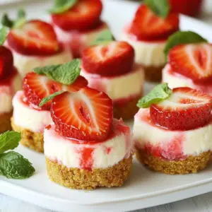 You need 1 cup of fresh strawberries for this recipe. Start by washing them well. Remove the green tops and slice them. Make sure to use ripe strawberries. They add natural sweetness and bright flavor to the bites. For the creamy base, use 1 cup of softened cream cheese. Let it sit at room temperature for a bit. This makes it easier to blend. In a bowl, beat the cream cheese until smooth. You want it creamy and free of lumps. This step is key for the best texture in your bites. Next, gather a few more simple ingredients: - 1/4 cup powdered sugar - 1 teaspoon vanilla extract - 1/2 cup graham cracker crumbs - 1/4 cup melted coconut oil - A pinch of salt Add the powdered sugar and vanilla to the cream cheese. Mix until combined. The sugar adds sweetness, while the vanilla gives depth. For the crust, combine graham cracker crumbs, melted coconut oil, and salt in a separate bowl. This mixture forms a tasty base for the cheesecake. First, take your softened cream cheese and put it in a mixing bowl. Use a hand mixer to beat it until it is smooth and creamy. This step is important. A smooth base helps the bites taste great. Next, add 1/4 cup of powdered sugar and 1 teaspoon of vanilla extract. Mix everything together until it is well combined. Now, gently fold in 1 cup of fresh strawberries that you have hulled and sliced. Be careful not to mash the strawberries. We want those lovely bits in every bite! In a separate bowl, combine 1/2 cup of graham cracker crumbs, 1/4 cup of melted coconut oil, and a pinch of salt. Stir it all together until the crumbs are coated. This mixture forms the base of our bites. Next, grab a mini muffin tin. You can use paper liners or silicone molds for easy removal. Spoon about a teaspoon of the graham cracker mix into each muffin cup. Press down firmly to form a solid base. Now, it's time to fill the cups! Take the cream cheese and strawberry mixture you made earlier and fill each muffin cup to the top. Use a spatula to smooth the tops. This will help them look nice when you serve them. Once filled, place the muffin tin in the freezer. Let the bites freeze for at least 4 hours or until they are solid. When you're ready to serve, pop the frozen bites out of the muffin tin. Enjoy your cool and tasty treat! To get the best texture, use softened cream cheese. Beat it well until smooth. This keeps your bites creamy. When you add strawberries, fold gently. Avoid mashing them. You want some strawberry pieces in each bite. This gives a nice bite and fresh flavor. When serving, place the cheesecake bites on a nice platter. Add fresh strawberry slices or mint leaves to make it pretty. The green and red colors pop and look fun. You can also drizzle some melted chocolate on top for extra flair. This adds a sweet touch and makes them even more tempting. One mistake is over-mixing the strawberries. This can make the mix too runny. Another mistake is not pressing the graham cracker base firmly. If it's loose, the bites might fall apart. Lastly, don’t skip the freezing time. They need at least four hours to set. If you rush this step, you won't enjoy the creamy texture. {{image_2}} You can easily adjust the ingredients to fit your needs. For a dairy-free option, use a plant-based cream cheese. It still gives a creamy taste. If you want to cut sugar, try using a sugar substitute like stevia. This keeps the bites sweet without extra sugar. For gluten-free bites, use gluten-free graham crackers. These simple swaps help everyone enjoy the treat. You can mix up the flavors to keep it fun. Instead of just strawberries, try using mixed berries. Blueberries, raspberries, and blackberries all work great. They add new tastes and colors to the bites. If you love chocolate, drizzle melted dark chocolate on top before freezing. This adds a rich touch and makes them extra special. Using seasonal fruits can make these bites even better. In summer, add peaches or cherries for a juicy twist. In fall, consider using apples or pears, paired with a dash of cinnamon. For winter, try pomegranate seeds for a burst of color and flavor. Adapting to what's in season keeps the recipe fresh and exciting. To keep your frozen strawberry cheesecake bites fresh, follow these steps: - Use airtight containers: Choose a container that seals tightly. This keeps out air and moisture. - Layer wisely: Place parchment paper between layers if you stack the bites. This prevents them from sticking together. - Label and date: Write the date on the container. This helps you track how long they have been frozen. Thawing your cheesecake bites is simple. Here’s how: 1. Refrigerator thawing: Place the bites in the fridge for about 30 minutes. This method keeps them cold and tasty. 2. Room temperature thawing: If you’re short on time, leave them out for 10-15 minutes. They will soften quickly but still taste great. 3. Serve chilled: These bites taste best cold. Enjoy them straight from the fridge after thawing. Your frozen strawberry cheesecake bites can last up to three months in the freezer. Here are some tips: - Quality matters: After three months, they may lose flavor or texture. - Check often: Regularly check for freezer burn, which affects taste. - Use within a month: For the best taste and texture, eat them within one month if possible. Yes, you can use frozen strawberries. Just thaw them first. Drain any extra water before mixing. Frozen berries can change the texture a bit. They may be softer than fresh strawberries. These cheesecake bites last up to one month in the freezer. Store them in an airtight container. They stay fresh and tasty if kept frozen. Just remember to label the container with the date. Yes, you can use Greek yogurt or mascarpone cheese. Both work well in this recipe. Greek yogurt gives a tangy flavor. Mascarpone is rich and creamy. You can also use vegan cream cheese for a dairy-free option. This blog showed you how to make delightful cheesecake bites. We broke down each step, from choosing fresh strawberries to preparing the cream cheese. You learned tips to get the right texture and avoid common mistakes. We also explored fun variations and storage tips. Now you can make these treats easily for any occasion. Enjoy these bites with family and friends, and let your creativity shine in the kitchen!